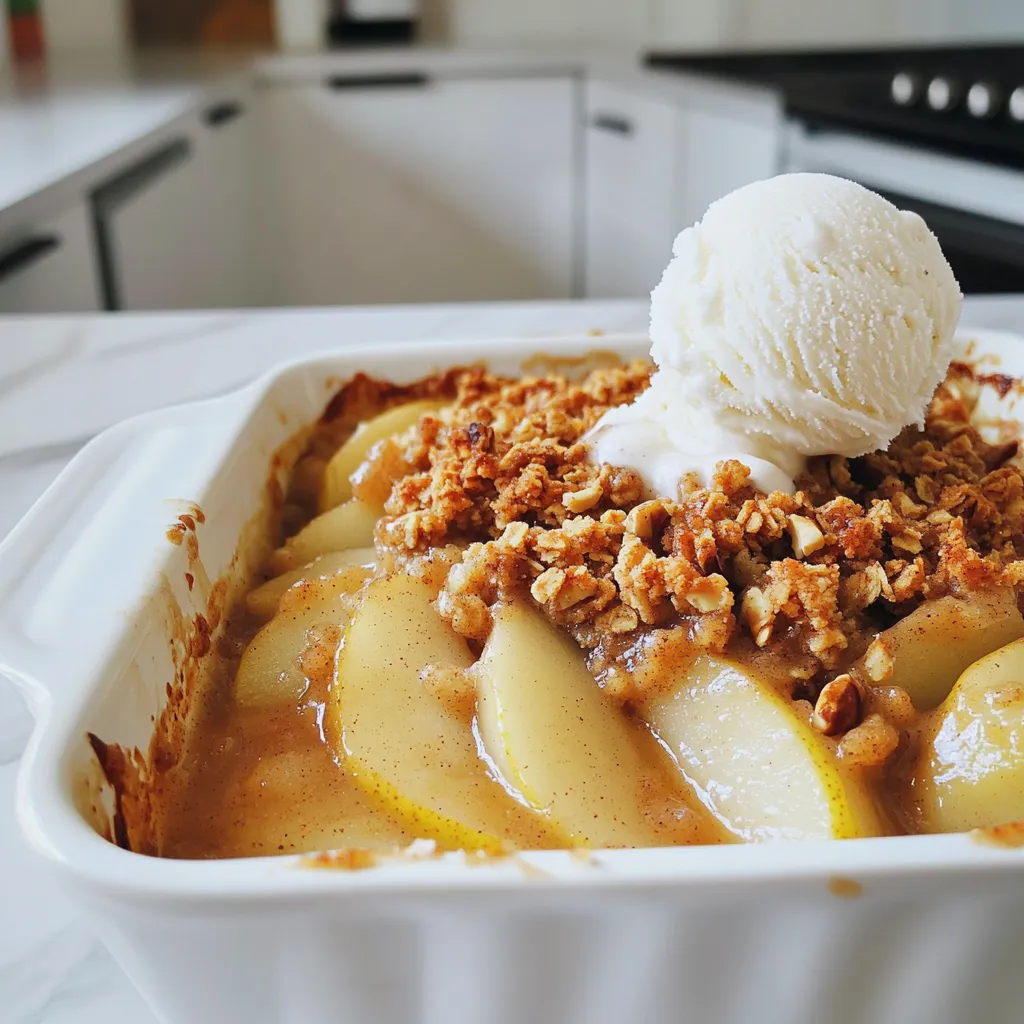 - 4 ripe pears, peeled and diced - 1 teaspoon cinnamon - 1/2 teaspoon nutmeg - 1 tablespoon lemon juice - 1/4 cup brown sugar - 1 tablespoon cornstarch - 1 cup rolled oats - 1/2 cup all-purpose flour - 1/4 cup chopped walnuts (optional) - 1/4 cup unsalted butter, melted - Pinch of salt Pears are the star here. They add sweetness and warmth. I love using ripe pears because they become soft and juicy when baked. Cinnamon and nutmeg bring a cozy spice to the dish. They make the kitchen smell amazing while baking. Lemon juice brightens the flavor. It balances the sweetness of the pears. Brown sugar adds a rich taste and helps caramelize the fruit. Cornstarch thickens the filling. It keeps the juices from making the crumble soggy. Rolled oats give a hearty texture to the topping. They blend well with flour for a nice crunch. Walnuts add a delightful crunch, but they are optional. If you prefer, you can skip them. Butter brings everything together and makes the topping golden and crisp. A pinch of salt enhances all the flavors. You can use other fruits too. Try apples or berries for a twist. If you need gluten-free options, use almond or coconut flour. They work well in place of all-purpose flour. For a nut-free option, skip the walnuts. You can add sunflower seeds instead for some crunch. 1. Preheat the oven and prepare your baking dish Start by preheating your oven to 350°F (175°C). This step ensures even baking. Next, grease a 9-inch baking dish. I use butter or cooking spray for easy serving later. 2. How to prepare the pears and mix the filling Peel and dice 4 ripe pears. Place them in a large bowl. Add 1 teaspoon of cinnamon, 1/2 teaspoon of nutmeg, and 1 tablespoon of lemon juice. Sprinkle in 1/4 cup of brown sugar and 1 tablespoon of cornstarch. Toss everything until the pears are well coated. This mix gives the pears a warm, spiced flavor that makes your crumble shine. 1. Combining oats, flour, and butter In another bowl, mix 1 cup of rolled oats and 1/2 cup of all-purpose flour. If you like, add 1/4 cup of chopped walnuts for crunch. Pour in 1/4 cup of melted unsalted butter and add a pinch of salt. Mix until the mixture looks like coarse crumbs. This texture helps create a crunchy topping. 2. Tips for achieving the perfect crumble texture To get the best crunch, do not overmix your crumble. Each piece should still feel a bit chunky. This variety in texture makes each bite delightful. 1. Baking time and temperature details Once your pear filling is in the baking dish, spread the crumble topping evenly over it. Place the dish in your preheated oven. Bake for 30-35 minutes. This time allows the pears to bubble and the topping to turn golden brown. 2. Signs that the crumble is done The crumble is ready when the top is golden and the pears are bubbling around the edges. You can also poke a fork into the topping. If it feels crisp, it's perfect! Let it cool for 5-10 minutes before serving. To ensure even cooking of the pears, cut them into similar sizes. This way, they will cook at the same rate. I like to use ripe pears. They are sweet and soft, perfect for this dish. Toss the pears with lemon juice. This keeps them fresh and bright. To keep the crumble topping crunchy, use cold butter. Mix it into the oats and flour. This helps form small clumps. Bake the crumble until it's golden brown. This step adds texture and flavor to the dish. Warm spiced pear crumble pairs wonderfully with vanilla ice cream. The cold ice cream melts into the warm crumble, creating a yummy mix. You can also serve it with whipped cream. A dollop on top makes the dessert feel extra special. For presentation, use a nice dish. A deep dish shows off the layers of pears and crumble. You can sprinkle a little cinnamon on top. This adds a lovely touch. Enjoy your dessert warm for the best experience! {{image_2}} You can bring new life to your warm spiced pear crumble with a few simple tweaks. Adding spices like ginger or cloves gives a warm depth to the dish. Ginger adds a nice zing, while cloves bring a rich, earthy taste. Both can elevate your crumble. Start with a pinch and adjust to your taste. You can also mix in other fruits, like apples or berries. Apples add crunch and sweetness. Berries, such as blueberries or raspberries, provide a tangy contrast. Use equal parts of these fruits with your pears for balance. This way, you create a unique twist that keeps your dessert exciting. If you're looking to make this dessert a bit healthier, consider lowering the sugar. You can use natural sweeteners like honey or maple syrup. These alternatives add sweetness without the extra refined sugar. Start with less, then taste and adjust as needed. For those who prefer a vegan version, you can swap out the butter for coconut oil or a plant-based butter. The crumble will still be rich and tasty. Also, ensure that you use a plant-based sweetener. These small changes make the dish friendlier for different diets while still being delicious. To keep your warm spiced pear crumble fresh, follow these tips: - Refrigeration: Allow the crumble to cool first. Cover it with plastic wrap or place it in an airtight container. Store it in the fridge for up to three days. This keeps the flavors intact and helps maintain texture. - Freezing: For longer storage, freeze your crumble. First, cool it completely. Then, wrap it tightly in plastic wrap and place it in a freezer-safe bag. It can last up to three months in the freezer. When you're ready to eat, thaw it in the fridge overnight before reheating. To enjoy your leftover crumble without losing its yummy texture, here are some methods: - Oven Method: Preheat your oven to 350°F (175°C). Place the crumble in an oven-safe dish and cover it with foil. Heat for about 15-20 minutes. This warms it through while keeping the topping crisp. - Microwave Method: If you're short on time, use the microwave. Heat in short bursts, about 30 seconds at a time. Check to ensure it doesn't become too hot, as this can make the topping soggy. To maintain the flavor, consider adding a touch of cinnamon or a scoop of ice cream on top before reheating. This helps revive the delicious taste and aroma of your warm spiced pear crumble. Yes, you can use canned pears. Rinse and drain them well before using. They may be softer than fresh pears. Adjust the baking time to ensure the topping doesn't burn. You can prepare the filling and topping separately. Store them in the fridge. When ready, combine them in a baking dish and bake. This saves time and keeps it fresh. If your topping is soggy, add more oats or flour to absorb moisture. Bake it a bit longer to help it crisp up. A crunchy topping makes the dish more enjoyable. Yes, you can make this without nuts. Simply omit them from the topping. The crumble will still taste great and have a nice texture without nuts. Enjoy it without worry! This blog post covers a tasty pear crumble recipe. We discussed the ingredients, how to prepare them, and important baking tips. You learned about ingredient substitutions and variations to fit your needs. Plus, we shared ideas for serving and storing. In closing, this recipe is flexible and fun to make. You can add your twist to it. Enjoy baking, sharing, and savoring every bite!