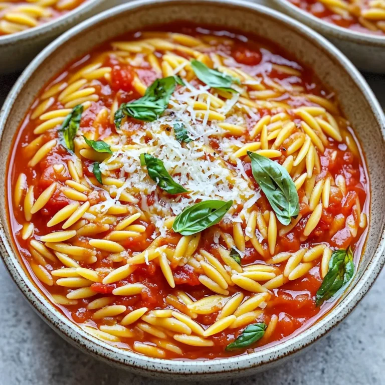 - 1 cup orzo pasta - 2 cups vegetable broth - 1 can (14 oz) diced tomatoes, with juice - 1 tablespoon olive oil - 3 cloves garlic, minced - 1 small onion, finely chopped - 1 teaspoon Italian seasoning - Salt and pepper to taste - 1 cup fresh basil leaves, chopped - ½ cup grated Parmesan cheese (optional) - 1 teaspoon red pepper flakes (optional, for heat) Gather these ingredients before starting. The orzo pasta is the star here. It cooks quickly and absorbs all the rich flavors. The diced tomatoes bring in a sweet, tangy taste. Vegetable broth adds depth and warmth. Olive oil is vital for sautéing the onion and garlic. These aromatics build a strong base. Fresh garlic offers a bright flavor, while the onion adds sweetness. Italian seasoning ties everything together. Adjust salt and pepper to your liking. Fresh basil adds a burst of flavor at the end. If you love cheese, sprinkle in some Parmesan. For a little heat, add red pepper flakes. This simple list makes a tasty meal come together quickly. 1. Start by heating olive oil in a large pot over medium heat. 2. Add the finely chopped onion. Sauté it until it turns translucent, about 5 minutes. 3. Next, stir in the minced garlic. Cook for 1-2 minutes until it smells great. 4. Now, add the orzo pasta. Toast it in the pot for about 2 minutes, stirring often. 1. Pour in the diced tomatoes along with their juice. 2. Add the vegetable broth and stir well to mix everything together. 3. Sprinkle in the Italian seasoning, salt, and pepper. If you like heat, add red pepper flakes too. 1. Bring the mixture to a boil. Then, reduce the heat to medium-low. 2. Let it simmer uncovered for 10-12 minutes. Cook until the orzo is al dente and absorbs most of the liquid. 3. Remove the pot from the heat. Gently stir in the chopped basil and grated Parmesan cheese until melted. 4. Taste the dish and adjust the seasoning if needed. Enjoy your simple, tasty meal! To make your One Pot Tomato Basil Orzo even better, try these tips: - Ingredient Substitutions: You can swap orzo for other small pasta like ditalini or acini di pepe. If you want more veggies, add diced zucchini or bell peppers. You can also use chicken broth instead of vegetable broth for a deeper flavor. - Adjusting Seasoning Levels: Start with a small amount of salt and pepper. After cooking, taste and add more if needed. If you like it spicy, mix in red pepper flakes or a dash of hot sauce. - Best Practices for Sautéing: When you sauté onions and garlic, keep the heat on medium. This helps them cook evenly without burning. Stir often to release all those tasty flavors. - Ensuring Orzo is Cooked Perfectly: Stir the orzo while it cooks. This keeps it from sticking to the pot. It should be al dente, which means it’s firm but not hard. If you overcook it, it can become mushy. - Serving Suggestions: Serve your orzo in shallow bowls for a nice touch. This way, you can see all the bright colors of the dish. - Garnishing Tips: Add extra basil leaves on top for color. A sprinkle of Parmesan cheese adds a nice finish too. Drizzling a bit of olive oil makes it look and taste gourmet. {{image_2}} You can boost your One Pot Tomato Basil Orzo by adding protein. Cooked chicken works great here. Just dice it up and stir it in at the end. If you like seafood, shrimp is a perfect choice. Add it in during the last few minutes of cooking. For a plant-based option, try beans. Chickpeas or black beans add texture and protein. Mix them in when you add the tomatoes and broth. You can change up the vegetables in this dish to keep it fresh. Carrots, spinach, or bell peppers all work well. Just chop them small and sauté them with the onion. For seasonal flair, use zucchini in the summer or butternut squash in the fall. This keeps the dish colorful and nutritious. If you want to skip dairy, there are many cheese options. Vegan cheese is an easy swap. Look for brands that melt well. Nutritional yeast is another choice. It adds a cheesy flavor without dairy. If you want a creamier texture, try cashew cream. Blend soaked cashews with water until smooth. Mix it in at the end for richness. To store leftovers, let the orzo cool first. Then, place it in an airtight container. This helps keep it fresh and tasty. The dish lasts about 3 to 5 days in the fridge. Always check for any signs of spoilage before eating. You can freeze the orzo for up to two months. To do this, let it cool completely. Then, use freezer-safe bags or containers. Remove as much air as possible to prevent freezer burn. When you're ready to eat, thaw it overnight in the fridge. Reheat it on the stove or in the microwave. Add a splash of broth or water to keep it moist. For easy meal prep, chop your onions and garlic in advance. You can also measure out the orzo and spices. Store them in separate containers. This way, when you are ready to cook, the assembly is quick. Another idea is to make a larger batch. You can eat it fresh and freeze the rest for later. This saves time and lets you enjoy the dish again! It takes about 25 minutes to make this dish. You will spend 10 minutes on prep. The cooking time is around 15 minutes. This quick meal is perfect for busy nights. Yes, you can use different pasta types. If you want a change, try small shapes like ditalini or even fusilli. Just adjust the cooking time as needed. Remember, cooking time can vary based on the pasta you choose. Yes, this recipe can be made vegan. Just skip the Parmesan cheese or use a vegan cheese. Also, check your vegetable broth to ensure it is vegan-friendly. This way, everyone can enjoy the meal! This blog post covered how to make a tasty One Pot Tomato Basil Orzo. We explored key ingredients like orzo, tomatoes, and fresh basil. I also shared tips for flavor, cooking techniques, and variations you can try. Remember, you can customize with proteins and vegetables to fit your taste. Whether storing leftovers or prepping meals ahead, the guidelines ensure success. Enjoy experimenting with this dish, and make it your own!
