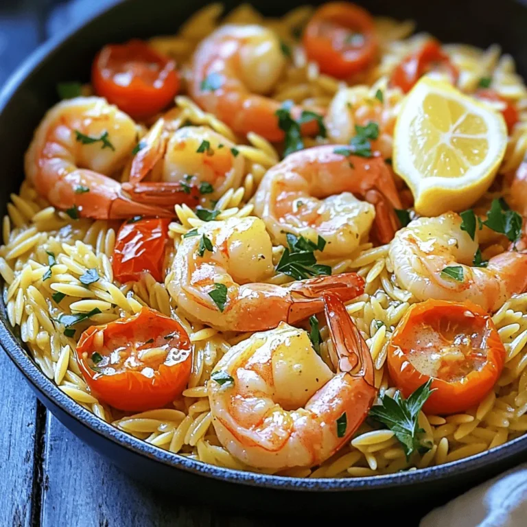 To make Garlic Butter Shrimp Orzo Skillet, you will need: - 1 lb large shrimp, peeled and deveined - 1 cup orzo pasta - 4 tablespoons unsalted butter - 4 cloves garlic, minced - 1 cup cherry tomatoes, halved - 2 cups vegetable broth - 1 teaspoon Italian seasoning - Salt and pepper to taste - 1 tablespoon fresh lemon juice - 2 tablespoons fresh parsley, chopped for garnish You can swap some ingredients if needed. Here are a few ideas: - Shrimp: Use chicken or scallops instead. - Orzo: Try quinoa or rice for a gluten-free option. - Butter: Olive oil works well for a lighter taste. - Vegetable broth: Chicken broth can add more flavor. - Fresh parsley: Basil or chives can give a fresh twist. You don’t need many tools for this recipe. Just gather these items: - A large skillet for cooking - A wooden spoon for stirring - A measuring cup for the orzo - A cutting board and knife for chopping - A zester for lemon juice (optional) - A serving spoon for plating By using these ingredients and tools, you’ll create a dish that’s both easy and tasty. Enjoy the cooking process! To make this dish, start with a large skillet. Melt 2 tablespoons of butter over medium heat. Then, add 4 minced garlic cloves. Sauté the garlic for about 1-2 minutes. You want it fragrant but not browned. Next, toss in 1 pound of large shrimp. Season them with salt, pepper, and 1 teaspoon of Italian seasoning. Cook the shrimp until they turn pink, which takes about 3-4 minutes. Once done, remove the shrimp and set them aside. In the same skillet, add 1 cup of orzo pasta. Toast the orzo for about 2 minutes. Stir it often to prevent sticking. After that, pour in 2 cups of vegetable broth. Bring this mixture to a boil. Add 1 cup of halved cherry tomatoes and reduce the heat to a simmer. Cover the skillet and let it cook for about 10-12 minutes. Wait until the orzo is tender and has absorbed most of the broth. Once the orzo is cooked, stir in the remaining 2 tablespoons of butter and 1 tablespoon of fresh lemon juice. Gently fold the cooked shrimp back into the skillet. Taste the dish and adjust the seasoning if needed. Finally, garnish with 2 tablespoons of fresh chopped parsley before serving. - Prep time: 10 minutes - Cooking time: 20 minutes - Total time: 30 minutes - Servings: 4 To make sure the shrimp cook well, watch them closely. They should turn pink and opaque. If you overcook them, they can become tough. For the orzo, make sure to stir it while toasting. This step adds a nice nutty flavor. When adding broth, cover the skillet. This helps the orzo cook evenly. Lastly, don’t forget to taste your dish before serving. Adjust the seasoning to your liking for the best flavor. To make your Garlic Butter Shrimp Orzo Skillet even tastier, use fresh ingredients. Fresh shrimp adds a sweet flavor. Fresh garlic gives a strong aroma. Also, add a splash of white wine for depth. It pairs well with shrimp and garlic. You can try adding a pinch of red pepper flakes. This small addition brings a nice heat. A squeeze of lemon juice brightens the dish. It balances the rich garlic butter. Fresh herbs like basil or dill can add layers of flavor. One common mistake is overcooking the shrimp. Cook them just until they turn pink. If they cook too long, they become rubbery. Another mistake is skipping the toasting step for the orzo. Toasting gives it a nutty flavor. Avoid adding all the broth at once. Pour it in slowly to let the orzo absorb it. This prevents clumping and ensures even cooking. Also, make sure not to skip seasoning. Salt and pepper enhance all the flavors in the dish. For a great look, serve from the skillet. This rustic style makes it feel homey. You can also spoon it into bowls. Top each bowl with extra parsley for color. Adding a lemon wedge on the side makes it pop. Serve with a simple green salad. It adds freshness and balance to the meal. A crusty piece of bread goes well too. It’s perfect for soaking up all that delicious garlic butter sauce. Enjoy your beautiful dish! {{image_2}} You can change the taste of Garlic Butter Shrimp Orzo Skillet easily. If you like heat, add red pepper flakes. Start with a pinch and adjust to your taste. For a fresh taste, add herbs like basil or dill. Fresh herbs boost the dish's flavor. You can also add lemon zest for a zesty kick. These small tweaks make a big difference! If you want to switch proteins, chicken works well. Use boneless thighs or breasts. Cut them into small pieces and cook them like shrimp. Scallops are another great choice. They cook quickly and add a sweet taste. For a twist, try using fish like salmon or tilapia. Just adjust the cooking time to avoid overcooking. You can make a tasty vegetarian version too. Replace shrimp with mushrooms or zucchini. Both add a nice texture and flavor. Use vegetable broth for cooking the orzo. Toss in more veggies like spinach or bell peppers for color and nutrients. These changes keep the dish satisfying and full of flavor, perfect for everyone! To keep your Garlic Butter Shrimp Orzo Skillet fresh, let it cool first. Use an airtight container for storage. It stays good in the fridge for up to three days. If you want to save it longer, freezing is a great option. Just ensure you separate the orzo and shrimp if you can. This helps keep the texture nice. When you're ready to eat leftovers, reheat gently. Use a skillet over low heat with a splash of broth or water. This prevents the orzo from drying out. Stir often to heat evenly. You can also microwave it in short bursts. Check it often, so it warms but doesn't overcook. If you want to freeze your dish, portion it out first. Place it in freezer-safe bags or containers. Label them with the date. It stays good for up to three months in the freezer. When you are ready to eat, thaw it overnight in the fridge. Reheat as mentioned above. This way, you still enjoy great flavor and texture. To make Garlic Butter Shrimp Orzo Skillet, start by melting butter in a skillet. Add minced garlic and sauté for one to two minutes. Then, toss in the shrimp and season with salt, pepper, and Italian seasoning. Cook until the shrimp turns pink, about three to four minutes. Remove the shrimp and set it aside. Next, add orzo to the skillet and toast it for about two minutes. Pour in vegetable broth and bring it to a boil. Stir in halved cherry tomatoes, then reduce the heat to a simmer. Cover and cook for ten to twelve minutes until the orzo is tender. Once cooked, mix in more butter and lemon juice. Finally, gently fold in the cooked shrimp and adjust seasoning to taste. Garnish with fresh parsley before serving. Yes, you can use frozen shrimp for this recipe. Thaw the shrimp first by placing them in cold water for about 15 minutes. Once thawed, peel and devein if needed. Using frozen shrimp may add a few extra minutes to your cooking time. Just ensure they are pink and cooked through before serving. Garlic Butter Shrimp Orzo Skillet is a complete meal, but you can pair it with sides. A fresh green salad adds crunch and color. Garlic bread or crusty rolls are great for soaking up the sauce. You can also serve it with steamed vegetables or a light coleslaw for added texture. This article covered all you need for Garlic Butter Shrimp Orzo Skillet. We explored ingredients, tools, and step-by-step cooking instructions. You learned tips to avoid common mistakes and variations for different tastes. Additionally, we discussed storage options and reheating tips to keep meals tasty. Now, you can make this dish with confidence. Enjoy creating your own version, and don’t forget to share your results! Happy cooking!