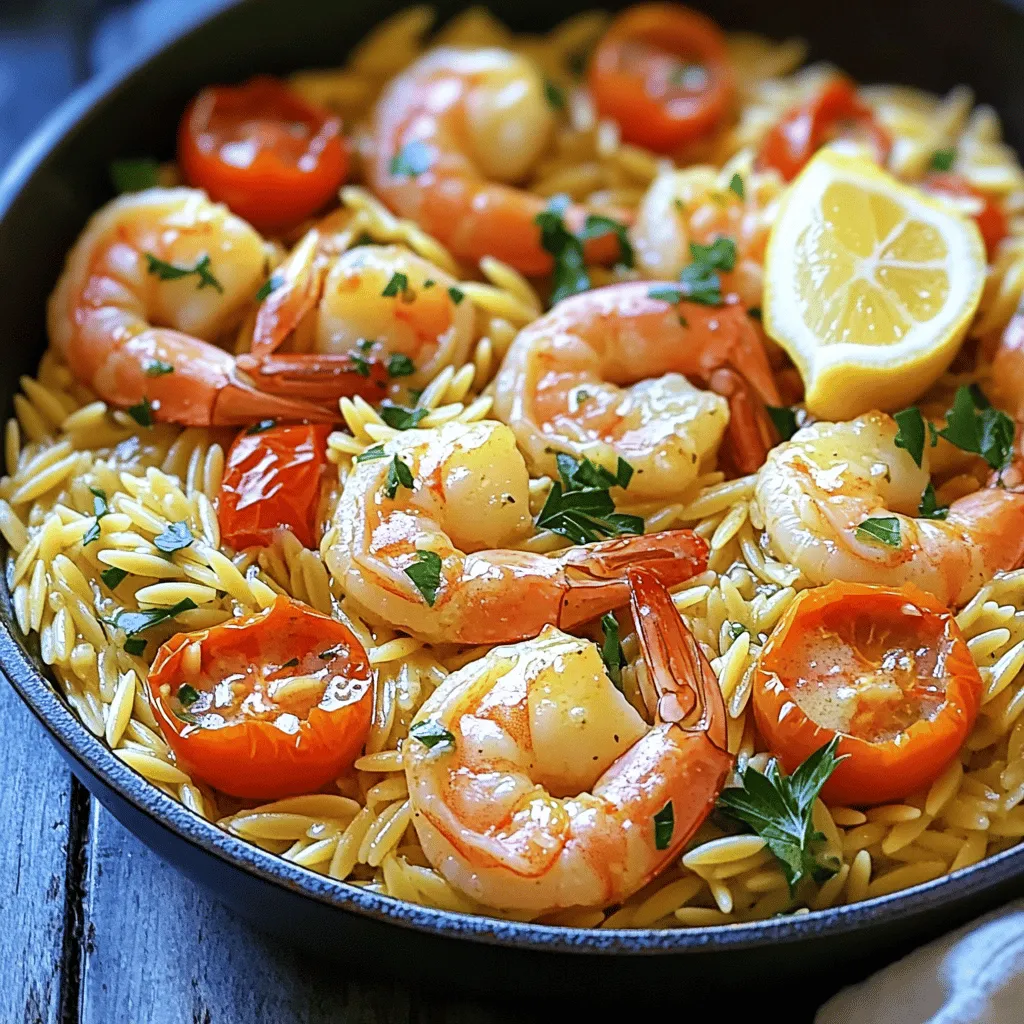 To make Garlic Butter Shrimp Orzo Skillet, you will need: - 1 lb large shrimp, peeled and deveined - 1 cup orzo pasta - 4 tablespoons unsalted butter - 4 cloves garlic, minced - 1 cup cherry tomatoes, halved - 2 cups vegetable broth - 1 teaspoon Italian seasoning - Salt and pepper to taste - 1 tablespoon fresh lemon juice - 2 tablespoons fresh parsley, chopped for garnish You can swap some ingredients if needed. Here are a few ideas: - Shrimp: Use chicken or scallops instead. - Orzo: Try quinoa or rice for a gluten-free option. - Butter: Olive oil works well for a lighter taste. - Vegetable broth: Chicken broth can add more flavor. - Fresh parsley: Basil or chives can give a fresh twist. You don’t need many tools for this recipe. Just gather these items: - A large skillet for cooking - A wooden spoon for stirring - A measuring cup for the orzo - A cutting board and knife for chopping - A zester for lemon juice (optional) - A serving spoon for plating By using these ingredients and tools, you’ll create a dish that’s both easy and tasty. Enjoy the cooking process! To make this dish, start with a large skillet. Melt 2 tablespoons of butter over medium heat. Then, add 4 minced garlic cloves. Sauté the garlic for about 1-2 minutes. You want it fragrant but not browned. Next, toss in 1 pound of large shrimp. Season them with salt, pepper, and 1 teaspoon of Italian seasoning. Cook the shrimp until they turn pink, which takes about 3-4 minutes. Once done, remove the shrimp and set them aside. In the same skillet, add 1 cup of orzo pasta. Toast the orzo for about 2 minutes. Stir it often to prevent sticking. After that, pour in 2 cups of vegetable broth. Bring this mixture to a boil. Add 1 cup of halved cherry tomatoes and reduce the heat to a simmer. Cover the skillet and let it cook for about 10-12 minutes. Wait until the orzo is tender and has absorbed most of the broth. Once the orzo is cooked, stir in the remaining 2 tablespoons of butter and 1 tablespoon of fresh lemon juice. Gently fold the cooked shrimp back into the skillet. Taste the dish and adjust the seasoning if needed. Finally, garnish with 2 tablespoons of fresh chopped parsley before serving. - Prep time: 10 minutes - Cooking time: 20 minutes - Total time: 30 minutes - Servings: 4 To make sure the shrimp cook well, watch them closely. They should turn pink and opaque. If you overcook them, they can become tough. For the orzo, make sure to stir it while toasting. This step adds a nice nutty flavor. When adding broth, cover the skillet. This helps the orzo cook evenly. Lastly, don’t forget to taste your dish before serving. Adjust the seasoning to your liking for the best flavor. To make your Garlic Butter Shrimp Orzo Skillet even tastier, use fresh ingredients. Fresh shrimp adds a sweet flavor. Fresh garlic gives a strong aroma. Also, add a splash of white wine for depth. It pairs well with shrimp and garlic. You can try adding a pinch of red pepper flakes. This small addition brings a nice heat. A squeeze of lemon juice brightens the dish. It balances the rich garlic butter. Fresh herbs like basil or dill can add layers of flavor. One common mistake is overcooking the shrimp. Cook them just until they turn pink. If they cook too long, they become rubbery. Another mistake is skipping the toasting step for the orzo. Toasting gives it a nutty flavor. Avoid adding all the broth at once. Pour it in slowly to let the orzo absorb it. This prevents clumping and ensures even cooking. Also, make sure not to skip seasoning. Salt and pepper enhance all the flavors in the dish. For a great look, serve from the skillet. This rustic style makes it feel homey. You can also spoon it into bowls. Top each bowl with extra parsley for color. Adding a lemon wedge on the side makes it pop. Serve with a simple green salad. It adds freshness and balance to the meal. A crusty piece of bread goes well too. It’s perfect for soaking up all that delicious garlic butter sauce. Enjoy your beautiful dish! {{image_2}} You can change the taste of Garlic Butter Shrimp Orzo Skillet easily. If you like heat, add red pepper flakes. Start with a pinch and adjust to your taste. For a fresh taste, add herbs like basil or dill. Fresh herbs boost the dish's flavor. You can also add lemon zest for a zesty kick. These small tweaks make a big difference! If you want to switch proteins, chicken works well. Use boneless thighs or breasts. Cut them into small pieces and cook them like shrimp. Scallops are another great choice. They cook quickly and add a sweet taste. For a twist, try using fish like salmon or tilapia. Just adjust the cooking time to avoid overcooking. You can make a tasty vegetarian version too. Replace shrimp with mushrooms or zucchini. Both add a nice texture and flavor. Use vegetable broth for cooking the orzo. Toss in more veggies like spinach or bell peppers for color and nutrients. These changes keep the dish satisfying and full of flavor, perfect for everyone! To keep your Garlic Butter Shrimp Orzo Skillet fresh, let it cool first. Use an airtight container for storage. It stays good in the fridge for up to three days. If you want to save it longer, freezing is a great option. Just ensure you separate the orzo and shrimp if you can. This helps keep the texture nice. When you're ready to eat leftovers, reheat gently. Use a skillet over low heat with a splash of broth or water. This prevents the orzo from drying out. Stir often to heat evenly. You can also microwave it in short bursts. Check it often, so it warms but doesn't overcook. If you want to freeze your dish, portion it out first. Place it in freezer-safe bags or containers. Label them with the date. It stays good for up to three months in the freezer. When you are ready to eat, thaw it overnight in the fridge. Reheat as mentioned above. This way, you still enjoy great flavor and texture. To make Garlic Butter Shrimp Orzo Skillet, start by melting butter in a skillet. Add minced garlic and sauté for one to two minutes. Then, toss in the shrimp and season with salt, pepper, and Italian seasoning. Cook until the shrimp turns pink, about three to four minutes. Remove the shrimp and set it aside. Next, add orzo to the skillet and toast it for about two minutes. Pour in vegetable broth and bring it to a boil. Stir in halved cherry tomatoes, then reduce the heat to a simmer. Cover and cook for ten to twelve minutes until the orzo is tender. Once cooked, mix in more butter and lemon juice. Finally, gently fold in the cooked shrimp and adjust seasoning to taste. Garnish with fresh parsley before serving. Yes, you can use frozen shrimp for this recipe. Thaw the shrimp first by placing them in cold water for about 15 minutes. Once thawed, peel and devein if needed. Using frozen shrimp may add a few extra minutes to your cooking time. Just ensure they are pink and cooked through before serving. Garlic Butter Shrimp Orzo Skillet is a complete meal, but you can pair it with sides. A fresh green salad adds crunch and color. Garlic bread or crusty rolls are great for soaking up the sauce. You can also serve it with steamed vegetables or a light coleslaw for added texture. This article covered all you need for Garlic Butter Shrimp Orzo Skillet. We explored ingredients, tools, and step-by-step cooking instructions. You learned tips to avoid common mistakes and variations for different tastes. Additionally, we discussed storage options and reheating tips to keep meals tasty. Now, you can make this dish with confidence. Enjoy creating your own version, and don’t forget to share your results! Happy cooking!