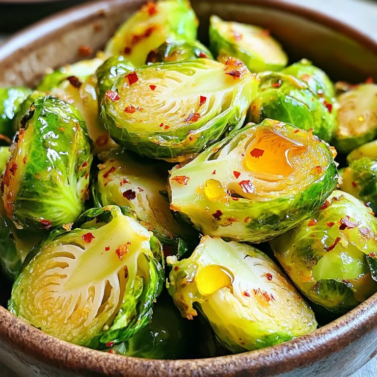 - 1 pound Brussels sprouts, trimmed and halved - 3 tablespoons unsalted butter, melted - 2 tablespoons honey - 1 teaspoon garlic powder - 1 teaspoon salt - ½ teaspoon black pepper - ¼ teaspoon chili flakes (optional for a kick) - Air fryer - Mixing bowl - Cooking spatula The ingredients for Air Fryer Honey Butter Brussels Sprouts are simple. You need fresh Brussels sprouts, which I love for their crunch. Trim and halve them for even cooking. The butter and honey blend together to add rich flavor. You can adjust the honey to suit your taste. The seasoning is key. Garlic powder adds depth, while salt and pepper enhance taste. If you want a bit of heat, add chili flakes. The air fryer makes these sprouts crispy without deep frying. You will need a mixing bowl to combine the ingredients. A cooking spatula helps mix everything well. The air fryer cooks the sprouts quickly and evenly, making it a great tool for this dish. - First, melt 3 tablespoons of unsalted butter. - In a large bowl, mix the melted butter with 2 tablespoons of honey. - Now, add 1 teaspoon of garlic powder, 1 teaspoon of salt, ½ teaspoon of black pepper, and ¼ teaspoon of chili flakes if you want a kick. - Stir until everything blends well. - Take 1 pound of trimmed and halved Brussels sprouts. - Toss them in the honey butter mixture. - Make sure every sprout gets an even coat of the tasty mix. - Preheat your air fryer to 350°F (175°C). - Once ready, place the Brussels sprouts in the basket. Lay them in a single layer. - Cook them for 15-18 minutes. Shake the basket halfway for even cooking. - Look for crispy outsides and tender insides. Enjoy the wonderful smell! To get that perfect crunch, adjust the cooking time based on your air fryer. Every model cooks a bit differently. Start with 15 minutes, then check for doneness. If they aren’t crispy enough, add a few more minutes. Remember to shake the basket halfway through. This helps all the sprouts cook evenly. Want to switch things up? You can add more spices or herbs to the honey butter mix. Try adding smoked paprika or fresh thyme for a twist. Just before you serve, drizzle a little extra honey butter on top. This adds a nice, glossy finish and boosts the flavor. These Brussels sprouts pair well with many proteins. Try them next to grilled chicken or baked fish. For a little extra flair, garnish with cracked black pepper or a sprinkle of chili flakes. This small touch makes your dish look even better and adds a pop of flavor. {{image_2}} You can switch honey with maple syrup. Maple syrup gives a unique flavor. Agave nectar is another great choice. It adds sweetness without overpowering the dish. Both options work well, allowing you to enjoy the same tasty result. Want more spice? Add extra chili flakes to the mix. This can turn the dish into a spicy delight. If you prefer a milder flavor, simply leave out the chili flakes. Adjusting the heat makes this dish flexible for everyone. Feel free to mix in other veggies. Carrots add a nice crunch and color. Sweet potatoes bring a sweet taste that pairs well. Combining vegetables boosts nutrition and flavor. You can customize this dish to fit your taste and creativity. Store any leftovers in an airtight container. This keeps them fresh for up to 3 days. Make sure the container seals well to lock in that delicious flavor. The best way to reheat these Brussels sprouts is in the air fryer. This method keeps them crispy and tasty. Simply heat the air fryer to 350°F (175°C) and cook for about 5 minutes. If you use a microwave, the sprouts may lose their crunch. So, use the air fryer when you can. You can freeze these sprouts if you need to. To maintain texture, let them cool first. Place them in a freezer-safe bag. Try to remove as much air as you can. They can last for about 2 months. When ready, thaw in the fridge and reheat in the air fryer for best results. Yes, you can use frozen Brussels sprouts. They work well in a pinch. However, fresh sprouts taste better. Fresh Brussels sprouts have a firmer texture. Frozen ones may be softer. If you choose frozen, cook them for a few extra minutes. Thaw them first for the best results. Start by trimming off the tough ends. Then, cut each Brussels sprout in half. This helps them cook evenly. If they are large, you can quarter them for quicker cooking. Make sure to remove any yellow or damaged leaves. This keeps the taste fresh and clean. Look for a golden-brown color on the outside. They should feel crispy and tender inside. You can pierce them with a fork. If it goes through easily, they are ready. Make sure to shake the air fryer basket halfway through cooking. This ensures even cooking and crispiness. In this blog post, we covered how to make crispy, sweet Brussels sprouts in your air fryer. We went through the main ingredients, step-by-step instructions, and helpful tips. You now know how to achieve the perfect crispiness and flavor. Don’t be afraid to personalize your dish with different sweeteners or spices. Follow the storage tips for freshness. Tasty, healthy meals can be easy and quick to prepare, so enjoy your cooking adventures!
