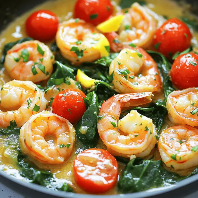 For this dish, you will need: - 1 pound large shrimp, peeled and deveined - 4 tablespoons unsalted butter - 4 cloves garlic, minced - 1 tablespoon fresh parsley, chopped - 1 teaspoon lemon zest - 1 tablespoon lemon juice - Salt and pepper to taste - 1/4 cup chicken broth - 1 cup cherry tomatoes, halved - 1 cup baby spinach These ingredients come together to create a rich, savory flavor. The shrimp is the star, while garlic and butter add depth. You can enhance the dish with these: - 1/2 teaspoon red pepper flakes (optional) Red pepper flakes bring heat and spice. Use them if you like a kick in your meal! To make this dish, you will need: - A large skillet - A spatula or wooden spoon - A knife and cutting board These tools help make the cooking process smooth and easy. A good skillet ensures even cooking, while a spatula helps you stir the ingredients well. 1. Start by gathering your ingredients. You need shrimp, butter, garlic, parsley, lemon, red pepper flakes, salt, pepper, chicken broth, cherry tomatoes, and spinach. 2. Peel and devein the shrimp if not done. This makes cooking easier. 3. Mince the garlic finely. Fresh garlic adds a great flavor. 4. Chop the parsley and zest the lemon. This enhances the dish's look and taste. 1. Heat a large skillet over medium heat and add the butter. Let it melt until it bubbles. 2. Add the minced garlic to the skillet. Cook it for about one minute until it smells amazing. 3. Toss in the shrimp, red pepper flakes, salt, and pepper. Cook for 2-3 minutes until the shrimp turns pink. 4. Pour in the chicken broth and add the halved cherry tomatoes. Stir gently and cook for another 2-3 minutes. The tomatoes should soften slightly. 5. Add the spinach to the skillet, stirring until it wilts down. 6. Finally, add the lemon juice and zest. Sprinkle the chopped parsley on top. Stir everything to blend the flavors. 7. Turn off the heat and serve hot. - Use large shrimp for better texture. They cook evenly and stay juicy. - Don’t overcook shrimp. They only need a few minutes to turn pink and firm. - Cook shrimp on medium heat. This helps them cook evenly without burning. - Look for a bright pink color and an opaque center. This shows they are done. - If in doubt, cut one open. It should be white and not translucent. To make your savory garlic butter shrimp even better, I have some tips. First, use fresh garlic. Fresh garlic gives a bright taste compared to jarred. You can also try adding herbs like thyme or basil. They pair well with shrimp. A splash of white wine can add a nice depth too. Lastly, don’t skip the lemon juice and zest. They brighten the dish and balance the richness. Many cooks make the same mistakes when cooking shrimp. One big mistake is overcooking shrimp. Cook them just until they turn pink and opaque. This usually takes 2-3 minutes. Another mistake is not seasoning enough. Always taste your dish and adjust salt and pepper. Lastly, don’t rush the garlic. Cooking it too fast can lead to a bitter taste. To serve your garlic butter shrimp, presentation matters. Start with a clean white plate to show off the colors. Place the shrimp in the center, and arrange the cherry tomatoes and spinach around them. Sprinkle fresh parsley on top for a pop of green. You can add lemon wedges for a splash of color. This simple touch makes your dish look gourmet. {{image_2}} You can make a tasty vegetarian version of this dish. Swap the shrimp for mushrooms or zucchini. Both add a nice texture. Use extra butter to keep it rich. Cook the mushrooms until they are golden brown. This gives a great flavor. Add more garlic to enhance the taste. You can also use tofu for protein. Just press it first to remove extra water. Then, cook it like the shrimp. If you want to try something new, use chicken or scallops. For chicken, cut it into small pieces. Cook it in the butter until it's no longer pink. For scallops, cook them until they are golden outside but soft inside. They will take about 2-3 minutes per side. Both options work well with the garlic and lemon flavors. You can adjust this recipe for different diets. If you need it gluten-free, use gluten-free broth. For a dairy-free version, swap butter with olive oil or vegan butter. You can also try coconut oil for a unique taste. Skip the red pepper flakes if you want a milder dish. Always taste as you go to make sure it fits your needs. After you enjoy your savory garlic butter shrimp skillet, let it cool first. Store leftovers in an airtight container. Place the container in the fridge. Shrimp can stay fresh for up to three days. Ensure you seal it well to keep moisture out. If you want to keep it longer, freezing is a smart choice. To reheat, take the shrimp from the fridge. You can use a skillet or a microwave. If using a skillet, add a bit of butter and heat over low. Stir gently until warm. If using a microwave, heat in short bursts. Stop every 30 seconds to check that it doesn’t overcook. We want to keep the shrimp tender and juicy. For freezing, place the cooled shrimp in a freezer-safe bag. Remove as much air as possible to avoid freezer burn. Label the bag with the date. You can freeze the shrimp for up to three months. When ready to eat, thaw in the fridge overnight. Then reheat as mentioned above. Enjoying this dish later means you can savor its rich flavors again! You can tell shrimp are done when they turn pink and opaque. They should curl into a "C" shape. This usually takes about 2-3 minutes per side. Overcooking makes shrimp tough. So, keep a close eye on them as they cook. Yes, you can use frozen shrimp! Just make sure to thaw them first. Place them in a bowl of cold water for about 15 minutes. Once thawed, drain and pat them dry. This helps the shrimp cook evenly and absorb all those tasty flavors. Garlic butter shrimp pairs well with many sides. Here are a few ideas: - Steamed rice or quinoa works great to soak up the sauce. - A fresh green salad adds a nice crunch. - Garlic bread is perfect for dipping into the buttery sauce. - Pasta can also be a delicious base for the shrimp. These sides enhance the meal and make it even more enjoyable! This blog post guided you through a tasty garlic butter shrimp skillet recipe. We covered key ingredients, including tips for enhancing flavor and common mistakes to avoid. I shared the essential cooking tools and step-by-step instructions for perfect shrimp. You learned how to adapt the dish for different diets and the best practices for storing leftovers. Now, you can easily impress friends and family with this dish. Enjoy cooking and experimenting with flavors!