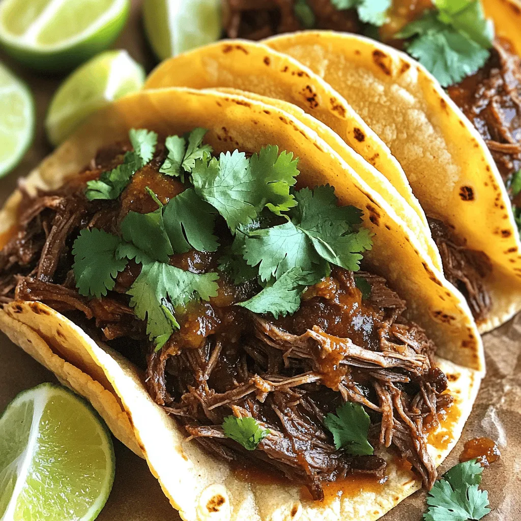For my slow cooker honey chipotle barbacoa tacos, I use these main ingredients: - 2 lbs beef chuck roast, cut into large chunks - 1/4 cup honey - 3 tablespoons chipotle peppers in adobo sauce, minced - 4 cloves garlic, minced - 1 teaspoon cumin - 1 teaspoon smoked paprika - 1/2 teaspoon salt - 1/2 teaspoon black pepper - 1/4 cup beef broth - 1 onion, quartered - 8 corn tortillas This mix makes the beef tender and full of flavor. The honey gives a sweet touch. The chipotle adds a nice kick. Together, they create a rich taste that excites the palate. You can add these optional toppings to your tacos for extra flavor: - Fresh cilantro, chopped - Diced onions - Avocado slices - Crunchy cabbage slaw - Lime wedges for serving Each topping adds a unique twist. The cilantro brightens the dish, while avocado brings creaminess. Lime adds a zesty hit that balances the sweetness of the honey. For this recipe, you will need: - A slow cooker - A large bowl for mixing - Two forks for shredding the beef - A skillet or open flame for heating tortillas Using a slow cooker is key here. It keeps the beef moist and allows the flavors to blend. This equipment makes the process simple, letting you enjoy delicious tacos with ease. To start, grab a large bowl. In that bowl, mix together 1/4 cup honey, 3 tablespoons of minced chipotle peppers, and 4 minced garlic cloves. Add 1 teaspoon of cumin and 1 teaspoon of smoked paprika. Sprinkle in 1/2 teaspoon salt and 1/2 teaspoon black pepper. Stir well until it forms a smooth marinade. Now, take your 2 pounds of beef chuck roast cut into chunks. Rub the marinade all over the beef pieces. Make sure each piece is fully coated. This step adds lots of flavor. Let it sit for at least 15 minutes, or longer if you can. If you have time, marinating overnight in the fridge works wonders. Next, place a quartered onion at the bottom of your slow cooker. This creates a nice base for the meat. Then, add the marinated beef on top of the onions. Pour in 1/4 cup of beef broth. Cover the slow cooker and set it to low for 8 hours or high for 4 hours. When it’s done, the beef should be very tender and easy to shred. Once cooked, use two forks to shred the beef. Return it to the slow cooker and mix it with the juices. This helps soak up all that delicious flavor. Finally, warm your corn tortillas on a skillet. Fill each tortilla with the shredded barbacoa and add fresh cilantro. Serve with lime wedges for a zesty touch. Enjoy your tasty tacos! To get tender meat, choose beef chuck roast. This cut has enough fat for flavor. Marinate the beef well. The honey and chipotle mix helps break down the meat. Cooking on low heat for eight hours gives the best results. You can also cook it on high for four hours. But low and slow is the way to go for melt-in-your-mouth goodness. When the beef is cooked, let it rest for a few minutes. This helps keep the meat juicy. Use two forks to shred the beef. Pull the meat apart in long strands. Mix the shredded beef back in with the juices. This adds flavor and moisture. It makes every bite delicious. Slow cookers often have low and high settings. The low setting cooks for a longer time. It’s perfect for tougher cuts like chuck roast. The high setting cooks faster but can dry out the meat. If you are short on time, use high, but check the meat often. Always ensure the beef cooks until tender. That’s the key to great tacos! {{image_2}} You can enjoy barbacoa in many ways. The traditional version uses simple spices and beef. The spicy version adds more chipotle peppers for heat. You can adjust the chipotle amount to fit your taste. If you like a milder flavor, use less. For extra kick, add more. This way, you can make it just right for your family. If you do not have a slow cooker, try the Instant Pot. It cooks the beef fast while keeping it tender. Set it to high pressure for about 60 minutes. You can also cook it in the oven. Place the beef in a Dutch oven with the marinade. Cover it and bake at 300°F for about 3 hours. Both methods work well, but the slow cooker gives a deeper flavor. Barbacoa is not just for beef. You can use pork shoulder for a different taste. Chicken thighs also work well and cook faster. For a lighter option, try using turkey. Each protein gives a unique flavor. Adjust the cooking time based on the meat you choose. No matter which one you pick, it will be delicious! To store leftovers, let the barbacoa cool first. Place it in an airtight container. Keep it in the fridge for up to three days. If you have extra tortillas, store them separately. This keeps them fresh and soft. You can freeze the barbacoa for later meals. Place the cooled meat in a freezer-safe bag. Remove as much air as possible to prevent freezer burn. It will last up to three months in the freezer. When ready to eat, thaw it in the fridge overnight before reheating. Reheat the barbacoa in a skillet over medium heat. Add a splash of beef broth to keep it moist. Stir it often until it's hot. You can also microwave it, covering the bowl with a damp paper towel. This helps retain moisture and warmth. Enjoy it in fresh tortillas with your favorite toppings! Yes, you can! While beef is the classic choice, you can use pork, chicken, or lamb. Each meat brings its own flavor. Pork shoulder works well, offering a similar texture. Chicken thighs also shred nicely and cook faster. Just adjust cooking times based on the meat. You can keep leftovers in the fridge for about three to four days. Make sure to store them in an airtight container. This helps keep the flavor fresh. If you want them to last longer, consider freezing. These tacos pair well with many sides. Try serving them with: - Diced onions - Avocado slices - Crunchy cabbage slaw - Refried beans - Mexican rice Each adds a nice touch and extra flavor. Absolutely! You can prepare the barbacoa a day in advance. Just store it in the fridge. When ready to serve, warm it up on the stove or in a microwave. This makes your taco night easy and stress-free! This post covered the key steps to make tasty barbacoa tacos. You learned about main ingredients, optional toppings, and needed equipment. I walked you through easy steps for marinating and slow cooking. We also shared tips to ensure tender meat and offered variations, including different proteins. Barbacoa tacos are fun to make and enjoy. With practice, you’ll serve great meals everyone will love.