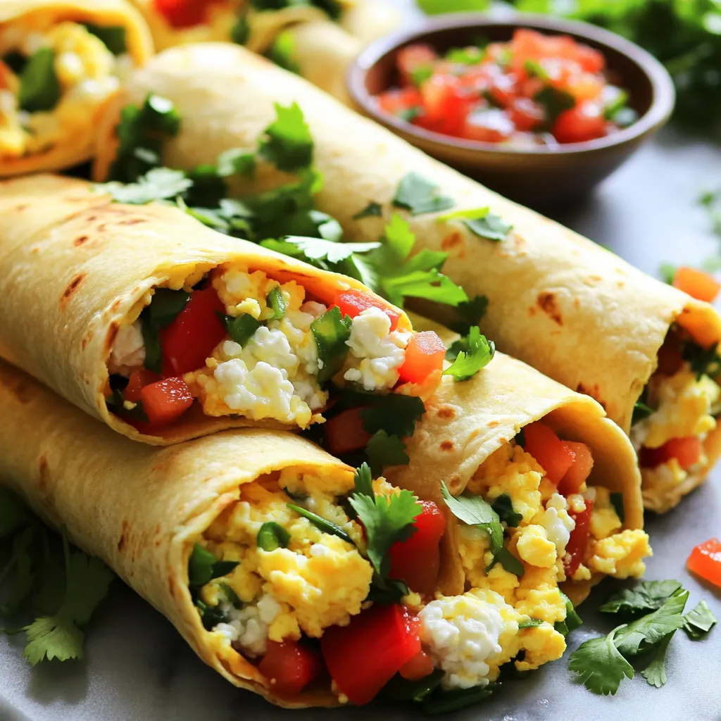 To make these tasty breakfast burritos, you need: - 1 cup cottage cheese - 4 large eggs - 1 tablespoon olive oil - 1 red bell pepper, diced - 1 small onion, finely chopped - 1 cup fresh spinach, chopped - 1 teaspoon garlic powder - 1 teaspoon smoked paprika - Salt and pepper to taste - 4 whole wheat tortillas - Fresh salsa for serving (optional) - Chopped cilantro for garnish (optional) Each ingredient boosts the health and flavor of your burritos: - Cottage cheese adds protein and calcium. It makes the burrito creamy. - Eggs pack protein and healthy fats. They help you feel full longer. - Olive oil provides healthy fats. It also helps cook the veggies. - Red bell pepper is high in vitamins A and C. It adds a sweet crunch. - Onion adds flavor and nutrients. It helps with heart health. - Spinach gives iron and fiber. It boosts your energy. - Garlic powder adds taste and health benefits. It may help your immune system. - Smoked paprika brings a rich flavor. It adds a nice color too. - Whole wheat tortillas give fiber. They keep the burrito filling in. - Salsa adds freshness. It makes each bite more exciting. - Cilantro offers flavor and nutrients. It can brighten up your dish. You can swap ingredients to fit your taste or needs: - Use Greek yogurt instead of cottage cheese for a tangy twist. - Try egg whites if you want less fat. They still taste great. - Replace olive oil with coconut oil for a different flavor. - Use any color of bell pepper you like. Green or yellow works too. - Add other greens like kale instead of spinach for more variety. - Use flour tortillas if preferred, but whole wheat is healthier. - Swap salsa for hot sauce if you enjoy more spice. To start, gather your ingredients. You will need: - 1 cup cottage cheese - 4 large eggs - 1 tablespoon olive oil - 1 red bell pepper, diced - 1 small onion, finely chopped - 1 cup fresh spinach, chopped - 1 teaspoon garlic powder - 1 teaspoon smoked paprika - Salt and pepper to taste - 4 whole wheat tortillas - Fresh salsa for serving (optional) - Chopped cilantro for garnish (optional) Make sure to wash the spinach and bell pepper. Dice the bell pepper and chop the onion finely. This helps them cook faster. Next, heat the olive oil in a large non-stick skillet over medium heat. Once hot, add the chopped onion and diced bell pepper. Sauté for about 3 to 4 minutes. You want them to soften but not brown. Then, stir in the chopped spinach. Cook for 2 more minutes until it wilts. This adds a nice color and nutrition. In a medium bowl, whisk the eggs with garlic powder, smoked paprika, salt, and pepper. Mix well until combined. Pour this egg mixture into the skillet with the cooked veggies. Stir gently to scramble the eggs. Cook for about 4 to 5 minutes, until they are fluffy and fully cooked. Once the eggs are ready, remove the skillet from heat. Fold in the cottage cheese carefully. This adds creaminess and boosts the protein. Now your filling is ready! To make fluffy scrambled eggs, whisk them well. Use a fork or whisk to mix the eggs, garlic powder, smoked paprika, salt, and pepper. Air is key! The more air you whip in, the fluffier they become. Cook them slowly over medium heat. Stir gently and often. Don’t rush it! This helps the eggs puff up. To wrap a perfect burrito, start with a warm tortilla. This makes it easier to fold. Place your filling in the center, leaving space on the edges. Fold the sides in first, then roll from the bottom up. Keep it tight but not too tight, or it might burst! Practice makes perfect, so don’t worry if your first one isn’t flawless. Want to jazz up your burritos? Try adding fresh herbs like cilantro or basil. They give a bright taste! You can also mix in some cheese, like cheddar or feta, for creaminess. Don’t forget about spices! A pinch of cumin or chili powder can add depth. Finally, top with fresh salsa or avocado for a creamy touch that pairs well with your breakfast burrito. {{image_2}} You can easily swap proteins in this burrito. Try using scrambled tofu for a plant-based option. You can also use turkey or chicken sausage for added flavor. Just cook the meat through before adding it to the mix. For a vegetarian version, keep the cottage cheese but add in mushrooms or zucchini. If you want a vegan burrito, use silken tofu instead of eggs and cottage cheese. Blend the silken tofu with spices for creaminess and protein. Want to kick up the heat? Add jalapeños or hot sauce to your egg mix. For a smoky flavor, try adding chipotle powder. Herbs like basil or dill can also give a fresh twist. Mix and match spices to find your favorite flavor. To store leftover burritos, wrap each one in plastic wrap. This keeps them fresh. Place the wrapped burritos in an airtight container. Store them in the fridge for up to three days. Make sure to label them with the date. This helps you keep track of freshness. When you're ready to eat, unwrap the burrito. Place it on a microwave-safe plate. Heat it in the microwave for one to two minutes. Check if it’s hot all the way through. If not, heat for 30 more seconds. You can also use an oven. Preheat it to 350°F (175°C). Wrap the burrito in foil and heat for about 15 minutes. This will keep it nice and soft. To freeze burritos, wrap each one tightly in plastic wrap. Then, place them in a freezer bag. Be sure to remove as much air as possible. They can last up to three months in the freezer. When you want one, take it out and thaw it in the fridge overnight. Reheat as mentioned above. Enjoy your meal prep success! Yes, you can make these burritos ahead of time! Prepare the filling first. Cook the eggs and veggies as you usually would. Once cooled, store the filling in a container. You can keep it in the fridge for up to three days. When ready to eat, warm the filling and wrap it in the tortillas. If you want to replace cottage cheese, there are a few great options. Greek yogurt is a popular choice. It adds creaminess and protein too. You can also use ricotta cheese for a similar texture. Finally, silken tofu works well for a dairy-free option. Just blend it until smooth! To customize these burritos for kids, try to make them fun and tasty. Let your kids pick their favorite veggies. Sweet corn and diced tomatoes add color and flavor. You can also mix in cheese for extra taste. For picky eaters, keep the flavors simple. Just use eggs and cheese for a quick win! You can create tasty high-protein breakfast burritos using the right ingredients. These burritos pack nutrition from eggs, veggies, and cottage cheese. With simple steps and helpful tips, you can master breakfast burritos your way. Remember to try new flavors, use any protein you like, and adjust for kids. Storing them is easy, so prep ahead for busy mornings. Enjoy your tasty, healthy burritos!