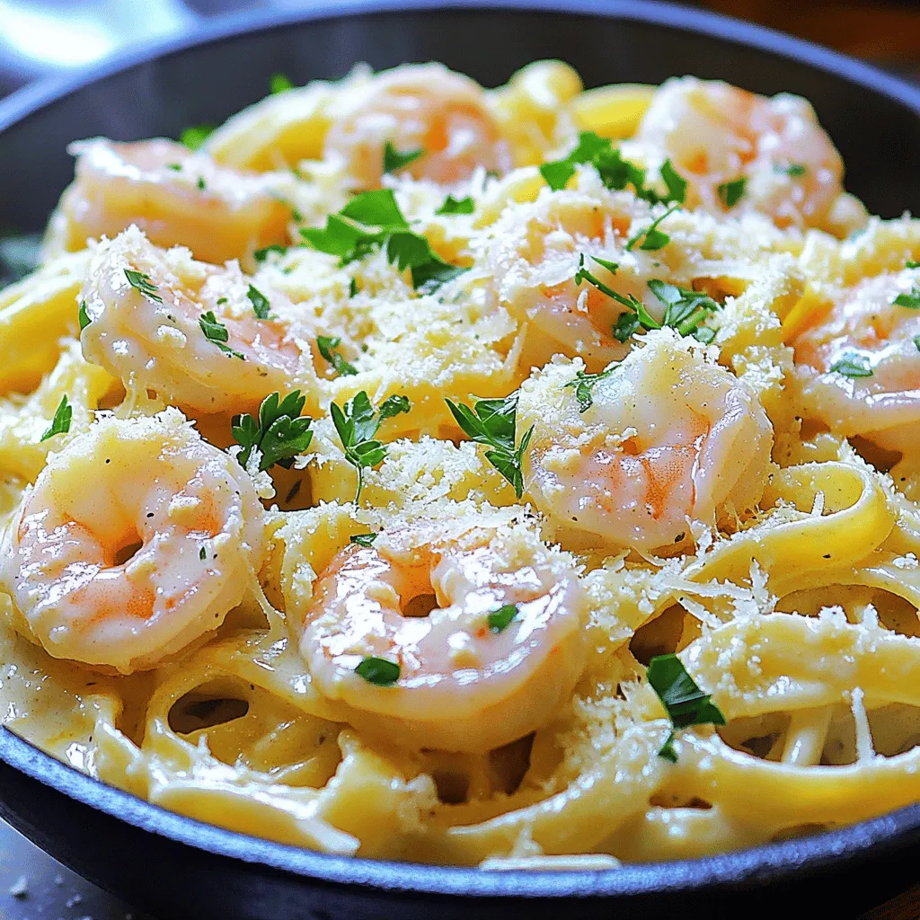 To make Creamy Garlic Butter Shrimp Pasta, gather these simple ingredients: - 8 oz fettuccine pasta - 1 lb large shrimp, peeled and deveined - 4 tablespoons unsalted butter - 4 cloves garlic, minced - 1 cup heavy cream - 1 teaspoon lemon zest - 1 tablespoon lemon juice - 1/2 cup grated Parmesan cheese - Salt and pepper to taste - Fresh parsley, chopped (for garnish) You can easily swap some ingredients for different flavors or needs. Here are some ideas: - Pasta: Use any pasta you like, such as spaghetti or penne. - Shrimp: Try chicken or scallops if you prefer. - Butter: Olive oil can replace butter for a lighter taste. - Heavy cream: Use half-and-half or coconut milk for a lighter sauce. - Parmesan cheese: Grated Pecorino Romano or nutritional yeast are great options for a vegan twist. When buying shrimp, look for these signs of freshness: - Color: Fresh shrimp should be a nice pink or gray with no dark spots. - Smell: They should smell like the ocean, not fishy. - Texture: Shrimp should feel firm and spring back when touched. - Shell: Look for shells that are shiny and moist, not dry or dull. These tips will help you find the best shrimp for your dish. Enjoy making your creamy garlic butter shrimp pasta! Start by boiling a big pot of salted water. Once it boils, add 8 oz of fettuccine pasta. Cook it according to the package directions until it is al dente. This usually takes about 8-10 minutes. After cooking, drain the pasta in a colander. Remember to save 1/2 cup of the pasta water for later. This water helps adjust the sauce. Next, grab a large skillet and place it over medium heat. Add 2 tablespoons of unsalted butter and let it melt. Once melted, add 1 lb of large shrimp that are peeled and deveined. Season the shrimp with salt and pepper. Cook the shrimp for 2-3 minutes on each side. They should turn pink and opaque when done. Remove the shrimp from the skillet and set them aside. In the same skillet, add the remaining 2 tablespoons of butter. Then, toss in 4 cloves of minced garlic. Sauté the garlic for about 1 minute until it smells great. Now, pour in 1 cup of heavy cream. Add 1 teaspoon of lemon zest and 1 tablespoon of lemon juice. Stir well to mix everything. Let the sauce simmer for about 3-4 minutes. This makes it slightly thick. Lower the heat and add the cooked fettuccine and shrimp back into the skillet. Stir well to coat everything in the creamy sauce. If the sauce seems too thick, add a bit of the reserved pasta water to get your desired thickness. Finally, mix in 1/2 cup of grated Parmesan cheese. Taste and adjust the seasoning with salt and pepper if needed. Serve hot and garnish with freshly chopped parsley. Enjoy your meal! To make your creamy garlic butter shrimp pasta shine, keep these tips in mind: - Cook pasta al dente: This means the pasta should be firm but not hard. It will finish cooking with the sauce. - Use large shrimp: They add more flavor and stay juicy. - Don’t overcook shrimp: Cook them just until they turn pink. This keeps them tender. - Reserve pasta water: It helps adjust the sauce’s thickness. Use it sparingly. How you serve your pasta matters. Here are some fun ideas: - Chopped parsley: This adds a pop of color and freshness. - Extra Parmesan: A sprinkle on top makes it look gourmet. - Lemon wedges: Serve on the side for a zesty touch. - Serve in bowls: It gives a cozy feel to your meal. Many home cooks face a few common issues. Here’s how to sidestep them: - Overcooked pasta: Keep an eye on the timer. Test it a minute before the package time. - Shrimp not seasoned well: Season them right before cooking. This boosts the flavor. - Sauce too thick: If it becomes too thick, add more reserved pasta water. Stir until it reaches your desired creaminess. - Forget to taste: Always taste your dish before serving. Adjust seasoning if needed. {{image_2}} You can easily add vegetables to your creamy garlic butter shrimp pasta. Vegetables boost nutrition and add color. Try spinach for a pop of green. It wilts down quickly and blends well. You can also use cherry tomatoes. They add sweetness and a burst of flavor. Broccoli or asparagus are great choices too. Simply steam them slightly before mixing in. This way, you get a delicious meal packed with vitamins. If you want to switch things up, consider alternative pasta options. Use whole wheat pasta for a healthier twist. It has more fiber and nutrients. You can also try gluten-free pasta for those with dietary needs. Zucchini noodles are a fun, low-carb choice. They soak up the sauce nicely. Just remember to sauté them briefly before adding. Each option gives your dish a different taste and texture. If you love spice, make a spicy version of this dish. Add red pepper flakes to the sauce for heat. Start with a pinch and adjust to your taste. You can also mix in diced jalapeños for a fresh kick. Another option is to use spicy shrimp. Look for shrimp marinated in chili sauce. This adds depth and makes every bite exciting. Just be careful not to overpower the creamy sauce. Balance is key for a delightful experience. After enjoying your creamy garlic butter shrimp pasta, store any leftovers in an airtight container. Make sure the pasta cools down first to keep it fresh. Place the container in the fridge. It will stay good for about three days. To reheat, I recommend using a skillet. Add a splash of water or cream to the pan. Heat it on low to medium heat. Stir often until it warms through. This keeps the pasta creamy and tasty. If you want to save it longer, freezing is a great option. First, let the pasta cool completely. Then, divide it into small portions. Use freezer-safe bags or containers. Remove as much air as possible before sealing. It can stay frozen for up to three months. When you are ready to eat, thaw it overnight in the fridge before reheating. To make this recipe gluten-free, swap fettuccine for gluten-free pasta. Look for brands made from rice, corn, or quinoa. These options cook well and taste great. Always check the label to ensure they are certified gluten-free. Follow the same cooking time as regular pasta. This way, you can enjoy creamy garlic butter shrimp pasta without the gluten. You can serve this dish with a fresh green salad. A simple side salad with mixed greens, tomatoes, and a light vinaigrette works well. Garlic bread is another great option. It adds a nice crunch and helps soak up the creamy sauce. You might also consider serving it with steamed veggies for added color and nutrition. To lighten this dish, use half-and-half instead of heavy cream. This change cuts calories but still keeps it creamy. You can also reduce the amount of butter used in the recipe. Another option is to add more veggies, like spinach or zucchini. These add volume without many extra calories. Yes, you can use frozen shrimp. Just thaw them first by placing them in cold water for about 15-20 minutes. Once thawed, pat them dry before cooking. Make sure they are peeled and deveined for the best texture. Frozen shrimp can still be tasty and will work well in this dish. This article covered how to make Creamy Garlic Butter Shrimp Pasta. We explored the ingredients and their substitutes, shared step-by-step cooking instructions, and offered helpful tips. We also looked at fun variations and smart storage ideas. In conclusion, making this dish is easy and fun. With the right steps, you can impress anyone. Enjoy your pasta and get creative with your choices!