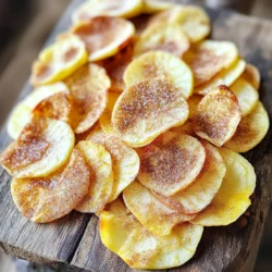 - 3 medium-sized apples (Gala or Honeycrisp recommended) - 2 tablespoons granulated sugar - 1 teaspoon ground cinnamon - 1/4 teaspoon salt - Cooking spray or olive oil spray When making air fryer cinnamon sugar apple chips, start with good apples. I love using Gala or Honeycrisp. These apples taste sweet and stay crisp. You can use any apple you like, but these are my top picks. Next, you'll need sugar. Granulated sugar works best in this recipe. It blends well with the cinnamon to create a sweet coating. Speaking of cinnamon, you'll need just one teaspoon. This spice adds warmth and flavor, making the chips irresistible. Don’t forget the salt! Just a pinch—1/4 teaspoon—helps balance the sweetness. Finally, you’ll need cooking spray. This helps the apple chips cook evenly in the air fryer. You can use regular cooking spray or olive oil spray. Both work well. Gather these ingredients, and you'll be on your way to a tasty snack! First, wash the apples well under cold water. Use a clean knife to core each apple. Then, slice them into thin rounds, about 1/8 inch thick. A mandoline slicer works best for even slices, but a sharp knife will do too. In a small bowl, mix the granulated sugar, ground cinnamon, and salt together. Stir them well until they blend into a uniform mixture. This is the magic that makes your apple chips sweet and tasty. Preheat your air fryer to 300°F (150°C) for about 5 minutes. This step is key for even cooking. Lightly spray the air fryer basket with cooking spray to stop sticking. Next, arrange the apple slices in a single layer in the basket. Make sure they do not overlap. If you have many slices, you may need to work in batches. Air fry the apple slices for 15-20 minutes. Flip them halfway through cooking. Keep an eye on them after 15 minutes. The goal is golden, crisp apple chips. Once done, take the apple chips out and let them cool on a wire rack for about 10 minutes. This helps them get even crispier. Enjoy your crispy cinnamon sugar apple chips as a delicious snack! For crunchy and tasty apple chips, pick the right apples. I recommend using Gala or Honeycrisp apples. These varieties have a sweet taste and a firm texture. They hold up well when cooked. Avoid soft apples, as they will not crisp nicely. To get the best crunch, slice your apples thinly. Aim for about 1/8 inch thick. A mandoline slicer helps with even cuts. This ensures every slice cooks the same way. When using your air fryer, keep the slices in a single layer. If they overlap, they won’t cook evenly. Cooking times may vary by model. Generally, air fry for 15-20 minutes. Start checking at 15 minutes. Flip the slices halfway for even crispiness. These apple chips are great on their own. You can also pair them with yogurt or oatmeal. They make a fun snack for kids and adults alike. Try adding them to salads for a sweet twist. You can store the chips in a jar for a quick treat anytime. {{image_2}} You can change the flavor of your apple chips easily. Try adding nutmeg or allspice to the cinnamon sugar mix. These spices give a warm taste that blends well with apples. You can also use alternative sweeteners like honey or maple syrup. Adjust the amount based on how sweet you want it. These changes let you make the recipe your own! Want to make your apple chips vegan? It’s simple! Just use maple syrup instead of granulated sugar. This keeps the sweetness and fits a vegan diet. For a sugar-free option, try using a sugar substitute like stevia or erythritol. It’s a great way to enjoy the chips without added sugar. You can get creative with toppings! Try adding a pinch of chili powder for a spicy kick. You could also sprinkle some shredded coconut for a tropical twist. If you love chocolate, drizzle melted dark chocolate on top after cooling. Each of these ideas can add a new twist to your apple chips! To keep your apple chips fresh, use an airtight container. Glass jars work well, but plastic bags are fine, too. Make sure to squeeze out extra air before sealing. This helps keep them crispy. Homemade apple chips last about one week at room temperature. If you want them to last longer, store them in the fridge. They can stay fresh for up to two weeks in the fridge. If your apple chips lose their crunch, don’t worry! You can make them crispy again. Preheat your air fryer to 300°F (150°C). Place the chips in a single layer. Air fry them for about 5 minutes. Check often to avoid burning. This method works great to restore their crispness! Air fryer apple chips can last up to one week. Store them in an airtight container. This keeps them fresh and crispy. If you want to keep them longer, you can freeze them. However, freezing may change their texture. Yes, you can use other fruits! Pears, bananas, and peaches work well. Slice them thin, just like the apples. Use the same cinnamon sugar mix for great flavor. Each fruit will give a unique taste and texture. The best way to slice apples is with a mandoline slicer. This gives you even, thin rounds, which cook well. Aim for slices about 1/8 inch thick. If you don’t have a mandoline, use a sharp knife. Just be careful and take your time. Even slices help ensure that all chips cook evenly. Making air fryer apple chips is easy and fun. You need a few simple ingredients and steps. Start with fresh apples, sugar, and spices. Prepare the apples, mix the cinnamon sugar, then air fry them. For the best results, choose the right apples and monitor the cooking time. You can also try new flavors and toppings. Store your chips in a cool place to keep them crisp. Enjoy these treats for a healthy snack anytime!