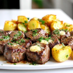 - 1 lb sirloin steak, cut into bite-sized cubes - 3 tablespoons unsalted butter, melted - 4 cloves garlic, minced - 1 teaspoon dried thyme - 1 teaspoon smoked paprika - 2 large potatoes, diced into small cubes - Salt and pepper to taste - 2 tablespoons olive oil - Fresh parsley, chopped (for garnish) Gathering the right ingredients is key to making Air Fryer Garlic Butter Steak Bites with Crispy Potatoes. Start with fresh sirloin steak. Cut it into bite-sized cubes. This cut of meat is tender and flavorful, perfect for quick cooking. Next, you'll need unsalted butter. Melt it and mix it with minced garlic. This garlic butter will coat the steak and infuse it with rich flavor. Garlic brings a punch that pairs well with the meat. Dried thyme adds a lovely depth. It is earthy and pairs nicely with the steak. Smoked paprika gives a nice smoky flavor. Its warmth adds complexity to the dish. For the crispy potatoes, use two large potatoes. Dice them into small cubes to ensure they cook evenly. The smaller the pieces, the crispier they will become. Don’t forget the seasoning! Salt and pepper are essential to enhance all the flavors. Olive oil is important for the potatoes. It helps them crisp up nicely in the air fryer. Finally, fresh parsley adds a pop of color and freshness as a garnish. These ingredients work together to create a delightful meal that shines with flavor. - Preheat your air fryer to 400°F (200°C). - In a mixing bowl, combine 3 tablespoons of melted unsalted butter, 4 minced garlic cloves, 1 teaspoon of dried thyme, 1 teaspoon of smoked paprika, salt, and pepper. This mixture is your garlic butter marinade. - Add 1 pound of cubed sirloin steak to the bowl. Toss the steak until it is evenly coated in the garlic butter marinade. - Let the steak marinate for 15 minutes. This allows the flavors to soak in. - In another bowl, toss 2 diced large potatoes with 2 tablespoons of olive oil, salt, and pepper until they are coated. - Place the seasoned potatoes in the air fryer basket in a single layer. Cook for 10 minutes. - After 10 minutes, shake the basket to move the potatoes around for even cooking. - Now, add the marinated steak bites to the air fryer basket with the potatoes. Cook for an additional 7 to 9 minutes. Shake the basket halfway through to ensure even crispiness. - Once the steak bites are cooked to your desired doneness, remove the basket from the air fryer. - Let the steak bites rest for a minute. Garnish with freshly chopped parsley. - Serve immediately with the crispy potatoes. For steak bites, I recommend cooking them to medium-rare or medium. Medium-rare gives you a nice juicy bite. If you prefer medium, it still tastes great but will be less juicy. Use a meat thermometer to check. Aim for 130°F (54°C) for medium-rare and 140°F (60°C) for medium. Resting the steak is very important. After cooking, let the steak sit for at least one minute. This allows the juices to settle inside the meat. If you cut into it right away, those juices will run out. You want to keep that flavor in every bite. To get crispy potatoes, follow a few simple tricks. First, cut the potatoes into small cubes. Smaller pieces cook faster and crisp up better. Toss them in olive oil and season well with salt and pepper. This helps the skin become crunchy. You can also try different seasonings for variety. For a spicy kick, add chili powder. For a herby taste, mix in rosemary or oregano. You can even sprinkle some grated cheese on top during the last few minutes of cooking. This makes the potatoes extra tasty and crispy! {{image_2}} You can swap the sirloin steak for other proteins. Chicken works great in this recipe. Use bite-sized pieces of chicken breast. Adjust the cooking time to about 12-15 minutes until cooked through. Shrimp is another tasty option. Use peeled and deveined shrimp. Cook them for about 6-8 minutes. The garlic butter will still shine through with these proteins. For a vegetarian twist, try mushrooms or tofu. Use hearty mushrooms like portobello or shiitake. Cut them into bite-sized pieces. For tofu, use firm tofu and press it to remove excess water. Cook both for around 10 minutes in the air fryer. Adding herbs and spices can take the dish to the next level. Fresh rosemary or oregano can add depth. Toss these in with the garlic butter marinade for extra flavor. You can also experiment with sauces. A splash of soy sauce can give a savory kick. For a spicy twist, consider adding sriracha or chili flakes to the marinade. These simple tweaks can elevate your Air Fryer Garlic Butter Steak Bites with Crispy Potatoes. Enjoy getting creative! To keep your steak bites and crispy potatoes fresh, follow these steps: - Cool Down: Let the food cool for about 30 minutes. This prevents steam from building up in the container. - Use Airtight Containers: Store the leftovers in airtight plastic or glass containers. This keeps moisture out and flavors intact. - Refrigerate Quickly: Place the containers in the fridge within two hours of cooking. This helps avoid bacteria growth. - Label and Date: Use a marker to label and date your containers. This helps you keep track of how long they have been stored. To reheat your steak bites and potatoes, you have a few good options: - Air Fryer: Preheat the air fryer to 350°F (175°C). Cook for about 5-7 minutes. Shake the basket halfway through to heat evenly. - Microwave: Place the food on a microwave-safe plate. Heat in short bursts of 30 seconds, stirring in between. This helps avoid overcooking. - Oven: Preheat your oven to 350°F (175°C). Spread the food on a baking sheet and heat for about 10 minutes. When reheating, check the steak and potatoes often. You want them warm, not overcooked. Enjoy your delicious meal again! To make steak bites tender, choose the right cut. Sirloin is a great option. You can also marinate the steak. Use acidic ingredients like lemon juice or vinegar. This helps break down the meat fibers. For even better results, let the steak sit at room temperature for 30 minutes before cooking. Yes, you can cook steak bites without an air fryer. One option is to use a skillet. Heat the skillet over medium-high heat. Add some oil and sear the steak for 3-4 minutes on each side. Another option is to bake them in the oven. Preheat your oven to 425°F (220°C) and cook on a baking sheet for 10-15 minutes. Steak bites go well with many sides. Crispy potatoes are a great choice, as you already know. You can also serve them with steamed veggies, like green beans or broccoli. A fresh salad with a tangy dressing complements the rich flavor of the steak. Consider garlic bread for a nice touch too. You learned how to make tasty steak bites with crispy potatoes. Using simple ingredients, you can create a delightful dish. Marinating the steak adds great flavor. Remember to let the steak rest for best results. Feel free to try different proteins and seasonings to suit your taste. Proper storage and reheating keep leftovers enjoyable. Enjoy experimenting and sharing this meal with friends and family!