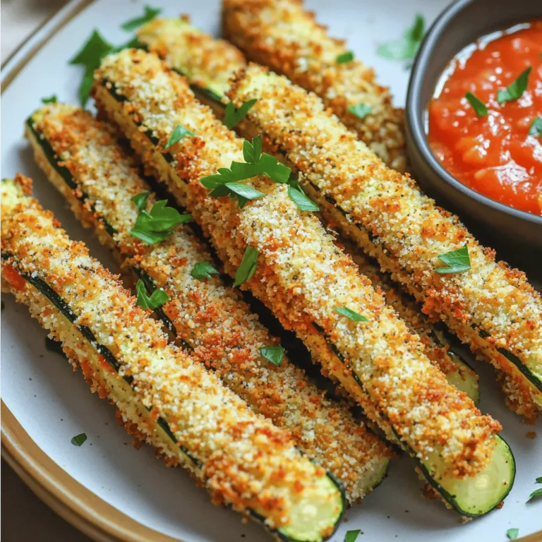 Here’s what you need to make crispy zucchini sticks. Each ingredient plays a big role in flavor and texture. - 2 medium zucchini, cut into sticks - 1 cup breadcrumbs (preferably whole grain or panko for extra crunch) - 1/2 cup grated Parmesan cheese - 1 teaspoon garlic powder - 1 teaspoon onion powder - 1 teaspoon Italian seasoning - Salt and pepper to taste - 2 large eggs, beaten - Olive oil spray You start with fresh zucchini. They should be firm and not too big. Cut them into sticks that are about the same size. This helps them cook evenly. Next, the breadcrumbs and cheese make a crunchy coating. I like to use whole grain or panko breadcrumbs. They give a better crunch! The seasoning mix adds great taste. Garlic powder, onion powder, and Italian seasoning work well together. Don’t forget to add salt and pepper to your liking. For the egg coating, you’ll need two large eggs. Beating them helps the breadcrumbs stick to the zucchini. Finally, the olive oil spray is key for getting that crispy texture. It helps the zucchini brown nicely in the air fryer. Gather these ingredients, and you’re ready to start making your delicious air fryer crispy zucchini sticks! Start by preheating your air fryer to 400°F (200°C). This step takes about 5 minutes. Preheating helps the zucchini sticks cook evenly. Don’t skip this; it makes a big difference in crispiness. Next, grab a shallow bowl. In it, mix together 1 cup of breadcrumbs, 1/2 cup of grated Parmesan cheese, 1 teaspoon of garlic powder, 1 teaspoon of onion powder, and 1 teaspoon of Italian seasoning. Add salt and pepper to taste. Mix well until everything is combined. This blend gives the sticks great flavor and crunch. In another bowl, beat 2 large eggs until smooth. Take each zucchini stick and dip it into the egg mixture. Let any extra egg drip off. Then roll the stick in the breadcrumb mixture. Make sure each stick is well-coated. Place the coated sticks on a plate. Spray the air fryer basket lightly with olive oil. Arrange the zucchini sticks in a single layer in the basket. Avoid crowding them; this helps them crisp up nicely. If needed, cook in batches. Lightly spray the tops with olive oil spray. Air fry for 10 to 12 minutes, flipping the sticks halfway through. They should be golden brown and crispy when done. Once cooked, carefully take the zucchini sticks out of the air fryer. Let them cool for a couple of minutes. Serve them warm with a side of marinara sauce or a creamy dip. For a pop of color, garnish with fresh parsley or basil. Enjoy your crispy zucchini sticks! To get your zucchini sticks super crispy, I have a few tips. First, use panko breadcrumbs or whole grain for extra crunch. These types catch more air and create a nice texture. Also, don’t skip the olive oil spray. A light coat on the zucchini helps them crisp up. Lastly, flipping them halfway through cooking makes sure both sides turn golden brown. When preparing zucchini, always choose firm zucchinis. They should feel heavy for their size. Next, cut them evenly into sticks. This helps them cook at the same rate. Remove excess moisture by patting them dry with a paper towel. Less moisture means better crispiness. Avoid overcrowding the air fryer basket. If the zucchini sticks touch, they won’t cook properly. Cook them in batches if needed. Another mistake is not seasoning enough. A little salt and pepper go a long way in enhancing flavor. Lastly, don’t skip the egg coating. This helps the breadcrumbs stick and adds flavor. {{image_2}} You can easily make a gluten-free version of these zucchini sticks. Just swap out regular breadcrumbs for gluten-free breadcrumbs. You can find these at most grocery stores. They work well and still give that nice crunch. This way, everyone can enjoy this tasty snack! Want to boost the flavor of your zucchini sticks? Here are a few ideas: - Add spices: Consider adding cayenne pepper or paprika for some kick. - Use different cheeses: Try using cheddar cheese or mozzarella for a new taste. - Fresh herbs: Mix in some chopped fresh parsley or basil for extra freshness. These little changes can make your dish stand out! Dipping sauces can take your zucchini sticks to the next level. Here are some fun options: - Marinara sauce: This classic choice pairs well with the crunchy texture. - Ranch dressing: A creamy ranch adds a nice touch. - Garlic aioli: If you love garlic, this sauce is perfect for you. - Spicy mayo: Mix mayo with sriracha for a zesty option. Experiment with these sauces to find your favorite! To store your leftover crispy zucchini sticks, let them cool first. Place them in an airtight container. Store them in the fridge for up to three days. You can stack them, but try to keep them in a single layer for best results. This will help them stay crunchy. When you want to enjoy your leftovers, the air fryer is your best friend. Preheat the air fryer to 350°F (175°C). Place the zucchini sticks in the basket in a single layer. Heat for about 5 to 7 minutes. This will crisp them up nicely. You can also use an oven at the same temperature for about 10 minutes. If you want to save some for later, freezing is easy. First, let the zucchini sticks cool completely. Arrange them in a single layer on a baking sheet. Freeze for about an hour until solid. Then, transfer them to a freezer bag or container. They can stay frozen for up to three months. When you’re ready to eat, cook them straight from the freezer in the air fryer. Just add a couple of extra minutes to the cooking time. Yes, you can. Use a regular oven instead. Preheat your oven to 425°F (220°C). Place the coated zucchini sticks on a baking sheet lined with parchment paper. Bake them for 20-25 minutes, flipping halfway. Keep an eye on them until they are golden and crispy. You have options! Try crushed cornflakes or ground oats for a crunchy finish. You can also use almond flour for a low-carb choice. Each option gives a unique taste while keeping the texture crispy. To get the best texture, cut the zucchini evenly. This helps them cook at the same rate. Use a light coating of egg for adhesion. Make sure to coat them well in the breadcrumb mix. Do not overcrowd the air fryer; this helps them crisp up nicely. Store leftover zucchini sticks in an airtight container. They will last about 2-3 days in the fridge. Reheat them in the air fryer for about 5 minutes to regain their crunch. Avoid the microwave, as it will make them soggy. This blog post covered how to make tasty zucchini sticks. We discussed the right ingredients, like zucchini, breadcrumbs, and cheese. You learned step-by-step instructions to air fry them to perfect crispiness. I shared tips to avoid common mistakes and variations to try. We also looked at how to store leftovers for later. Enjoying your zucchini sticks can be simple and fun. Remember to experiment with flavors and dipping sauces. You’ll impress your family and friends with your delicious creation. Happy cooking!