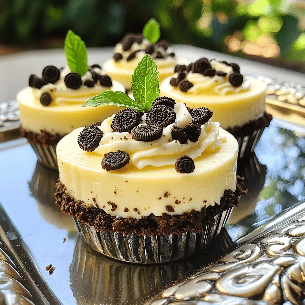 To make No Bake Oreo Cheesecake Cups, you need: - 16 Oreo cookies, crushed - 4 tablespoons unsalted butter, melted - 1 (8 oz) package cream cheese, softened - 1 cup powdered sugar - 1 teaspoon vanilla extract - 1 cup heavy whipping cream - 1 cup mini Oreo cookies for topping These ingredients come together to create a rich and creamy dessert. You can swap some ingredients if needed. For a lighter option, use low-fat cream cheese. If you prefer less sugar, reduce the powdered sugar to taste. You can use dairy-free cream cheese if you want a vegan treat. For a gluten-free version, look for gluten-free Oreo cookies. Having the right tools makes the process easy. You will need: - Medium mixing bowls - Electric mixer or hand mixer - Measuring cups and spoons - Small cups or glasses for serving - A spoon for packing the crust These tools help you mix, measure, and serve your delicious cheesecake cups with ease. To start, crush 16 Oreo cookies in a medium bowl. You can use a rolling pin or your hands to crush them. Next, add 4 tablespoons of melted unsalted butter. Mix well until the cookies look shiny. This step is key for a tasty crust. Take about 2 tablespoons of this mixture and press it into the bottom of each cup. Use the back of a spoon for a tight pack. In a clean bowl, beat 1 (8 oz) package of softened cream cheese. Use a hand mixer until it is smooth. Then, gradually mix in 1 cup of powdered sugar and 1 teaspoon of vanilla extract. Keep beating until there are no lumps. In another bowl, whip 1 cup of heavy cream until stiff peaks form. Fold the whipped cream into the cream cheese mix gently. This makes your filling light and fluffy. Now it’s time to layer! Spoon the cheesecake filling into each cup. Fill them to the top over the Oreo crust. For a fun touch, crumble some mini Oreo cookies on top for decoration. Finally, refrigerate the cups for at least 2 hours. This helps the flavors blend and sets the cheesecake. Enjoy your easy and delicious treat! To get a smooth and fluffy texture, beat the cream cheese well. Use a hand mixer to whip the cream cheese until it is creamy. This helps avoid lumps. When you whip the heavy cream, make sure it reaches stiff peaks. This adds air and lightness to your cheesecake. Folding the whipped cream into the cream cheese mixture is key. Be gentle so you keep the air in the mix. This will give you a soft and creamy filling. For a stunning presentation, serve your cheesecake cups on a pretty tray. You can add a small mint leaf on top of each cup for a fresh touch. This adds color and makes it look fancy. You can also layer the chocolate syrup or caramel sauce on top for extra flavor. Consider using clear cups so guests can see the layers inside. This makes each cup look even more tempting. If your cheesecake filling is too runny, it might be due to under-whipping the cream. Make sure you whip the cream until stiff peaks form. If you find lumps in the cream cheese, it may not have been softened enough. Always let it sit at room temperature before mixing. If your crust crumbles too easily, try adding a bit more melted butter. This helps the cookies stick together better. If all else fails, don’t worry! It will still taste great. {{image_2}} You can make these no-bake Oreo cheesecake cups more fun by adding fruit. Berries like strawberries or raspberries pair well with the rich cream. Just mash them up a bit and mix them into the cream cheese filling. You can also layer some fruit at the bottom of the cups before adding the filling for a colorful surprise. Try using banana slices for a creamy twist, or even add a splash of orange zest for a citrus kick. For those who need vegan options, you can easily swap some ingredients. Use a vegan cream cheese in place of regular cream cheese. Instead of heavy cream, you can use coconut cream for that rich texture. For the crust, replace the butter with vegan butter or coconut oil. The Oreos are usually vegan, but check the packaging to be sure. This way, everyone can enjoy the treat! Toppings make these cups even more special. You can sprinkle crushed Oreos on top for extra crunch. Mini chocolate chips or crushed nuts add a nice touch, too. For a fresh look, add a mint leaf or a slice of fresh fruit on top. If you want a little chocolate flair, drizzle some chocolate sauce over the cups right before serving. These little details make your dessert not just tasty but also eye-catching! To keep your No Bake Oreo Cheesecake Cups fresh, store them in the fridge. Use a tight lid to cover each cup. This helps keep them cool and safe from odors. If you plan to eat them later, avoid adding toppings until serving. These cheesecake cups last about 3 to 4 days in the fridge. If you want to freeze them, place the cups in a safe container. They can stay in the freezer for up to a month. When you’re ready, let them thaw in the fridge overnight before eating. There’s no need to heat these cheesecake cups. They taste best cold. If they seem a bit soft after freezing, just chill them longer in the fridge. You can add whipped cream or fresh toppings to refresh their look and taste. Yes, you can make these Oreo cheesecake cups ahead of time. They taste even better after chilling. You can prepare the cups up to 24 hours in advance. Just store them in the fridge until you are ready to serve. This makes them perfect for parties or gatherings. To boost the chocolate flavor, you can add cocoa powder. Mix in about 2 tablespoons of unsweetened cocoa powder with the cream cheese. You can also use chocolate pudding mix for a richer taste. Another option is to drizzle melted chocolate on top before serving. If you want a lighter option, use whipped topping instead of heavy cream. You can also use coconut cream as a dairy-free choice. Just chill a can of coconut milk overnight. Then, scoop out the solid part and whip it until fluffy. This will give you a creamy texture without heavy cream. In this blog post, we covered how to make delicious cheesecake cups. I shared the ingredients you'll need, plus helpful substitutions and tools. You learned step-by-step instructions, from the Oreo crust to the cheesecake filling. I offered tips for the best texture and ideas for serving. We explored fun flavor variations and ways to store your treats. These cheesecake cups are simple and tasty. You can adjust them for your needs and enjoy them anytime. Get creative and make this recipe your own.