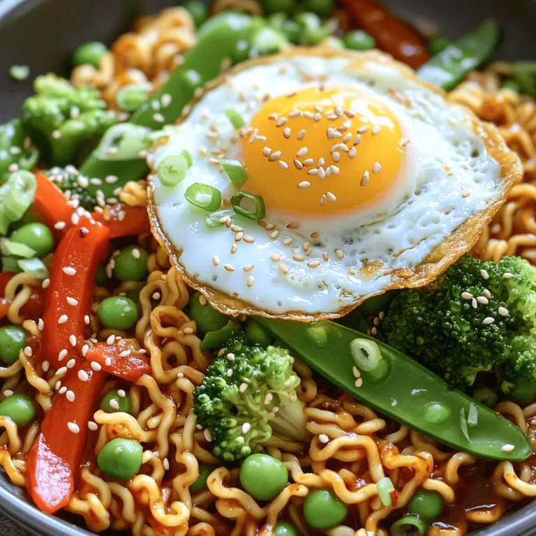 To make this dish, gather these key ingredients: - 2 packs of instant ramen noodles (discard the seasoning packets) - 1 tablespoon gochujang (Korean red chili paste) - 2 tablespoons soy sauce - 1 tablespoon sesame oil - 1 tablespoon vegetable oil - 1 medium onion, sliced - 2 cloves garlic, minced - 1 red bell pepper, sliced - 1 cup broccoli florets - 1 cup snap peas - 2 green onions, chopped - 1 tablespoon sesame seeds (for garnish) - Optional: fried egg (for topping) These ingredients create a delicious and spicy meal. The gochujang brings heat and depth. The veggies add color and crunch. For extra flavor and texture, consider these toppings: - Fried egg - Chopped cilantro - Sliced radishes - Crushed peanuts These toppings enhance the dish and provide a delightful finish. You can mix and match for your taste. If you want to switch things up, try these alternatives: - Substitute gochujang with sriracha or chili paste - Use zucchini or carrots instead of bell peppers - Replace broccoli with green beans These options keep the dish exciting and suit your pantry. Feel free to experiment to find your favorite flavor. Start by boiling water in a pot. Add two packs of instant ramen noodles. Cook them as the package says, but stop one minute early. This keeps them firm. Once done, drain the noodles and set them aside. In a small bowl, mix 1 tablespoon of gochujang, 2 tablespoons of soy sauce, and 1 tablespoon of sesame oil. This makes a spicy and tasty sauce. Set this sauce aside for later. Heat 1 tablespoon of vegetable oil in a large skillet or wok. Use medium-high heat. Add one sliced onion and cook for 2-3 minutes. Wait until the onion looks clear. Then, add 2 minced garlic cloves and cook for 1 more minute. The garlic should smell nice. Next, toss in 1 sliced red bell pepper, 1 cup of broccoli florets, and 1 cup of snap peas. Stir-fry these for 5-7 minutes. The veggies should be soft but still crunch. Now, add the cooked ramen noodles to the skillet. Pour the spicy sauce over the noodles and veggies. Toss everything together well. Cook for about 2-3 minutes until it is hot. Finally, take it off the heat. Garnish with chopped green onions and sesame seeds. If you want, add a fried egg on top for extra flavor. To save time, use pre-cut vegetables. You can find them in most stores. This cuts down on prep time. Another tip is to cook the ramen noodles while you prepare the sauce. This multitasking makes the dish come together fast. For a great stir fry, keep your heat high. This helps the veggies stay crisp. Don’t overcrowd the pan; cook in batches if needed. Stir often to ensure even cooking. Aim for bright colors and a slight crunch in each bite. To amp up the flavor, try adding more gochujang. You can add a splash of lime juice for brightness. A drizzle of honey balances the heat nicely. Lastly, garnish generously with sesame seeds and green onions. This adds both flavor and a pop of color. {{image_2}} You can add protein to your Spicy Gochujang Ramen Stir Fry easily. Chicken works great. Use thin slices of chicken breast or thigh. Cook it first in the skillet until golden. Then, add your veggies and sauce. Shrimp is another tasty option. Toss peeled shrimp in the skillet and cook until they turn pink. This adds a nice seafood flavor. Tofu is perfect for a plant-based meal. Use firm tofu and cut it into cubes. Sauté it until crispy before adding veggies. This keeps it flavorful and adds great texture. Feel free to swap out vegetables based on what you have. Carrots can replace snap peas. Just slice them thin and add them early in the cooking process. You can use bell peppers of any color, too. Zucchini or mushrooms would also work well. Just remember to keep the cooking time similar. You want your veggies to stay crisp and colorful. If you want more heat, add extra gochujang or some chili flakes. Just a little can make a big difference. Start with a small amount, then taste. For a milder dish, reduce the gochujang. You can add a bit of honey or sugar to balance the flavors. This makes the dish sweeter and less spicy. Experiment with these variations to find your ideal Spicy Gochujang Ramen Stir Fry! After cooking, let your Spicy Gochujang Ramen Stir Fry cool. Store it in an airtight container. It stays fresh in the fridge for up to three days. Make sure to cover it well. This helps keep the flavors intact. To reheat, simply place the stir fry in a skillet over medium heat. Add a splash of water to help steam it. Stir it often until it's hot throughout. You can also microwave it. Use a microwave-safe dish and cover it loosely. Heat in short bursts, stirring in between. If you want to freeze your Spicy Gochujang Ramen Stir Fry, let it cool completely first. Place it in a freezer-safe container. It can last up to three months in the freezer. When you’re ready to eat, thaw it overnight in the fridge. Then reheat as mentioned earlier. Gochujang is a Korean red chili paste. It has a thick texture and a deep red color. The taste is spicy, sweet, and a bit salty. It adds a rich flavor to dishes. You can use it in many recipes, like marinades and sauces. It makes your food exciting and full of taste. Yes, you can use non-instant ramen noodles. Just cook them according to the package. Keep in mind that the cooking time may differ. Make sure they are firm but not too soft. This will help them stay chewy when you stir fry. To make this dish vegetarian, skip the fried egg. Instead, add more veggies or some tofu. Tofu will add protein and texture. You can use any vegetables you like, such as carrots, mushrooms, or spinach. This way, you still get a tasty meal. Many dishes pair well with Spicy Gochujang Ramen Stir Fry. You can serve it with a simple salad. A cucumber salad adds freshness. You could also try spring rolls or dumplings on the side. These dishes will balance the spice and create a well-rounded meal. This spicy gochujang ramen stir fry is easy and fun to make. We covered the needed ingredients, cooking steps, and tips to enhance flavor. You can even adjust the recipe to fit what you have at home. Remember, with simple swaps and the right techniques, you can create a dish that’s just right for your taste. Experiment with toppings and proteins for a personal touch. Enjoy your delicious creation, and don't forget to share it with friends!