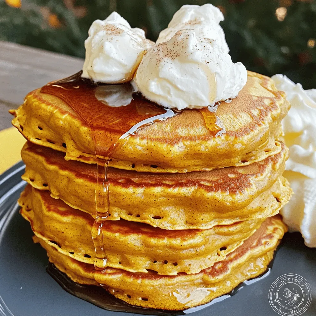 To make these fluffy pancakes, gather these ingredients: - 1 cup all-purpose flour - 1 tablespoon baking powder - 1/2 teaspoon baking soda - 1/2 teaspoon cinnamon - 1/4 teaspoon nutmeg - 1/4 teaspoon ginger - 1/4 teaspoon salt - 1 cup buttermilk - 1/2 cup canned pumpkin puree - 1 large egg - 2 tablespoons sugar - 2 tablespoons melted butter - 1/2 cup cream cheese, softened - Maple syrup and whipped cream for serving Each ingredient plays a key role. The flour gives structure, while the buttermilk adds moisture. The pumpkin puree brings a lovely flavor and color. Spices like cinnamon and nutmeg add warmth and depth. Using quality ingredients makes a difference. For flour, I recommend King Arthur or Bob's Red Mill. They offer great texture. For pumpkin puree, Libby's is a reliable choice. Look for pure pumpkin, not pie filling. For cream cheese, Philadelphia is the gold standard. It blends well and gives that creamy texture. If you run out of an ingredient, don't worry! Here are some swaps: - Flour: You can use whole wheat flour for a healthier option. - Buttermilk: Mix 1 cup of milk with 1 tablespoon of vinegar. Let it sit for 5 minutes. - Pumpkin Puree: Use applesauce for a different flavor. - Cream Cheese: Substitute with ricotta for a lighter texture. These swaps maintain the taste and texture while being flexible for your pantry needs. Enjoy getting creative! Start by gathering your dry ingredients. In a large bowl, mix together: - 1 cup all-purpose flour - 1 tablespoon baking powder - 1/2 teaspoon baking soda - 1/2 teaspoon cinnamon - 1/4 teaspoon nutmeg - 1/4 teaspoon ginger - 1/4 teaspoon salt Whisk these ingredients well. This step helps to evenly distribute the baking powder and spices. Set the bowl aside for later. Next, focus on the wet ingredients. In another bowl, combine: - 1 cup buttermilk - 1/2 cup canned pumpkin puree - 1 large egg - 2 tablespoons sugar - 2 tablespoons melted butter Mix well until everything is smooth. This mixture will bring moisture and flavor to your pancakes. Now, it’s time to combine your two mixtures. Gradually add the dry ingredients to the wet mixture. Stir gently with a spatula. It’s okay if some small lumps remain. Overmixing can lead to tough pancakes, so be careful here. Heat a non-stick skillet or griddle over medium heat. Lightly grease it with butter or cooking spray. Pour 1/4 cup of batter onto the skillet for each pancake. As the pancakes cook, drop a small spoonful of cream cheese on top before bubbles form. This takes about 2-3 minutes. When the edges look set and bubbles appear in the center, it’s time to flip. Cook for an additional 1-2 minutes until golden brown. Repeat with the rest of the batter. Adjust the heat if needed to avoid burning. Serve your pancakes warm, topped with maple syrup and whipped cream. Enjoy! To get fluffy pancakes, use fresh baking powder. This makes them rise well. Make sure your buttermilk is at room temperature. Cold liquids can make the batter dense. Mix the wet and dry ingredients gently. Overmixing can lead to tough pancakes. Leave some small lumps; they help keep the pancakes light. Adding spices is key to great flavor. Use cinnamon, nutmeg, and ginger for warmth. You can adjust these spices to suit your taste. If you love pumpkin spice, add more cinnamon or a pinch of cloves. This will give your pancakes a cozy fall flavor. One big mistake is flipping too soon. Wait until bubbles form on top before flipping. Another mistake is using too much batter. Stick to 1/4 cup for each pancake. This helps them cook evenly. Always check your heat; too high will burn the pancakes. If they brown too fast, lower the heat. {{image_2}} You can make your pancakes even more fun by adding chocolate chips or nuts. Simply stir in half a cup of semi-sweet chocolate chips or chopped nuts into the batter. If you love walnuts or pecans, they work great! The chocolate adds sweetness, while nuts give a nice crunch. If you want a stronger pumpkin flavor, try the pumpkin spice variation. Just add an extra teaspoon of pumpkin pie spice to the dry mix. This will make your pancakes smell and taste even more like fall. You can also swap out some of the cinnamon for the pumpkin pie spice for a fun twist. For a gluten-free version, use a gluten-free all-purpose flour blend instead. Make sure it has xanthan gum in it; this helps the pancakes hold together. The rest of the recipe stays the same. Your pancakes will still be fluffy and delicious, just without the gluten. Enjoy your tasty meal! To keep your pancakes fresh, let them cool first. Stack the pancakes with parchment paper between each one. This helps prevent them from sticking together. Place the stack in an airtight container. Store it in the fridge for up to three days. If you want to keep them longer, freezing is a great option. When you are ready to eat your leftover pancakes, reheating is simple. You can use a microwave for quick heating. Place a pancake on a microwave-safe plate. Cover it with a damp paper towel to keep it moist. Heat it for about 20 seconds. If you want a crispier texture, use a skillet. Heat the skillet over medium-low heat. Add a little butter and warm each side for about one minute. Freezing pancakes is easy and fun! First, let them cool completely. Then, stack them with parchment paper in between. Wrap the stack tightly in plastic wrap or use a freezer bag. Label the bag with the date and type. Store in the freezer for up to two months. When you are ready to enjoy them, just reheat as described above. This way, you can have a delicious breakfast ready in no time! Yes, you can use fresh pumpkin. Start with a small pumpkin. Cut it, remove the seeds, and roast it until soft. Then, scoop the flesh and blend it until smooth. You need about 1/2 cup of fresh puree for this recipe. Fresh pumpkin gives a great taste, but canned is easier and quicker. You can tell pancakes are done when the edges look set. Bubbles will form on the surface. If you flip them, they should be golden brown. Cook for about 1-2 minutes on each side. If you are unsure, poke a pancake with a fork. If it springs back, it’s done. These pancakes shine with maple syrup and whipped cream. You can also add nuts or fresh fruit for extra flavor. A sprinkle of cinnamon or a dollop of yogurt can boost taste too. Get creative and make it your own! Fluffy Pumpkin Cream Cheese Pancakes are a delight. We covered key ingredients for the best taste. You learned tips for mixing and cooking pancakes flawlessly. We explored fun variations and how to store leftovers. Remember, using the right spices makes a big difference. With practice, you can avoid common mistakes. Enjoy making these pancakes for breakfast or brunch. They are simple, fun, and delicious!