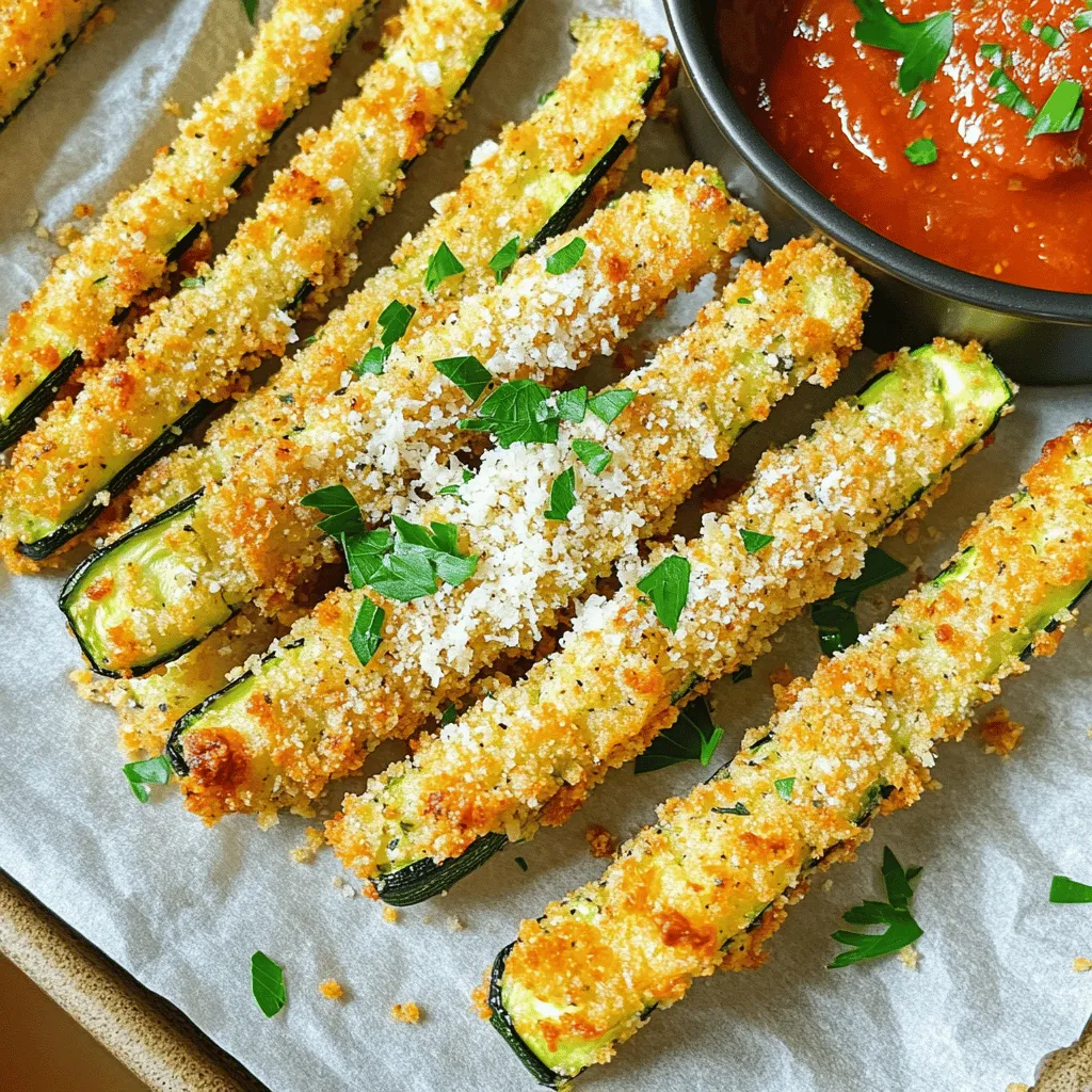 - 2 medium zucchinis - 1/2 cup all-purpose flour - 2 large eggs - 1 cup seasoned breadcrumbs - 1/2 cup grated Parmesan cheese - Spices: garlic powder, onion powder, paprika, salt, and pepper - Cooking spray - Calories: Approximately 180 per serving - Total Fat: 8g - Carbohydrates: 20g - Protein: 7g - Vitamins: Rich in Vitamin C and A - Air fryer - Shallow dishes for coating - Cooking spray Gather your ingredients and equipment before you start. This helps keep the process smooth. The zucchini gives a fresh taste, while the Parmesan adds a nice crunch. Each ingredient plays a key role in making these fries a hit. As for nutrition, these fries are a lighter option. They pack a punch of flavor without too many calories. The combination of vegetables and cheese makes them a tasty treat. You can enjoy these fries guilt-free! Make sure you have your air fryer ready. This is the star of the show! It cooks the fries evenly and gives them that desired crunch. You can also use shallow dishes for easy coating. When you have everything ready, you set yourself up for success. First, take your zucchinis and cut them into fries. Aim for 1/4 inch thick pieces. This size helps them cook evenly. Next, grab a shallow dish and add the all-purpose flour. Season the flour with salt and pepper. Mixing these simple spices adds great flavor to every fry. Now it’s time to coat those zucchini fries. Start by taking one fry and dip it into the seasoned flour. Shake off any extra flour. This step keeps the coating light and crisp. Then, dip the floured fry into the beaten eggs. Let the excess egg drip off before moving on. Finally, coat the fry with the breadcrumb mixture. Press gently to make sure the crumbs stick well. Repeat this process for all your zucchini fries for a uniform coating. Before cooking, preheat your air fryer to 400°F (200°C). This step ensures your fries cook evenly and get that perfect crispiness. Once preheated, lightly spray the air fryer basket with cooking spray. Place the zucchini fries in a single layer. Make sure they do not touch each other. This helps them cook properly. After placing them, spray the tops of the fries lightly with cooking spray. Now, air fry the zucchini fries for about 10-12 minutes. Flip them halfway through to ensure even cooking. Check for doneness when they look golden brown and crispy. Remove them from the air fryer and let them rest for a minute before serving. Enjoy your crispy delight! To get the best crispiness, cooking spray is key. It helps the fries turn golden and crunchy. I always spray the air fryer basket before adding the fries. This step ensures they don’t stick. I also spray the tops of the fries lightly. This extra coating makes a big difference. If your zucchini fries are thick, adjust the cooking time. Thicker fries may need more time to cook through. Check them around the 12-minute mark. Flip them halfway for even cooking. Pairing these fries with dips can elevate the dish. I love serving them with marinara sauce or garlic aioli. Both dips add great flavor. For a nice presentation, use a parchment-lined platter. Arrange the fries neatly and add a bowl of dip. Garnish with freshly grated Parmesan and parsley. This adds color and makes them look fancy. Avoid overcrowding the air fryer. If you stack the fries, they won’t cook evenly. Cook in batches if needed. Another mistake is skipping seasoning steps. Always season each layer well. This ensures every bite is packed with flavor. Don’t rush; take your time to coat each fry properly. {{image_2}} You can switch up the flavor of your zucchini fries easily. Adding different spices or herbs can make a big change. Try adding Italian seasoning for a classic taste. You can also use chili powder for a bit of heat. Fresh herbs like parsley or basil can add a nice touch too. Using different types of cheese also works well. You can try cheddar or mozzarella for a different flavor. Each cheese brings its own unique taste. Mixing cheeses can create a yummy blend that everyone will love. If you want a gluten-free option, replace the flour and breadcrumbs. You can use almond flour or gluten-free breadcrumbs. These options still give a great crunch. Another fun twist is to use crushed nuts or seeds. Almonds or sunflower seeds can add a nice crunch. Just make sure to chop them finely before using. This adds flavor and texture to your fries. You can make these zucchini fries a main dish. Pair them with cooked chicken or shrimp for extra protein. This turns a snack into a full meal. Serving alongside salads or other sides is a great idea too. A fresh salad with a light dressing complements the fries well. You can also serve them with roasted veggies for a balanced dish. After making these delicious zucchini fries, store any leftovers in the fridge. Let them cool first. Place them in an airtight container. This keeps them fresh and tasty. To bring back the crispiness, reheat them in the air fryer. Set the air fryer to 350°F (175°C). Heat for about 5-7 minutes. Check often so they don’t burn. These zucchini fries last up to 3 days in the fridge. You can freeze them for up to 2 months. Just make sure they are in a sealed bag or container. Enjoy them later when you're ready! Yes, you can bake zucchini fries. Preheat your oven to 425°F (220°C). Line a baking sheet with parchment paper. Arrange the coated zucchini fries in a single layer. Bake for 20-25 minutes, flipping halfway through. Check for a crispy golden color. Baking may take a bit longer than air frying, but the results are still tasty. If you want to skip Parmesan, try other cheeses. Grated mozzarella or cheddar work well. Nutritional yeast is a great vegan option. It adds a cheesy flavor without dairy. Adjust the amount based on your taste. Feel free to experiment with different cheeses to find your favorite flavor. To add heat, mix in spices. Try cayenne pepper or red pepper flakes. Sprinkle these into your breadcrumb mix. You can also use chili powder for a smoky touch. For more heat, add hot sauce to the beaten eggs. Adjust the spice level to fit your taste. Zucchini fries are a tasty and healthy snack. We covered key ingredients, equipment, and step-by-step cooking tips. You learned how to coat the fries for crunchiness and serve them with dips. I shared common mistakes to avoid and fun flavor variations. Remember, an air fryer is your best friend for this recipe. Enjoy your crispy zucchini fries with friends or family. They make a great side dish or snack. Try different spices or coatings to make them your own. Happy cooking!