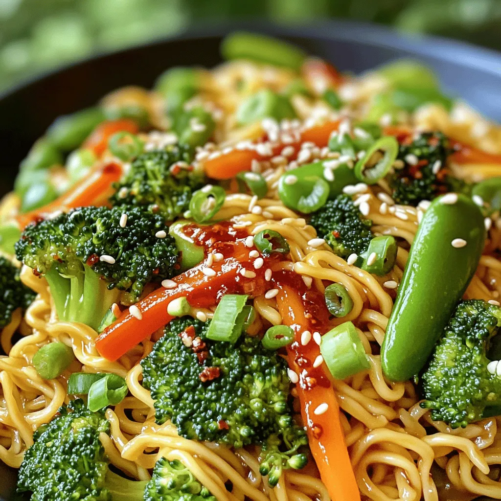 - 2 packs of instant ramen noodles (discard the seasoning packets) - 2 tablespoons chili crisp oil (or more to taste) - 1 tablespoon sesame oil - 1 cup broccoli florets - 1 red bell pepper, sliced - 1 carrot, julienned - 1 cup snap peas - 3 green onions, chopped - 2 cloves garlic, minced - 1 tablespoon ginger, minced - 1 tablespoon soy sauce - 1 tablespoon rice vinegar - 1 tablespoon hoisin sauce - Salt and pepper to taste - Sesame seeds for garnish You can swap instant ramen with rice noodles or udon noodles. You can also use any veggies you like, such as bell peppers or spinach. If you need a different oil, use olive oil instead of sesame oil. For a vegan option, ensure your hoisin sauce is plant-based. You can replace chili crisp oil with sriracha for heat. You will need a large pan or wok to cook the stir fry. A pot for boiling the ramen is also important. Use a cutting board and knife for chopping the veggies. A spatula or tongs helps to stir and toss everything. Measuring spoons will ensure you add the right amount of sauces and oils. First, boil water in a pot. Once it bubbles, add two packs of instant ramen noodles. Cook them for about 3-4 minutes. You want them soft but not mushy. After cooking, drain the noodles and set them aside. This will be the base of your stir fry. Next, grab a large pan or wok. Heat two tablespoons of sesame oil over medium-high heat. Add your broccoli florets, red bell pepper slices, julienned carrot, and snap peas. Sauté these veggies for about 5-7 minutes. You want them tender but still crisp. This keeps the colors bright and the flavors fresh. Then, add minced garlic and ginger to the pan. Stir them in, cooking for another 1-2 minutes. This step adds wonderful aroma and taste to your dish. Now it's time to combine everything. Toss the cooked ramen noodles into the pan with the vegetables. Pour in two tablespoons of chili crisp oil, one tablespoon of soy sauce, one tablespoon of rice vinegar, and one tablespoon of hoisin sauce. Mix everything well so the noodles get coated in those tasty sauces. Finally, taste your stir fry. If it needs more flavor, add salt and pepper. Once it’s just right, remove the pan from heat. Garnish your dish with chopped green onions and sesame seeds before serving. Enjoy your colorful and spicy Chili Crisp Ramen Stir Fry! To cook ramen just right, follow these steps. Start with a pot of boiling water. Add the ramen and cook for about 3-4 minutes. Stir gently to prevent sticking. Drain the noodles well. Rinse them briefly under cold water. This keeps them from getting mushy. Set them aside while you prepare the stir fry. For a flavor boost, try these tips. Add more chili crisp oil for heat. You can mix in some soy sauce or hoisin sauce. A splash of rice vinegar brightens the dish. Fresh herbs like cilantro or basil add freshness. Don’t forget to sprinkle sesame seeds for crunch. Each of these tips enhances your meal. Watch out for these common mistakes. Don't overcook the ramen; it should be firm. Skipping the rinse makes noodles sticky. Avoid crowding the pan with too many veggies. This prevents even cooking. Lastly, taste your dish before serving. Adjust seasoning as needed for the best flavor. {{image_2}} You can add meat to your Chili Crisp Ramen Stir Fry for extra protein. Chicken works well. Simply cut it into bite-sized pieces and cook it in the pan first. Then add the veggies. Tofu is a great choice too. Use firm tofu, press it to remove water, and cube it. Cook it until golden. If you prefer beef, thinly slice it against the grain and add it to the pan. Each meat choice gives a different flavor and texture. Feel free to swap vegetables based on what you have. Zucchini or bell peppers can replace broccoli. Mushrooms add a nice umami taste. Spinach wilts down well and adds nutrients. You can also use frozen veggies if you’re in a hurry. Just make sure to adjust cooking time, so they heat through but don’t get mushy. The more colors you add, the more fun your dish will look! Want more heat? Add more chili crisp oil! Start with one extra tablespoon and taste it. If you love spice, sprinkle in some red pepper flakes too. You can even add sliced fresh chilies for a kick. Adjust the spice to your liking. Just remember, it’s easier to add than to take away! This way, you make the dish your own while enjoying that bold, spicy flavor. Store any leftover chili crisp ramen stir fry in an airtight container. Make sure it cools down to room temperature first. Place it in the fridge within two hours of cooking. Properly stored, it can last for up to three days. When you're ready to eat, check for any off smells or changes in texture. To reheat the stir fry, you can use a pan or microwave. If using a pan, add a splash of water or oil. Heat it on medium until hot, stirring often. This helps keep the noodles from sticking together. If using a microwave, place the stir fry in a microwave-safe dish. Cover it with a lid or microwave-safe wrap. Heat it in 30-second intervals, stirring in between, until evenly warm. You can freeze chili crisp ramen stir fry, but the texture may change when thawed. Portion the stir fry into freezer-safe bags or containers. Remove as much air as possible before sealing. Label the bags with the date. It can last up to three months in the freezer. To enjoy, thaw it overnight in the fridge, then reheat as described above. Yes, you can use other noodles. Try udon, soba, or rice noodles. Each type gives a different texture. Udon is thick and chewy. Soba adds a nutty flavor. Rice noodles are light and soft. Just adjust the cooking time based on the noodle type. If you don’t have chili crisp oil, use regular chili oil. You can also mix sesame oil with crushed red pepper flakes. This will give you some heat. If you want less spice, try olive oil with a bit of garlic and chili powder. Chili crisp ramen stir fry lasts about 3 to 4 days in the fridge. Store it in an airtight container. This keeps the flavors fresh. When you’re ready to eat, just reheat it in a pan or microwave. In this blog post, we covered all you need for making great ramen. We looked at essential ingredients, their substitutes, and key tools. I provided a clear step-by-step guide, tips for perfecting your dish, and variations to suit your taste. Remember to follow storage tips to keep your ramen fresh. With these insights, you can enjoy delicious ramen and impress others. Happy cooking!