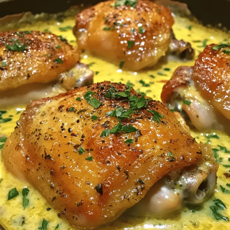 To make creamy garlic butter chicken thighs, grab these ingredients: - 4 bone-in, skin-on chicken thighs - 3 tablespoons unsalted butter - 4 cloves garlic, minced - 1 cup heavy cream - 1 cup chicken broth - 1 teaspoon dried thyme - 1 teaspoon paprika - Salt and pepper to taste - Fresh parsley, chopped (for garnish) Each ingredient plays a key role in the flavor. The chicken thighs give a rich base. The butter adds depth and creaminess. Garlic offers a lovely aroma and taste. Heavy cream creates that silky sauce we crave. Chicken broth adds savory notes. Herbs like thyme and paprika boost the dish. Measuring correctly ensures your meal is just right. Too much or too little can change the dish's taste. If you don't have an ingredient, don't worry! You can swap fresh garlic for garlic powder. Use olive oil instead of butter for a lighter option. For a lighter sauce, try half-and-half instead of heavy cream. Chicken thighs can be replaced with chicken breasts, though they might cook faster. Always taste as you go. Adjust seasoning to fit your preference. Cooking should be fun and flexible! First, season the chicken thighs. Use salt, pepper, paprika, and thyme. Make sure to coat both sides well. This adds flavor to the chicken. Let them sit for a few minutes. This helps the spices soak in. Next, heat a large skillet over medium-high heat. Add 2 tablespoons of butter. Once melted, place the chicken thighs skin-side down. Sear them for 5-7 minutes until golden brown. Flip the thighs and sear the other side for 5 minutes. Remove them from the skillet and set aside. Now, reduce the heat to medium. Add the last tablespoon of butter to the skillet. Once melted, add the minced garlic. Sauté it for about 30 seconds until fragrant. Be careful not to burn the garlic. Then, pour in 1 cup of chicken broth. Scrape up any brown bits from the skillet. Let it simmer for 2-3 minutes. After that, stir in 1 cup of heavy cream. Bring the mixture to a gentle simmer. Return the chicken thighs to the skillet, skin-side up. Spoon some creamy sauce over the tops. Cover the skillet with a lid. Let it simmer for 15-20 minutes. Check the chicken’s internal temperature. It should reach 165°F (75°C). When the chicken is done, remove the lid. Let it simmer for another 2-3 minutes. This thickens the sauce a bit. Taste the sauce and adjust the seasoning with salt and pepper. Finally, garnish with chopped fresh parsley before serving. Enjoy your meal! To cook chicken thighs well, start with good seasoning. Use salt, pepper, paprika, and thyme. Pat the chicken dry before seasoning. This helps the skin get crispy. Sear the thighs skin-side down for 5-7 minutes. You want a deep golden color. Flip and cook the other side for 5 minutes. Always use a meat thermometer. The chicken must reach 165°F (75°C) to be safe. Garlic is key to this dish. Sauté minced garlic until fragrant, but don't burn it. Use fresh herbs like thyme for great taste. You can also add lemon juice or zest. A splash of white wine can add depth too. If you like heat, sprinkle in some red pepper flakes. These small changes can make a big difference. To thicken the sauce, let it simmer without a lid for a few minutes. This reduces the liquid and concentrates the flavor. You can also mix in a cornstarch slurry for a quicker option. Just mix cornstarch with cold water, then stir it in. Always stir to avoid lumps. For a creamier sauce, add more heavy cream. This will give you a rich texture and great taste. {{image_2}} You can make this dish more colorful and healthy by adding vegetables. Try using spinach, mushrooms, or broccoli. Just sauté them in the same pan after cooking the garlic. Add them to the sauce for extra flavor and nutrition. They will soak up the yummy garlic butter sauce and add great texture. This recipe works well with different chicken cuts. You can use boneless thighs or even chicken breasts. Boneless thighs will cook faster. Breasts may need a bit more time to cook through. Always check for an internal temperature of 165°F (75°C) to ensure they are safe to eat. If you want a lighter dish, you can swap heavy cream for alternatives. Use half-and-half or coconut cream for a dairy-free version. You can also try Greek yogurt for a tangy twist. Just mix it in at the end and avoid boiling to keep it creamy without curdling. To keep your creamy garlic butter chicken thighs fresh, let them cool down first. Place the chicken in an airtight container. Make sure to cover it well to avoid any air. Store it in the fridge for up to three days. You can also keep the sauce separate if you like. When you’re ready to enjoy your leftovers, reheat them gently. Place the chicken in a skillet over low heat. Add a splash of chicken broth or cream to keep it moist. Cover the skillet. Heat for about 10 minutes or until warm. You can also use a microwave; just cover it to avoid splatters. If you want to freeze the chicken, it’s best to do so before reheating. Wrap each piece tightly in plastic wrap. Then, place them in a freezer bag. This helps prevent freezer burn. They can last up to three months in the freezer. To thaw, move the chicken to the fridge overnight before reheating. Yes, you can use boneless chicken thighs. They cook faster and are easier to eat. Just adjust the cooking time to about 10-15 minutes. Check for an internal temperature of 165°F (75°C) to ensure they are safe to eat. This dish pairs well with many sides. Here are some ideas: - Mashed potatoes - Steamed broccoli - Rice or quinoa - A fresh green salad These options add balance and flavor to your meal. To ensure the chicken is cooked through, use a meat thermometer. Insert it into the thickest part of the thigh. The safe temperature is 165°F (75°C). Cook the chicken until it reaches this temperature, then enjoy your meal! Yes, you can make this recipe low-carb by making a few swaps. Instead of serving it with rice or potatoes, opt for cauliflower rice or zucchini noodles. Also, check the cream label for hidden carbs and choose low-carb alternatives if needed. This blog post covered the key steps to make creamy garlic butter chicken thighs. We explored ingredients, tips for perfect chicken, and variations to suit your taste. You learned how to prepare, cook, and store your dish while ensuring it tastes great every time. Remember, cooking is about experimenting. Don’t hesitate to try different ingredients or methods. Enjoy your cooking adventure!