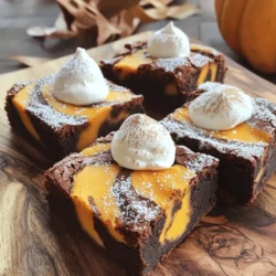 To make these tasty brownies, you need these key ingredients: - 1 cup unsweetened cocoa powder - 1 cup all-purpose flour - 1 cup granulated sugar - 1/2 cup brown sugar, packed - 1/2 teaspoon baking powder - 1/2 teaspoon baking soda - 1/4 teaspoon salt - 1/2 cup unsalted butter, melted and cooled - 3 large eggs - 1 teaspoon vanilla extract - 1 cup pumpkin puree - 1 teaspoon pumpkin pie spice - 8 oz cream cheese, softened - 1/4 cup powdered sugar Each ingredient plays a vital role in the final taste and texture. The cocoa powder gives rich chocolate flavor, while pumpkin adds moisture and a hint of fall spices. You can enhance your brownies with some optional ingredients: - Chopped nuts, like walnuts or pecans - Chocolate chips for extra chocolatey goodness - A pinch of sea salt on top for contrast Adding these ingredients can take your brownies to the next level. Nuts add crunch, while chocolate chips boost richness. Accurate measurements are key in baking. Here are some tips: - Use a kitchen scale for dry ingredients. - Spoon flour into your measuring cup and level off. - Make sure to pack brown sugar firmly in the cup. These small steps help ensure your brownies bake evenly. Accurate measurements lead to the perfect texture and flavor. Start by preheating your oven to 350°F (175°C). Grease a 9x13-inch brownie pan or use parchment paper for easy removal. In a large bowl, whisk together these dry ingredients: - 1 cup unsweetened cocoa powder - 1 cup all-purpose flour - 1 cup granulated sugar - 1/2 cup brown sugar, packed - 1/2 teaspoon baking powder - 1/2 teaspoon baking soda - 1/4 teaspoon salt Mix them well. In another bowl, combine: - 1/2 cup unsalted butter, melted and cooled - 3 large eggs - 1 teaspoon vanilla extract Stir these wet ingredients until smooth. Gradually add the wet mix to the dry mix. Stir gently until just combined. Overmixing can make the brownies tough. Next, let’s make the pumpkin layer. In a separate bowl, mix: - 1 cup pumpkin puree - 1 teaspoon pumpkin pie spice Stir well to blend the flavors. Then, in another small bowl, beat together: - 8 oz cream cheese, softened - 1/4 cup powdered sugar Whisk until smooth and fluffy. This will create a rich and creamy layer. Pour half of the brownie batter into your prepared pan. Use a spatula to smooth it out into an even layer. Next, dollop the pumpkin mixture over this layer. Use a knife or toothpick to swirl it gently, creating a marbled effect. Then, pour the remaining brownie batter on top. Spoon the cream cheese mixture over this layer. Swirl again to form a beautiful design. Bake in your preheated oven for 30-35 minutes. Check for doneness by inserting a toothpick in the center. It should come out with a few moist crumbs but not wet batter. Let the brownies cool in the pan for at least 15 minutes. Then slice them into squares and serve. Enjoy your delicious creation! One mistake is overmixing your batter. This can lead to tough brownies. Mix until just combined for a softer texture. Another issue is not measuring ingredients correctly. Use dry measuring cups for flour and cocoa. Liquid ingredients should be in liquid measuring cups. Finally, avoid opening the oven door too often. This can change the temperature and affect your bake. To get the best brownies, start with room temperature eggs and butter. This helps the batter mix well. Use a quality cocoa powder for rich flavor. Grease your pan properly or use parchment paper. This makes it easy to lift out the brownies. Bake until a toothpick comes out with a few moist crumbs. This keeps the brownies fudgy and delicious. For a stunning presentation, serve your brownies on a rustic wooden board. Dust them with powdered sugar for a light touch. Add a dollop of whipped cream on top for extra creaminess. A sprinkle of cinnamon adds warmth and flavor. Serve with a scoop of vanilla ice cream for a treat everyone loves. {{image_2}} You can easily make these brownies gluten-free. Just swap regular flour with a gluten-free blend. Look for a mix that works well in baking. This will keep the brownies soft and tasty. Be sure to check that your cocoa powder is also gluten-free. You can play with flavors to make these brownies your own. Consider adding chocolate chips for a sweet twist. Walnuts or pecans can add a nice crunch. If you love spices, try adding a pinch of nutmeg or ginger to the pumpkin mix. You can also use flavored cream cheese, like vanilla or maple, for a fun twist. Think about different seasons for your brownies. In spring, try adding fresh berries for a fruity touch. In summer, mix in some citrus zest like orange or lemon. For winter, add peppermint extract to the cream cheese mix for a festive flair. Each season offers a new way to enjoy this treat! To keep your pumpkin cream cheese swirl brownies fresh, store them in an airtight container. Line the bottom of the container with parchment paper to avoid sticking. Place the brownies in a single layer. If you stack them, add parchment paper between layers. This helps maintain their moisture and flavor. Store them at room temperature for up to four days. If you want them to last longer, consider freezing. Freezing brownies is easy. First, let them cool completely. Then, cut them into squares. Wrap each square tightly in plastic wrap. Place the wrapped brownies in a freezer-safe bag or container. Label the bag with the date. They can stay in the freezer for up to three months. When you crave a treat, simply take one out and enjoy the taste of fall. To bring back the soft, gooey texture, reheat your brownies. Preheat your oven to 350°F (175°C). Place the brownies on a baking sheet. Heat for about 10 minutes. You can also microwave them. Place a brownie on a microwave-safe plate, cover it with a damp paper towel, and heat for 15-20 seconds. This keeps them moist and delicious. Enjoy each bite! No, pumpkin pie filling has added spices and sugar. This will change the taste. If you want the best flavor, use plain pumpkin puree. It gives you control over the spices you add. To check for doneness, insert a toothpick in the center. If it comes out with a few moist crumbs, your brownies are ready. If it has wet batter, bake a little longer. Keep an eye on them to avoid overbaking. You can use Greek yogurt as a healthier option. It gives a creamy texture and adds protein. Another option is silken tofu blended until smooth. Both options will change the flavor a bit, but they work well. These brownies can last for about 3 days at room temperature. Store them in an airtight container to keep them fresh. If you want to keep them longer, consider refrigerating them. They can last up to a week that way. In this post, we explored pumpkin cream cheese swirl brownies. You learned about key ingredients and optional flavors to enhance your treat. The step-by-step guide provided clear instructions for making delicious brownies with perfect layers. We covered tips to avoid mistakes and improve baking results, as well as ideas for serving. You also discovered storage methods and variations like gluten-free options. Now, it's time to have fun baking and share these tasty brownies with friends and family!