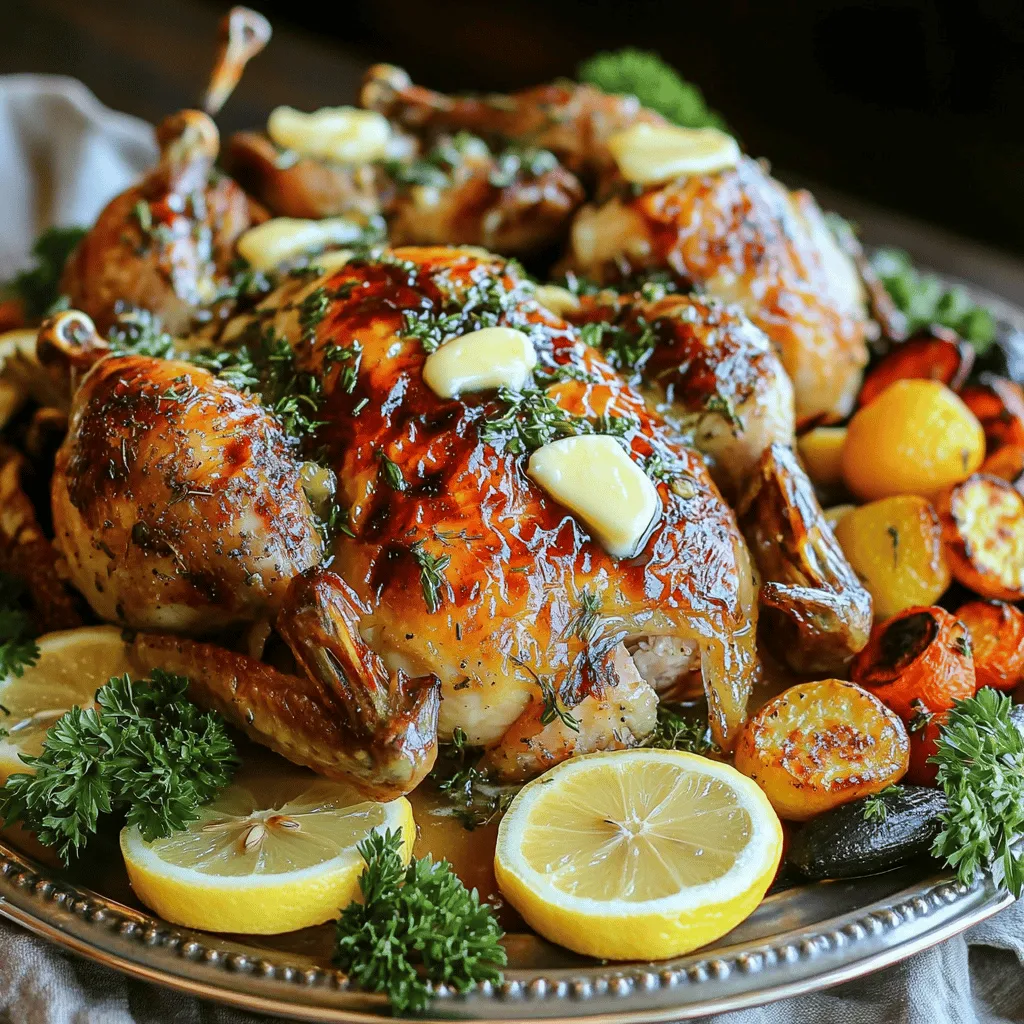 To make Slow Cooker Garlic Butter Roast Chicken, gather these ingredients: - 1 whole chicken (about 4-5 pounds) - 1/2 cup unsalted butter, melted - 6 cloves garlic, minced - 1 lemon, sliced - 1 tablespoon fresh thyme leaves (or 1 teaspoon dried) - 1 tablespoon fresh rosemary, chopped (or 1 teaspoon dried) - 1 teaspoon salt - 1/2 teaspoon black pepper - 1 cup chicken broth - Fresh parsley, for garnish These ingredients create a rich flavor that makes your chicken shine. You can swap some ingredients if you need to. Here are some ideas: - Use olive oil instead of butter for a lighter option. - If you don’t have fresh herbs, dried ones work well too. - Chicken thighs or drumsticks can replace the whole chicken. These swaps keep the dish tasty and flexible. Fresh herbs add bright flavors to your chicken. They make the dish pop! - Thyme brings a warm, earthy note. - Rosemary adds a strong, pine-like scent. Using fresh herbs gives your chicken a gourmet touch. If you can’t find fresh, dried herbs still add great flavor. Always use what you have to enjoy the cooking process! Start by patting the chicken dry with paper towels. This step removes any extra moisture. A dry chicken helps the skin crisp up. Make sure to check all parts for moisture. Next, place the chicken on a clean cutting board. This keeps your workspace tidy. Now, grab a small bowl and melt half a cup of butter. Add six minced garlic cloves to the bowl. Then, toss in a tablespoon of fresh thyme leaves and a tablespoon of chopped rosemary. Add one teaspoon of salt and half a teaspoon of black pepper. Mix everything well until it looks creamy. Take the garlic butter mix and rub it all over the chicken. Make sure to get under the skin for the best flavor. This step is key for juicy meat. Then, place lemon slices inside the chicken's cavity. Next, pour one cup of chicken broth into the slow cooker. Set the chicken on top, breast side up. Cook the chicken on low for six to eight hours or on high for four to five hours. Use a meat thermometer to check if it reaches 165°F. If you want crispy skin, transfer the chicken to a baking sheet. Broil it in the oven for about five minutes. Finally, let the chicken rest for ten to fifteen minutes before carving. Garnish with fresh parsley, and you are ready to enjoy! To get the best flavor, use fresh herbs. Fresh thyme and rosemary add great taste. Rub the garlic butter mixture under the skin. This step spreads the flavor deep in the meat. Don't rush this part; it makes a big difference. For a nice crispy skin, finish the chicken in the oven. After slow cooking, transfer it to a baking sheet. Broil it for about 5 minutes. Keep a close watch to avoid burning. This method gives you that golden, crunchy finish we all love. Cooking time can change based on the size of the chicken. A smaller chicken cooks faster, while a bigger one needs more time. If you use a chicken over 5 pounds, plan on cooking it longer. Always check the internal temperature. It should reach 165°F (75°C) before serving. This ensures it’s safe and fully cooked. {{image_2}} You can change the flavor of your garlic butter roast chicken by using different herbs. Try adding oregano or basil for a fresh twist. You can also use smoked paprika for a subtle warmth. Mix and match these herbs to find your favorite blend. This gives your dish a new life each time you make it. Want to brighten your chicken? Add orange or lime slices inside the cavity. The citrus juices will mix with the chicken, adding a tangy flavor. It also keeps the meat juicy. This small change can make a big difference in taste. Plus, it adds a lovely aroma while cooking. You don't have to stick to a whole chicken. Thighs, drumsticks, or even wings work well in the slow cooker. Just adjust the cooking time. Boneless cuts cook faster, while bone-in cuts may take a bit longer. Each cut brings its own flavor, so feel free to experiment! After enjoying your Slow Cooker Garlic Butter Roast Chicken, let the leftovers cool. Place the chicken in an airtight container. Make sure to cover it well. Store it in the fridge for up to four days. If you want to keep it longer, consider freezing it. To reheat, take the chicken out of the fridge. Preheat your oven to 350°F (175°C). Place the chicken in a baking dish. Add a splash of chicken broth to keep it moist. Cover with foil and heat for about 20-30 minutes. Check that it's warm all the way through. If you freeze the chicken, it stays fresh for about three months. Cut the chicken into pieces for easier thawing. Wrap each piece in plastic wrap before placing it in a freezer bag. Remove as much air as possible to prevent freezer burn. When ready to enjoy, thaw in the fridge overnight before reheating. Yes, you can cook this recipe on high. It takes about 4-5 hours. Cooking on high saves time but may change the texture slightly. The chicken might not be as tender as when cooked on low. If you are in a rush, high is a good choice. Just make sure to check the chicken's temperature to ensure it reaches 165°F. The best way to know if your chicken is done is to use a meat thermometer. Insert it into the thickest part of the thigh. It should read 165°F (75°C). If you don’t have a thermometer, check if the juices run clear when you cut into it. If the juices are pink, it needs more time. This recipe is nearly gluten-free as is. The chicken and herbs are naturally gluten-free. Just ensure your chicken broth is gluten-free too. Many brands offer gluten-free options. Always check the label to be sure. This way, you can enjoy this tasty dish without worry! This blog post covered key ingredients, step-by-step instructions, tips for flavor, and variations. We discussed storing leftovers and answered common questions. Cooking with fresh herbs boosts taste, while mixing garlic butter adds richness. Adjust your cooking time for the best results. Use different herbs, spices, or chicken cuts to keep meals exciting. Now, you can enjoy flavorful, easy meals with these tips. Happy cooking!