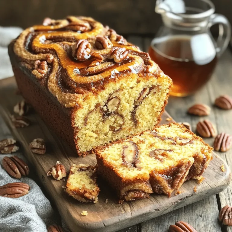 - 1 ½ cups all-purpose flour - 1 tsp baking powder - ½ tsp baking soda - ½ tsp salt - ½ cup unsalted butter, softened - ¾ cup brown sugar, packed - ½ cup granulated sugar - 2 large eggs - 1 tsp vanilla extract - 1 cup sour cream - 1 cup pecans, chopped - ¼ cup pure maple syrup (plus extra for drizzling) - 1 tsp cinnamon When you measure your ingredients, use these units: - Cups for flour, sugar, and sour cream - Teaspoons for baking powder, baking soda, salt, vanilla, and cinnamon - Tablespoons for maple syrup, if needed You can swap some ingredients for a twist. Try these options: - Use whole wheat flour for a heartier loaf. - Greek yogurt can replace sour cream. - Swap pecans for walnuts or almonds if you prefer. - Maple syrup can be switched with honey or agave syrup for a different flavor. Start by gathering all your ingredients. You need: - 1 ½ cups all-purpose flour - 1 tsp baking powder - ½ tsp baking soda - ½ tsp salt - ½ cup unsalted butter, softened - ¾ cup brown sugar, packed - ½ cup granulated sugar - 2 large eggs - 1 tsp vanilla extract - 1 cup sour cream - 1 cup pecans, chopped - ¼ cup pure maple syrup (plus extra for drizzling) - 1 tsp cinnamon Preheat your oven to 350°F (175°C). Grease a 9x5-inch loaf pan. This step helps the cake not stick. In a medium bowl, whisk together the flour, baking powder, baking soda, and salt. Set this aside for later. In a large bowl, beat the softened butter with brown sugar and granulated sugar. Mix until it’s light and fluffy. This takes about 3-4 minutes. Add the eggs one at a time. Mix well after each egg. Then, stir in the vanilla extract. Now, slowly add the dry mix to the wet mix. Alternate with the sour cream. Start and end with the flour mix. Mix until just combined. Fold in the chopped pecans and maple syrup. Be gentle so you don’t overmix. Pour the batter into your loaf pan. Use a spatula to smooth the top. In a small bowl, mix cinnamon with a tablespoon of sugar. Sprinkle this over your batter for a yummy topping. Bake in the oven for 55-60 minutes. Check if it’s done by inserting a toothpick in the center. If it comes out clean, it’s ready! Let the coffee cake cool in the pan for 10 minutes. Then, transfer it to a wire rack to cool completely. Drizzle warm maple syrup over the top just before serving. For a lovely presentation, slice the loaf and serve it on a rustic wooden board. Add whole pecans and a small pitcher of warm maple syrup on the side. This makes it look inviting! To get the best texture for your cake, use room temperature ingredients. Cold butter or eggs can make mixing hard. Beat the butter and sugars until they turn light. This step adds air and makes the cake fluffy. When mixing, fold in the dry ingredients gently. Overmixing can make your cake tough. One common mistake is skipping the greasing step. Always grease your loaf pan to prevent sticking. Another issue is not measuring flour properly. Too much flour can make the cake dry. Use the spoon-and-level method for accurate measuring. Lastly, don’t forget to check your oven temperature. An oven that is too hot can burn the cake. Serve your warm maple pecan coffee cake loaf fresh from the oven. Slice it and place it on a rustic wooden board. Add whole pecans for a beautiful touch. A small pitcher of warm maple syrup beside it makes a great addition. It enhances the flavor and gives a nice visual appeal. Enjoy it with coffee or tea for a perfect snack. {{image_2}} You can boost the taste of your Warm Maple Pecan Coffee Cake Loaf in fun ways. Try adding chocolate chips for a sweet touch. They melt and mix well with the cake. Dried fruits, like cranberries or raisins, bring a chewy texture. You can also swap the pecans for walnuts for a different nutty flavor. How about a hint of orange zest? It adds a fresh, citrusy note to each bite. If you have dietary needs, you can still enjoy this cake. For a gluten-free version, use a gluten-free flour blend. This keeps the texture light and fluffy. If you want to cut sugar, use a sugar substitute. Make sure it is safe for baking. You can also replace the butter with coconut oil for a dairy-free option. This change keeps the cake moist and adds a subtle flavor. Seasonal ingredients can give your coffee cake a unique flair. In fall, add pumpkin puree for a cozy twist. It pairs well with maple and spices. In winter, try spices like nutmeg or ginger for warmth. In spring, fresh berries can brighten the cake. Strawberries or blueberries add sweetness and color. Summer calls for fresh peaches or cherries. Their juicy flavors enhance the cake's taste and texture. To keep your warm maple pecan coffee cake loaf fresh, wrap it in plastic wrap. This helps to lock in moisture and flavor. Place the wrapped loaf in an airtight container. You can store it at room temperature for up to three days. For longer storage, keep it in the fridge. This will extend its freshness for about a week. You can freeze the coffee cake loaf for later enjoyment. First, let it cool completely. Then, wrap it tightly in plastic wrap. After that, place the wrapped loaf in a freezer-safe bag or container. It can stay frozen for up to three months. When you’re ready to eat it, simply thaw it in the fridge overnight. To reheat the coffee cake, preheat your oven to 350°F (175°C). Unwrap the loaf and place it on a baking sheet. Heat it for about 10-15 minutes. This will warm it through and make it taste fresh again. If you want, drizzle some warm maple syrup on top before serving. Enjoy the cozy flavors once more! You can use plain yogurt instead of sour cream. It gives a similar taste and texture. You could also try buttermilk or a mix of cream cheese and milk. Each option keeps the cake moist and tasty. Yes, you can swap pecans for walnuts or almonds. Both options add a nice crunch. Just chop them up like the pecans. Each nut brings its unique flavor, so feel free to experiment. To check if the cake is done, insert a toothpick into the center. If it comes out clean or with a few crumbs, the cake is ready. If it has wet batter, bake for a few more minutes. The top should look golden brown and spring back when touched gently. This blog post covered all you need for a tasty coffee cake. We discussed ingredients, measurement units, and swaps. I outlined easy steps to prepare, mix, and bake your cake. You learned tips for great texture and common mistakes to avoid. I shared fun variations and how to store your leftovers. Finally, I answered key questions about substitutions and baking times. Now, you can feel confident baking your coffee cake. Enjoy each step of the process!
