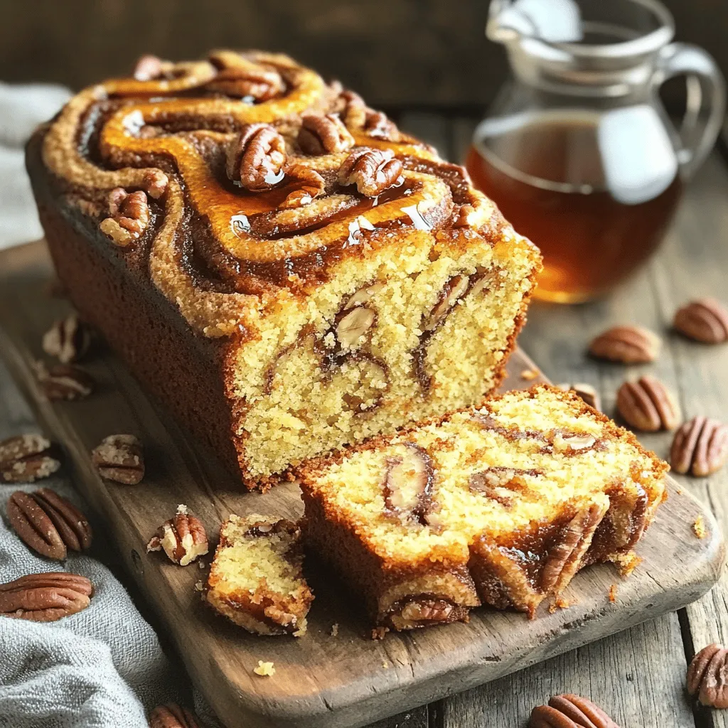 - 1 ½ cups all-purpose flour - 1 tsp baking powder - ½ tsp baking soda - ½ tsp salt - ½ cup unsalted butter, softened - ¾ cup brown sugar, packed - ½ cup granulated sugar - 2 large eggs - 1 tsp vanilla extract - 1 cup sour cream - 1 cup pecans, chopped - ¼ cup pure maple syrup (plus extra for drizzling) - 1 tsp cinnamon When you measure your ingredients, use these units: - Cups for flour, sugar, and sour cream - Teaspoons for baking powder, baking soda, salt, vanilla, and cinnamon - Tablespoons for maple syrup, if needed You can swap some ingredients for a twist. Try these options: - Use whole wheat flour for a heartier loaf. - Greek yogurt can replace sour cream. - Swap pecans for walnuts or almonds if you prefer. - Maple syrup can be switched with honey or agave syrup for a different flavor. Start by gathering all your ingredients. You need: - 1 ½ cups all-purpose flour - 1 tsp baking powder - ½ tsp baking soda - ½ tsp salt - ½ cup unsalted butter, softened - ¾ cup brown sugar, packed - ½ cup granulated sugar - 2 large eggs - 1 tsp vanilla extract - 1 cup sour cream - 1 cup pecans, chopped - ¼ cup pure maple syrup (plus extra for drizzling) - 1 tsp cinnamon Preheat your oven to 350°F (175°C). Grease a 9x5-inch loaf pan. This step helps the cake not stick. In a medium bowl, whisk together the flour, baking powder, baking soda, and salt. Set this aside for later. In a large bowl, beat the softened butter with brown sugar and granulated sugar. Mix until it’s light and fluffy. This takes about 3-4 minutes. Add the eggs one at a time. Mix well after each egg. Then, stir in the vanilla extract. Now, slowly add the dry mix to the wet mix. Alternate with the sour cream. Start and end with the flour mix. Mix until just combined. Fold in the chopped pecans and maple syrup. Be gentle so you don’t overmix. Pour the batter into your loaf pan. Use a spatula to smooth the top. In a small bowl, mix cinnamon with a tablespoon of sugar. Sprinkle this over your batter for a yummy topping. Bake in the oven for 55-60 minutes. Check if it’s done by inserting a toothpick in the center. If it comes out clean, it’s ready! Let the coffee cake cool in the pan for 10 minutes. Then, transfer it to a wire rack to cool completely. Drizzle warm maple syrup over the top just before serving. For a lovely presentation, slice the loaf and serve it on a rustic wooden board. Add whole pecans and a small pitcher of warm maple syrup on the side. This makes it look inviting! To get the best texture for your cake, use room temperature ingredients. Cold butter or eggs can make mixing hard. Beat the butter and sugars until they turn light. This step adds air and makes the cake fluffy. When mixing, fold in the dry ingredients gently. Overmixing can make your cake tough. One common mistake is skipping the greasing step. Always grease your loaf pan to prevent sticking. Another issue is not measuring flour properly. Too much flour can make the cake dry. Use the spoon-and-level method for accurate measuring. Lastly, don’t forget to check your oven temperature. An oven that is too hot can burn the cake. Serve your warm maple pecan coffee cake loaf fresh from the oven. Slice it and place it on a rustic wooden board. Add whole pecans for a beautiful touch. A small pitcher of warm maple syrup beside it makes a great addition. It enhances the flavor and gives a nice visual appeal. Enjoy it with coffee or tea for a perfect snack. {{image_2}} You can boost the taste of your Warm Maple Pecan Coffee Cake Loaf in fun ways. Try adding chocolate chips for a sweet touch. They melt and mix well with the cake. Dried fruits, like cranberries or raisins, bring a chewy texture. You can also swap the pecans for walnuts for a different nutty flavor. How about a hint of orange zest? It adds a fresh, citrusy note to each bite. If you have dietary needs, you can still enjoy this cake. For a gluten-free version, use a gluten-free flour blend. This keeps the texture light and fluffy. If you want to cut sugar, use a sugar substitute. Make sure it is safe for baking. You can also replace the butter with coconut oil for a dairy-free option. This change keeps the cake moist and adds a subtle flavor. Seasonal ingredients can give your coffee cake a unique flair. In fall, add pumpkin puree for a cozy twist. It pairs well with maple and spices. In winter, try spices like nutmeg or ginger for warmth. In spring, fresh berries can brighten the cake. Strawberries or blueberries add sweetness and color. Summer calls for fresh peaches or cherries. Their juicy flavors enhance the cake's taste and texture. To keep your warm maple pecan coffee cake loaf fresh, wrap it in plastic wrap. This helps to lock in moisture and flavor. Place the wrapped loaf in an airtight container. You can store it at room temperature for up to three days. For longer storage, keep it in the fridge. This will extend its freshness for about a week. You can freeze the coffee cake loaf for later enjoyment. First, let it cool completely. Then, wrap it tightly in plastic wrap. After that, place the wrapped loaf in a freezer-safe bag or container. It can stay frozen for up to three months. When you’re ready to eat it, simply thaw it in the fridge overnight. To reheat the coffee cake, preheat your oven to 350°F (175°C). Unwrap the loaf and place it on a baking sheet. Heat it for about 10-15 minutes. This will warm it through and make it taste fresh again. If you want, drizzle some warm maple syrup on top before serving. Enjoy the cozy flavors once more! You can use plain yogurt instead of sour cream. It gives a similar taste and texture. You could also try buttermilk or a mix of cream cheese and milk. Each option keeps the cake moist and tasty. Yes, you can swap pecans for walnuts or almonds. Both options add a nice crunch. Just chop them up like the pecans. Each nut brings its unique flavor, so feel free to experiment. To check if the cake is done, insert a toothpick into the center. If it comes out clean or with a few crumbs, the cake is ready. If it has wet batter, bake for a few more minutes. The top should look golden brown and spring back when touched gently. This blog post covered all you need for a tasty coffee cake. We discussed ingredients, measurement units, and swaps. I outlined easy steps to prepare, mix, and bake your cake. You learned tips for great texture and common mistakes to avoid. I shared fun variations and how to store your leftovers. Finally, I answered key questions about substitutions and baking times. Now, you can feel confident baking your coffee cake. Enjoy each step of the process!
