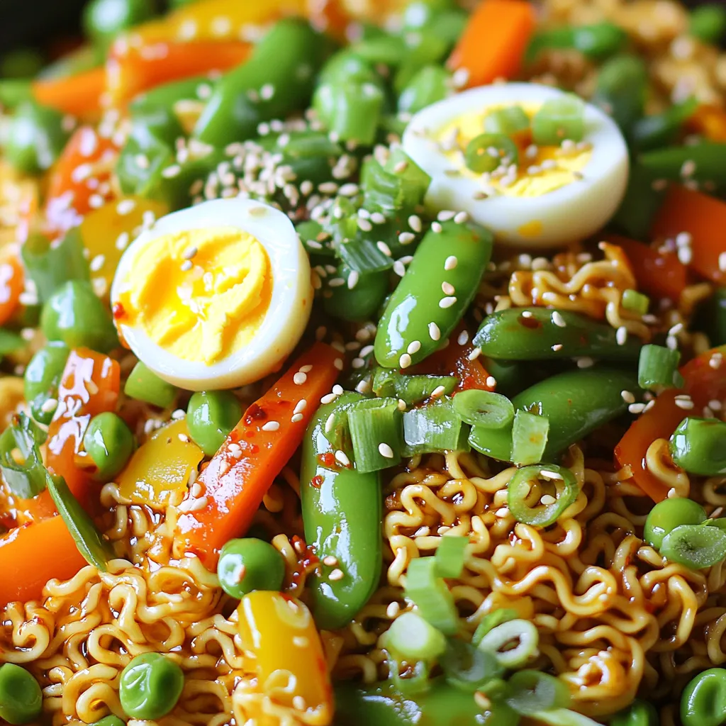 - 2 packs instant ramen noodles - 2 tablespoons chili crisp oil - 1 cup mixed vegetables (bell peppers, snap peas, and carrots) - 1 clove garlic, minced - 1 teaspoon fresh ginger, grated - 1 tablespoon soy sauce - 1 tablespoon sesame oil - 1 green onion, sliced - Sesame seeds for garnish - 2 boiled eggs, halved (optional) In this recipe, I use instant ramen noodles as the base. They cook quickly and soak up flavors well. Chili crisp oil adds heat and depth. This oil makes each bite exciting. Mixed vegetables add color and nutrients. I like bell peppers, snap peas, and carrots for this dish. Flavor enhancers are key to making the stir-fry pop. Minced garlic adds a savory note. Grated ginger brings warmth and zest. Soy sauce adds saltiness, while sesame oil gives a nutty finish. For optional toppings, I suggest sliced green onions. They add freshness. Sesame seeds provide a nice crunch. If you want extra protein, halved boiled eggs make a great addition. This dish is all about balance and flavor, so feel free to mix and match! Start by bringing a pot of water to a boil. Use enough water to cover the noodles well. Add the instant ramen noodles and cook them for 3 to 4 minutes. This time will help them become soft but not mushy. When they are done, drain the noodles and set them aside. In a large skillet or wok, heat 2 tablespoons of chili crisp oil over medium heat. Add 1 clove of minced garlic and 1 teaspoon of grated fresh ginger. These ingredients add a strong, rich flavor to your dish. Sauté them for about 30 seconds until they smell amazing. Next, add 1 cup of mixed vegetables, like bell peppers, snap peas, and carrots, to the skillet. Stir-fry these veggies for about 2 to 3 minutes. You want them to be tender-crisp. This means they should be soft but still have a little crunch. Now it’s time to bring everything together. Add the cooked ramen noodles to the skillet. Pour in 1 tablespoon of soy sauce and 1 tablespoon of sesame oil. Toss everything together for about 2 minutes. Make sure the noodles are evenly coated with the sauce and heated through. Remove the skillet from the heat. For a nice touch, garnish your dish with sliced green onions and sesame seeds. If you want to make it richer, top with halved boiled eggs. This adds protein and makes the dish even more filling. Serve hot and enjoy your tasty creation! To make great stir-fry, use high heat. This helps cook the food fast and keeps it crisp. 1. Preheat your pan: Always heat your skillet or wok before adding oil. 2. Use the right oil: Chili crisp oil works great because it has flavor and high smoke points. 3. Don’t overcrowd: Cook in small batches if you have a lot of food. This keeps everything hot and gets a nice sear. You can change the spice level to fit your taste. If you want less heat, use less chili crisp. - Taste as you go: Start with one tablespoon and add more if you like it spicy. - Add sweetness: A little sugar can balance the spice if it feels too hot. - Add cooling elements: Serve with yogurt or a creamy sauce to tone down the heat. Saving time in the kitchen makes cooking fun! Here are some tips: - Pre-chop veggies: Cut your mixed vegetables ahead of time and store them in the fridge. - Boil eggs in advance: Prepare boiled eggs ahead of time for easy toppings. - Use frozen veggies: They are quick to cook and save chopping time. Just toss them in frozen! These tips help make your Minute Chili Crisp Ramen Stir-Fry quick and easy while keeping it tasty! {{image_2}} You can boost your Minute Chili Crisp Ramen Stir-Fry with some protein. Here are a few ideas: - Chicken: Dice cooked chicken and add it when you mix in the noodles. - Beef: Thinly slice beef and stir-fry it before adding the vegetables. - Shrimp: Toss in shrimp until they turn pink for a quick seafood option. - Tofu: For a plant-based choice, use firm tofu. Cube it and sauté until golden. Adding any of these proteins makes the dish heartier and more filling. Feel free to change up the veggies in your stir-fry. Here are some fun swaps: - Broccoli: This adds crunch and a nice green color. - Zucchini: Slice zucchinis for a mild flavor and soft texture. - Mushrooms: Use shiitake or button mushrooms for an earthy taste. - Spinach: Toss in fresh spinach at the end for added nutrients. These swaps let you explore different flavors and textures. You can also play with sauces to change the taste of your dish. Here are some ideas: - Teriyaki Sauce: Swap out soy sauce for a sweet teriyaki blend. - Sriracha: Add this for a spicy kick if you love heat. - Oyster Sauce: This gives a rich, savory flavor to your stir-fry. - Peanut Sauce: Drizzle some for a creamy, nutty twist. Mixing sauces can take your ramen to new heights! Store your leftover Minute Chili Crisp Ramen Stir-Fry in an airtight container. This keeps it fresh and prevents strong smells. Use it within three days for the best taste. If you want to save it longer, consider freezing it. For reheating, use a skillet over medium heat. Add a splash of water or broth to keep it moist. Stir often to heat evenly. You can also microwave it. Just cover it and heat in short bursts. Stir between each burst for even warmth. Yes, you can freeze this stir-fry! To freeze, place it in a freezer-safe container. Leave some space for expansion. It can last for up to two months in the freezer. When ready to eat, thaw it overnight in the fridge before reheating. This dish is quick! You can make it in about 20 minutes. Prep takes about 10 minutes. Cooking the ramen and stir-frying the veggies adds another 10 minutes. You will have a tasty meal ready in no time. Yes, you can! Instant ramen is best for speed and ease. However, you can use fresh ramen for a chewier texture. Whole grain or egg noodles also work well. Just adjust your cooking time based on the noodle type. If you don’t have chili crisp oil, you can use regular chili oil. You can also mix olive oil with red pepper flakes. Sesame oil adds a nice flavor too. Try adding minced garlic or ginger for an extra kick. Absolutely! This stir-fry is perfect for meal prep. You can cook a big batch and store it in the fridge. Keep it in airtight containers for up to three days. Reheat it on the stove or in the microwave for a quick meal. You learned how to make a quick and tasty Chili Crisp Ramen Stir-Fry. First, we gathered simple ingredients like ramen, vegetables, and spices. Next, I shared step-by-step instructions to cook each element perfectly. Then, we explored tips for mastering the stir-fry and adjusting flavors to your liking. Finally, we discussed how to store leftovers and variations to keep meals exciting. With these easy methods, you can enjoy a delicious meal that's also fun to make. Dive in and enjoy your creation!