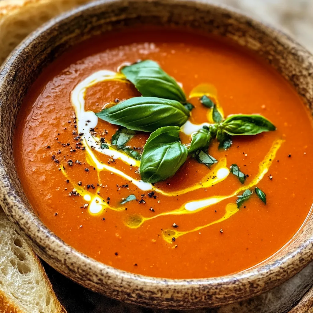 - 2 cans (28 oz each) crushed tomatoes - 1 medium onion, diced - 4 cloves garlic, minced - 4 cups vegetable broth - 1 teaspoon dried oregano - 1 teaspoon sugar - 1 teaspoon salt - ½ teaspoon black pepper - 1 cup heavy cream or coconut milk - 1 cup fresh basil leaves, chopped - 2 tablespoons olive oil - Optional: Grated Parmesan cheese for serving Each ingredient plays a key role in making this soup rich and tasty. Canned crushed tomatoes are the base. Their deep flavor shines through. Diced onion adds sweetness and a nice texture. Minced garlic gives it that warm, aromatic touch we love. Vegetable broth ties everything together, making the soup comforting and hearty. Dried oregano brings an earthy note. Sugar balances the acids in the tomatoes. Salt and pepper enhance all the flavors. For creaminess, you can choose heavy cream or coconut milk. Fresh basil leaves add a burst of freshness at the end. Finally, olive oil adds a silky finish. If you want to garnish, grated Parmesan cheese is a delicious option. It melts slightly when added to hot soup, making it even better. Each ingredient helps create a bowl of warmth and flavor. - In your slow cooker, combine: - 2 cans (28 oz each) crushed tomatoes - 1 medium onion, diced - 4 cloves garlic, minced - 4 cups vegetable broth - 1 teaspoon dried oregano - 1 teaspoon sugar - 1 teaspoon salt - ½ teaspoon black pepper Stir well to mix everything together. Next, drizzle 2 tablespoons of olive oil over the top. Give it another gentle stir to blend the oil in. Set your slow cooker to cook on low for 6-8 hours or high for 3-4 hours. The goal is to make the onions soft and let the flavors blend well. Check the onions after about 3 hours on high. You want them tender for the best taste. After cooking, it's time to blend. You can use an immersion blender right in the slow cooker. This makes it easy and safe. If you use a regular blender, carefully transfer the soup in batches. Hot soup can splatter, so be cautious when blending. Once the soup is smooth, stir in 1 cup of heavy cream or coconut milk. Mix it well until smooth. Next, add 1 cup of chopped fresh basil. Taste your soup and adjust the salt or pepper if needed. Serve hot, and feel free to sprinkle some grated Parmesan cheese on top for extra flavor. To make your soup even tastier, you can adjust the spices. A little more oregano or some red pepper flakes can boost flavor. If the soup feels flat, add a splash of vinegar or lemon juice. This brightens the taste and wakes up your palate. What if your soup is too thick? Simply add more vegetable broth or water to reach your desired consistency. Stir well and heat it a bit longer. If the soup tastes too acidic, you can balance this by adding a touch of sugar or a pinch of baking soda. Both help mellow the acidity. For a beautiful presentation, serve the soup in rustic bowls. Top each bowl with a sprinkle of freshly chopped basil. Pair it with a slice of crusty bread or a fresh salad for a complete meal. This adds color and texture, making your dish even more inviting. {{image_2}} For a dairy-free version, you can use coconut milk or cashew cream. Coconut milk adds a lovely richness and a hint of sweetness. It blends well with the tomatoes and basil. Cashew cream gives a nutty flavor and a creamy texture. To make cashew cream, blend soaked cashews with water until smooth. Both options keep the soup creamy and delicious. Adding proteins can make the soup heartier. You can add cooked chicken for a protein boost. Simply shred the chicken and stir it in before serving. For a vegetarian option, try adding beans like cannellini or kidney beans. Lentils are also great. They pack nutrition and blend well with the soup. Cook them separately and stir them in at the end. You can add other vegetables to this soup for extra flavor and nutrition. Carrots and celery work well. Just chop them small and add them with the onions. You can also swap in seasonal veggies like zucchini in summer or sweet potatoes in fall. This makes the soup fresh and different every time you make it. Get creative with what you have on hand! You can store Slow Cooker Creamy Tomato Basil Soup in the fridge for up to five days. Make sure to let the soup cool before you put it in a container. Use an airtight container to keep the flavors fresh. When you want to eat it again, just take it out and reheat. To freeze the soup, let it cool completely first. Use freezer-safe containers or bags, leaving some space for expansion. It can stay good in the freezer for about three months. When you want to enjoy it again, thaw the soup in the fridge overnight. To reheat, warm it on the stove over low heat. Stir frequently to keep the texture smooth. If you notice it’s too thick, add a splash of broth or water. This keeps the soup creamy and flavorful, just like when it was fresh! Yes, you can make this soup on the stove. Start by sautéing the diced onion and minced garlic in a pot. Then, add the crushed tomatoes, vegetable broth, oregano, sugar, salt, and pepper. Let it simmer for about 30 minutes. Blend the soup until smooth and stir in the cream or coconut milk. This soup is naturally gluten-free if you use gluten-free vegetable broth. Check the labels on all canned products to ensure they are gluten-free. You can enjoy this soup without worrying about gluten. To adjust the spice level, add red pepper flakes for heat. Start with a small amount, then taste and add more if needed. You can also add a pinch of cayenne pepper for a different flavor. Yes, you can use fresh tomatoes. You’ll need about 3-4 pounds of ripe tomatoes. Blanch, peel, and chop them before adding to the pot. Fresh tomatoes will give the soup a bright flavor. Yes, you can make this soup vegan by using coconut milk instead of heavy cream. Ensure your vegetable broth is vegan as well. This will keep the soup creamy without dairy. Serve the soup hot in rustic bowls. Add a sprinkle of fresh basil on top. You can also serve it with crusty bread or grilled cheese for a classic pairing. This post covered creamy tomato basil soup, from easy ingredients to tasty tips. You learned how to blend flavors, enhance taste, and present your dish well. Remember, making this soup at home is simple and fun. You can adjust it for your diet and make it your own. Enjoy experimenting with flavors and ingredients! Your perfect bowl awaits.