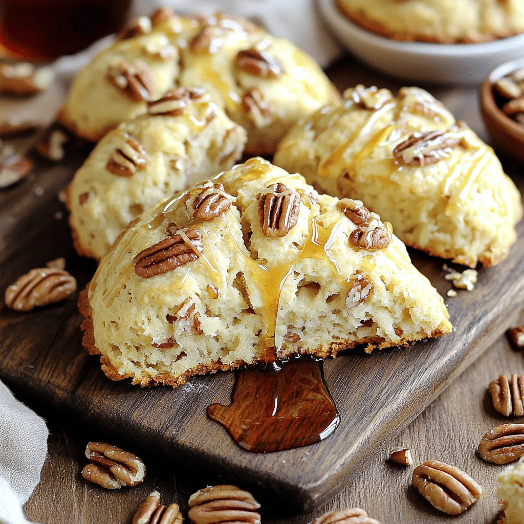 To make Bakery Style Maple Pecan Scones, gather these items: - 2 cups all-purpose flour - 1/3 cup granulated sugar - 1 tablespoon baking powder - 1/2 teaspoon salt - 1/2 cup unsalted butter, cold and cubed - 1/2 cup pecans, coarsely chopped - 1/2 cup heavy cream - 1/4 cup pure maple syrup - 1 large egg - 1 teaspoon vanilla extract Using high-quality ingredients is key for great flavor. Fresh, cold butter gives the scones a flaky texture. Pure maple syrup adds rich sweetness and depth. If you have special dietary needs, here are some alternatives: - Use gluten-free flour for a gluten-free option. - Replace butter with coconut oil for a dairy-free scone. - Almond milk can stand in for heavy cream if desired. Pay attention to your ingredient choices. Great ingredients make a big difference in taste and texture. Enjoy the process, and your scones will shine! First, preheat your oven to 400°F (200°C). This step is key to getting a nice rise on your scones. While the oven heats, line a baking sheet with parchment paper. This helps prevent sticking and makes cleanup easier. Place the baking sheet in the middle of the oven. This spot allows for even heat and baking. Next, gather a large mixing bowl. In it, combine 2 cups of all-purpose flour, 1/3 cup of granulated sugar, 1 tablespoon of baking powder, and 1/2 teaspoon of salt. Use a whisk to blend these dry ingredients well. Whisking breaks up any lumps and mixes everything evenly. Each of these ingredients plays a role: flour gives structure, sugar adds sweetness, baking powder helps the scones rise, and salt enhances flavor. Now it's time for the butter. Take 1/2 cup of cold, cubed unsalted butter. Add it to the dry mix. Use a pastry cutter or your fingers to cut the butter into the flour. Aim for a texture that looks like coarse crumbs. This step is important. It creates flaky layers in your scones. Next, prepare your pecans. Coarsely chop 1/2 cup of pecans. If you like, toast them in a dry skillet over medium heat for 3 to 5 minutes. This brings out their rich flavor. Once ready, stir the chopped pecans into the butter and flour mix. Getting the right texture is key for your scones. You want them light and fluffy. Do not overwork the dough. When you mix the wet and dry ingredients, stir gently. The dough should feel slightly sticky but hold together well. If it feels too dry, add a tiny bit of cream. This will help it come together without losing lightness. To make your scones more special, try adding mix-ins. Chocolate chips can bring a fun twist. Dried fruits like cranberries or apricots also work well. You can even use different syrups for flavor. Try using honey or agave syrup in place of maple syrup. This gives you a new taste without changing much. Serve your warm scones with cream or jam for a treat. A simple drizzle of maple syrup can make them even better. Pair your scones with coffee or tea. The rich flavors balance nicely with these drinks. Enjoying them fresh out of the oven makes for a perfect snack or breakfast. {{image_2}} You can make these scones gluten-free by using the right flour. Try almond flour, coconut flour, or a gluten-free all-purpose blend. When using gluten-free flour, add an extra egg or some xanthan gum for better texture. This will help bind the dough and keep it from crumbling. Bake at the same temperature but check for doneness a few minutes early, as gluten-free scones may bake faster. To make these scones vegan, swap out a few ingredients. Use a plant-based butter instead of regular butter. Replace heavy cream with almond milk or coconut cream. For the egg, you can use a flaxseed egg. To make this, mix one tablespoon of flaxseed meal with three tablespoons of water and let it sit for a few minutes. You may need to adjust the baking time slightly, as vegan scones can take a bit longer to set. You can change the flavor of your scones with the seasons. In autumn, add pumpkin spice for a warm, cozy flavor. Mix in a half-cup of pureed pumpkin for extra moisture. You can also play with different nuts. Try walnuts or hazelnuts for a different crunch. Dried fruits like cranberries or apples can add sweet and tart notes, giving your scones a fun twist for any time of year. To keep your maple pecan scones fresh, store them properly. You can leave them on the counter for up to two days. Just place them in an airtight container to prevent them from drying out. If you want to store them longer, put them in the fridge. This keeps them fresh for up to a week. For freezing, wrap each scone in plastic wrap. Then, put them in a freezer bag. They can stay in the freezer for up to three months. When you’re ready to eat them, take out the scones and let them thaw on the counter. You can also reheat them right from the freezer. To reheat your scones, use the oven for the best texture. Preheat the oven to 350°F (175°C). Place the scones on a baking sheet and heat for about 10 minutes. This method keeps them nice and flaky. If you want a quick option, you can microwave the scones. Heat them for about 15 to 20 seconds. However, this may make them a bit softer. For a fresh touch, drizzle some maple syrup on top before serving. Enjoy your warm scones! Yes, you can use different nuts in these scones. Almonds, walnuts, or hazelnuts work well. Each nut brings its own flavor and crunch. Just chop them coarsely and mix as you would with pecans. Be mindful that some nuts may toast faster than pecans. Adjust baking time if needed to avoid burning. Freshly baked scones last about 2 to 3 days at room temperature. Store them in an airtight container to keep them fresh. If you want to save them longer, place the scones in the fridge. They can last up to a week this way. However, scones taste best when fresh. Yes, you can make the dough ahead of time. After mixing, wrap it tightly in plastic wrap. You can store it in the fridge for up to 24 hours. When ready to bake, roll out the dough and cut it into wedges. If you freeze the dough, it can last for about a month. Just thaw it in the fridge before baking. To make perfect Maple Pecan Scones, focus on quality ingredients and proper techniques. We explored each step, from mixing and baking to serving. You learned how to adjust for dietary needs and create fun variations. Storing and reheating scones rightly keeps them fresh and delicious. Remember, a few simple tricks can elevate your baking. So, be creative with flavors and enjoy sharing these treats. Happy baking!