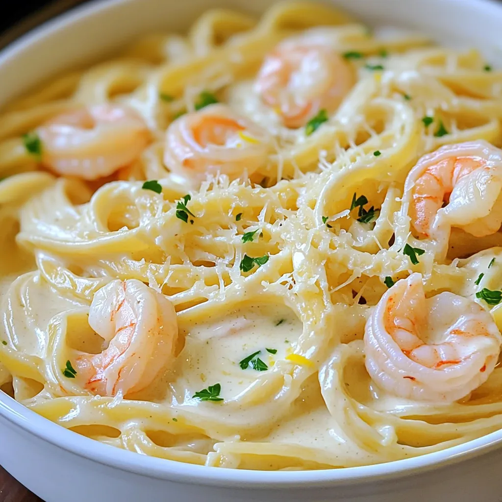 - 8 oz linguine or fettuccine pasta: I love linguine for its flat shape. It holds the creamy sauce well. You can also use fettuccine if you prefer. - 1 lb large shrimp, peeled and deveined: Choose fresh shrimp for the best taste. Look for shrimp that are firm and pink. - 4 cloves garlic, minced: Fresh garlic adds a strong, rich flavor. It’s key to the sauce. - 2 tablespoons olive oil: This adds a nice base flavor. Use high-quality olive oil for the best results. - 1 cup heavy cream: Cream makes the sauce rich and smooth. It helps bind the pasta and shrimp together. - 1 cup grated Parmesan cheese: This cheese adds a salty, nutty flavor. It melts beautifully into the sauce. - 1 teaspoon lemon zest: The zest gives a bright note. It lifts the dish and balances the creaminess. - Salt and pepper to taste: Use these to enhance the flavors. Adjust them according to your taste. - ½ teaspoon red pepper flakes: Add these for a spicy kick. They bring warmth without overpowering the dish. - 1 tablespoon chopped fresh parsley: This is for garnish. It adds color and freshness to the plate. - Lemon zest and lemon wedge: Use lemon zest in the sauce and a wedge for serving. The extra acidity brightens the flavors. Feel free to mix and match these ingredients to suit your taste! First, you need to boil salted water in a large pot. Use about 4 quarts of water for 8 ounces of linguine or fettuccine. Once the water is boiling, add the pasta. Cook it according to the package instructions until it is al dente. This usually takes about 9-11 minutes. You want the pasta to be firm but not hard. Before draining, save about ½ cup of pasta water. This water helps thicken the sauce later. After saving the water, drain the pasta in a colander. While the pasta cooks, heat 2 tablespoons of olive oil in a large skillet over medium heat. When the oil is hot, add 4 minced garlic cloves. Sauté the garlic for about 30 seconds until it smells great. Be careful not to let it burn. Next, add 1 pound of peeled and deveined shrimp to the skillet. Season them with salt, pepper, and red pepper flakes if you like some heat. Cook the shrimp for about 2-3 minutes per side. They should turn pink and opaque. Once they are done, take them out and set them aside. In the same skillet, pour in 1 cup of heavy cream. Bring it to a gentle simmer. Stir in 1 cup of grated Parmesan cheese and 1 teaspoon of lemon zest. Mix well until the cheese melts and the sauce is nice and creamy. Now, return the shrimp to the skillet along with the drained pasta. Toss everything together. If the sauce is too thick, add some of the reserved pasta water a little at a time until you get the right thickness. Make sure the pasta is well coated with the sauce. - Prep your ingredients first. Chop garlic, clean shrimp, and measure out your cream and cheese. This makes cooking quick. - Use a pot for pasta and a skillet for sauce. This setup helps you work faster. While the pasta cooks, you can make the sauce. - Adjust the sauce thickness. If it’s too thick, add a bit of reserved pasta water. This keeps it creamy and smooth. - Taste as you go. Add salt and pepper to balance the flavors. A little bit can enhance the dish a lot. - Serve in wide bowls. This allows you to showcase the pasta and shrimp nicely. - Garnish with fresh parsley. A sprinkle of chopped parsley adds color. You can also add extra Parmesan on top for a rich touch. A lemon wedge on the side brightens the dish and adds zest. {{image_2}} If you want to switch things up, try different kinds of pasta. You can use gluten-free pasta if you need to avoid gluten. Options like rice or chickpea pasta work great. Whole wheat pasta is another healthy choice. It adds fiber and a nutty flavor. Both of these options cook well, so you won’t lose any taste in your dish. Not in the mood for shrimp? You can swap shrimp for chicken or tofu. Chicken breast is tender and cooks quickly. Dice it into small pieces and cook it until golden. Tofu is a great plant-based option. Just press it to remove extra water and cut it into cubes. Both options absorb the creamy sauce well, making them tasty choices. Want to add more nutrition? Toss in some vegetables! Spinach, cherry tomatoes, or bell peppers add color and flavor. You can sauté them with the garlic for extra taste. Fresh herbs like basil or oregano can also enhance the flavor. If you want to change the cheese, try mozzarella or feta. Each cheese brings a new taste, making your dish unique. To keep your creamy garlic shrimp pasta fresh, use airtight containers. Glass or plastic containers work well. Allow the pasta to cool slightly before sealing. This helps prevent condensation, which can make the pasta soggy. Store the leftovers in the refrigerator. They will stay good for about 3 days. If you want to keep them longer, freeze the pasta. It can last in the freezer for up to 2 months. Just remember to label the container with the date. When it's time to enjoy your leftovers, reheating is key. The best method is to use the stovetop. Heat a skillet over medium-low heat. Add a splash of water or olive oil to help loosen the sauce. Stir gently until heated through. Avoid using the microwave if you can. Microwaving can make the pasta tough. If you must use it, do so in short bursts. Check and stir often to prevent overcooking. This will help keep your creamy garlic shrimp pasta delicious and creamy. To make creamy garlic shrimp pasta from scratch, follow these steps. First, cook the pasta in salted water. I recommend using linguine or fettuccine. Cook it until it is al dente, then drain and set aside. Next, heat olive oil in a large skillet. Add minced garlic and sauté it until fragrant. After that, add the shrimp to the skillet. Season them with salt, pepper, and red pepper flakes if you want some heat. Cook them until they turn pink and opaque. Remove the shrimp and set them aside. Now, in the same skillet, pour in heavy cream and bring it to a gentle simmer. Stir in grated Parmesan cheese and lemon zest. Keep mixing until the cheese melts and the sauce becomes creamy. Finally, return the shrimp to the skillet and add the drained pasta. Toss everything together. If the sauce is too thick, add a little reserved pasta water. Serve it hot, garnished with chopped parsley. Yes, you can use frozen shrimp for this recipe. Just remember to thaw them first. Place the frozen shrimp in a bowl of cold water for about 15–20 minutes. This will help them thaw quickly. After thawing, peel and devein them if needed. Using frozen shrimp saves time and still tastes great. However, fresh shrimp usually have a better texture and flavor. Creamy garlic shrimp pasta pairs well with various side dishes. A simple green salad with a light vinaigrette works great. Garlic bread or crusty rolls are also nice to soak up the sauce. You can add steamed vegetables, like broccoli or asparagus, for extra color and nutrition. A glass of white wine, like Sauvignon Blanc, complements the dish nicely. To add spice to creamy garlic shrimp pasta, use red pepper flakes. Add ½ teaspoon when you sauté the shrimp for a mild kick. For more heat, increase the amount to 1 teaspoon. Another option is to add sliced fresh jalapeños or a dash of hot sauce to the creamy sauce. Just adjust it to your taste. Yes, you can make creamy garlic shrimp pasta ahead of time. Cook the pasta and prepare the sauce in advance. Store them in separate airtight containers in the fridge. This way, the pasta won’t get mushy. When you are ready to eat, combine them in a skillet. Heat gently over low heat, adding a splash of water if needed. Enjoy it fresh without losing flavor. Creamy garlic shrimp pasta combines rich flavors and simple steps. You learned about the key ingredients, like shrimp and garlic, that create a tasty dish. We explored cooking techniques and helpful tips to perfect your sauce and presentation. Remember, you can switch up ingredients for variety or adjust spice levels to your liking. This dish is great for any meal and easy to make ahead. I hope you enjoy cooking it as much as I enjoy sharing these tips!