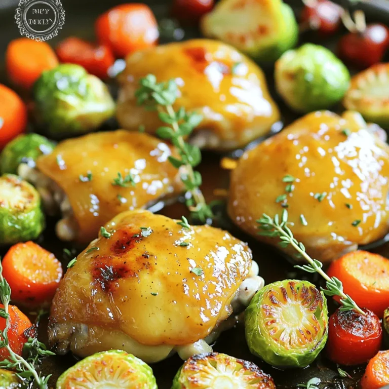 To make One-Pan Maple Dijon Chicken Veggies, you'll need a few key ingredients. These ingredients come together to create a delightful meal. Here’s what you need: - 4 boneless, skinless chicken thighs - 1/4 cup Dijon mustard - 1/4 cup pure maple syrup - 2 tablespoons olive oil - 1 teaspoon garlic powder - 1 teaspoon onion powder - 1/2 teaspoon smoked paprika - Salt and pepper to taste - 1 cup Brussels sprouts, halved - 1 cup baby carrots, cut in half - 1 red bell pepper, sliced - Fresh thyme sprigs for garnish (optional) Each component plays a significant role. The chicken thighs stay juicy and tender, while the Dijon mustard and maple syrup mix brings a sweet and tangy punch. The spices add depth, and the vegetables provide colorful crunch. I love using fresh thyme as a garnish; it adds a lovely aroma and taste. This mix of flavors makes every bite a treat. Whisk the marinade ingredients in a small bowl. Combine 1/4 cup Dijon mustard, 1/4 cup pure maple syrup, 2 tablespoons olive oil, 1 teaspoon garlic powder, 1 teaspoon onion powder, and 1/2 teaspoon smoked paprika. Add salt and pepper to taste. Mix until smooth. Once mixed, place 4 boneless, skinless chicken thighs in a large bowl. Pour half of the maple Dijon sauce over the chicken. Make sure each piece is well coated. Let the chicken marinate for about 10 minutes. This short rest time helps deepen the flavor. While the chicken marinates, prepare the veggies. Grab a large baking sheet. Arrange 1 cup halved Brussels sprouts, 1 cup baby carrots cut in half, and 1 sliced red bell pepper on the sheet. Drizzle a bit of olive oil over the veggies. For seasoning, sprinkle salt and pepper over the vegetables. Toss them gently to ensure an even coat. This will enhance their natural flavors as they roast. Now, it's time to cook! Nestle the marinated chicken thighs among the veggies on the baking sheet. Drizzle any remaining sauce over both the chicken and the vegetables. This adds flavor to everything. Bake in a preheated oven at 400°F (200°C) for about 30-35 minutes. The chicken should reach an internal temperature of 165°F (75°C), and the veggies need to be tender. Once done, remove the baking sheet and let everything rest for 5 minutes before serving. Enjoy your tasty dish! Marinating the chicken is key to great flavor. I suggest marinating for at least 10 minutes. This short time allows the chicken to soak in the flavors. For a tangy twist, you can swap Dijon mustard with whole grain mustard. If you prefer a sweeter taste, use honey instead of maple syrup. Both options keep the dish tasty. To ensure even cooking, spread the veggies out on the pan. This helps them roast nicely. Make sure the chicken thighs sit snugly among the veggies. Use a meat thermometer to check for doneness. The chicken should reach an internal temperature of 165°F. This shows it is safe to eat. The veggies will be tender and flavorful. {{image_2}} You can change the veggies to mix up the taste. Try using: - Zucchini for a softer texture - Cauliflower for a crunchy bite - Sweet potatoes for sweetness For protein, consider these options: - Chicken breasts for a leaner choice - Salmon for a rich flavor - Tofu if you want a plant-based meal Each swap brings a new twist to your dish! Want to spice things up? Add cayenne pepper to the marinade. This gives a nice kick. You can also swap the maple syrup with citrus juice. Lemon or orange juice brightens the flavors. These small changes can make a big difference in taste. Experiment and find your favorite! To keep your One-Pan Maple Dijon Chicken and veggies fresh, store leftovers in an airtight container. This helps prevent moisture loss and keeps flavors intact. Place the container in the fridge. You can safely store leftovers for up to four days. If you want to keep them longer, freeze the chicken and veggies. They can last in the freezer for up to three months. When it’s time to enjoy your leftovers, reheat them gently to avoid drying out the chicken. The best method is to use the oven. Preheat it to 350°F (175°C). Place the chicken and veggies in a baking dish. Cover it with foil to retain moisture. Heat for about 15-20 minutes or until warmed through. You can also use a microwave if you're short on time. Just cover the dish and heat in short bursts, stirring in between. Pair your warmed leftovers with a fresh salad or fluffy rice for a complete meal. The flavors blend well, and you keep the meal exciting! This dish is quick and easy. It takes about 10 minutes to prep. The cooking time is around 30 to 35 minutes. In total, you will spend about 45 minutes from start to finish. This makes it perfect for busy weeknights. Yes, you can meal prep this dish. Marinate the chicken thighs a day before. Store them in the fridge. You can also chop the veggies ahead of time. Keep them in a sealed container. This way, you save time on cooking day. This dish pairs well with many sides. Here are some great options: - Quinoa or rice for a hearty base. - A fresh green salad for crunch. - Crusty bread to soak up the sauce. - Mashed potatoes for a comforting touch. These sides will enhance the meal and add variety! This blog covered how to make a tasty One-Pan Maple Dijon Chicken. You learned about the key ingredients, from chicken thighs to fresh veggies. We walked through the steps of making the marinade, prepping the vegetables, and cooking everything together. Plus, I shared useful tips for perfecting the dish and storing leftovers. Cooking can be simple and fun. With these steps and ideas, you can create a healthy meal everyone will love. Enjoy your cooking!