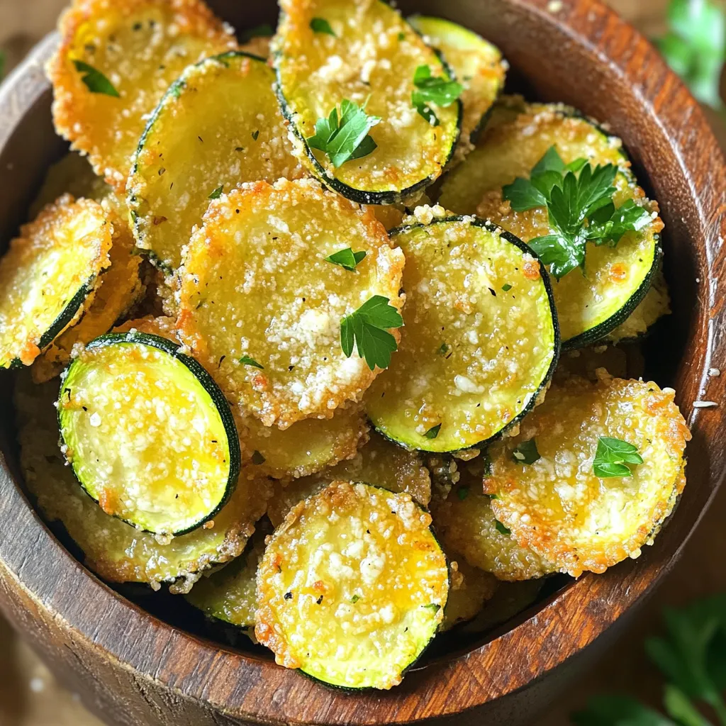 To make these tasty air fryer garlic Parmesan zucchini chips, you need: - 2 medium zucchinis, thinly sliced - ½ cup grated Parmesan cheese - 1 teaspoon garlic powder - ½ teaspoon onion powder - ½ teaspoon paprika - 1 teaspoon Italian seasoning - Salt and pepper to taste - 2 tablespoons olive oil These ingredients come together to create a crunchy snack. The key is in the seasoning blend and the quality of the Parmesan. Here’s what you’ll need to whip up these chips: - Air fryer - Large mixing bowl - Sharp knife - Cutting board - Measuring spoons - Tongs or spatula Having the right tools makes cooking easier and more fun. An air fryer is a great gadget for quick and healthy meals. You can make these chips your own with a few swaps: - Zucchini: Use yellow squash or eggplant instead. - Parmesan cheese: Try nutritional yeast for a vegan option. - Garlic powder: Fresh minced garlic works well too. - Olive oil: Avocado oil is a great substitute for frying. Experimenting with these changes can add new flavors to your chips. Don’t be afraid to get creative! First, grab two medium zucchinis. Wash them well to remove dirt. Use a sharp knife to slice them thinly. Aim for about 1/8 inch thick. Thin slices cook better and get crispier. Place the slices in a large bowl. This will make mixing easier later. In a separate bowl, mix the dry ingredients. Combine ½ cup of grated Parmesan cheese, 1 teaspoon of garlic powder, ½ teaspoon of onion powder, and ½ teaspoon of paprika. Add 1 teaspoon of Italian seasoning, salt, and pepper to taste. Stir the mix well. Now, drizzle 2 tablespoons of olive oil over the zucchini slices. Toss them gently to coat with the oil. Sprinkle the Parmesan mixture over the zucchini. Toss again to ensure every slice gets a good coating. Preheat your air fryer to 375°F (190°C). This takes about 5 minutes. Once preheated, arrange the zucchini slices in a single layer in the air fryer basket. Do not overcrowd them. Air fry the zucchini chips for 10 to 12 minutes. Shake the basket halfway through cooking. This helps them cook evenly. Keep an eye on them to avoid burning. When they are golden brown and crispy, carefully remove them. Let them cool for a couple of minutes. Enjoy your delicious, crispy zucchini chips! To get the best crunch from your zucchini chips, slice them thin. Aim for about 1/8 inch thick. Thinner slices cook faster and crisp up better. Also, make sure to dry the slices well. Pat them down with a paper towel. This step helps remove excess moisture. When you toss them in olive oil, use just enough to coat lightly. Too much oil can make them soggy. Avoid overcrowding the air fryer basket. Place the zucchini slices in a single layer. Leave space between each slice. This allows hot air to circulate well. Shake the basket halfway through cooking. This helps them cook evenly on both sides. Keep an eye on them. If you notice some browning faster, rearrange them gently. Zucchini chips taste great on their own, but dipping sauces add more fun. Try a simple ranch dressing for a classic pairing. You could also mix Greek yogurt with lemon juice and herbs for a fresh dip. If you like a kick, go for a spicy salsa or hot sauce. Each sauce brings a new twist to your tasty chips. Enjoy experimenting! {{image_2}} You can change the flavor of your zucchini chips easily. To make them spicy, add cayenne pepper. Just a pinch will give them a nice kick. For herb lovers, try fresh herbs like basil or thyme. Chop them finely and mix them into the seasoning. This gives a fresh taste that brightens the chips. Zucchini isn't the only veggie you can use. Try eggplant or sweet potatoes instead. Just slice them thin, like you do with zucchini. The cooking time may change a bit, so keep an eye on them. Each vegetable adds its own flavor and texture. This way, you can enjoy a variety of tasty chips. This recipe is naturally gluten-free, but you can change things up. If you like a different crunch, use gluten-free breadcrumbs instead of Parmesan. They will still add great flavor without the gluten. Make sure to check the labels to confirm they are gluten-free. This way, everyone can enjoy these crunchy treats! To store leftover zucchini chips, let them cool completely first. Place them in an airtight container. You can line the bottom with paper towels to absorb any moisture. This helps keep them crispy. Store them in the fridge for up to three days. If you want to enjoy them later, make sure to check for any signs of sogginess. Reheating zucchini chips is easy! Use your air fryer to bring back their crunch. Preheat the air fryer to 350°F (175°C). Place the chips in a single layer in the basket. Heat them for about 3-5 minutes. This method keeps them crispy and delicious. You can also use an oven. Set it to 350°F (175°C) and bake for about 5-7 minutes. Freezing zucchini chips is a great option if you want to save them. However, they may lose some crunch after freezing. To freeze, let the chips cool completely. Then, place them in a single layer on a baking sheet. Freeze for about an hour. Once frozen, transfer them to a freezer-safe bag. Remove as much air as possible. They can stay in the freezer for up to three months. When you want to eat them, reheat directly from frozen in the air fryer for best results. Yes, you can make zucchini chips in the oven. Preheat your oven to 225°F (110°C). Slice the zucchini thinly and toss with olive oil and seasonings. Arrange them on a baking sheet in a single layer. Bake for 2-3 hours, flipping halfway. This method takes longer but can yield tasty chips. Zucchini chips are done when they turn golden brown and crispy. In the air fryer, this usually takes 10-12 minutes. Shake the basket halfway through cooking to help them crisp up evenly. Keep a close eye on them to avoid burning. Zucchini chips pair well with many dips. Try serving them with ranch dressing, marinara sauce, or hummus. They also make a great side for sandwiches or burgers. Enjoy them as a snack on their own, too! Zucchini chips are easy and fun to make. We covered ingredients, tools, and steps to create the perfect snack. You learned tips for crispiness andeven cooking. Exploring flavor variations can keep things exciting, too. Store your leftovers properly for later. You can even freeze them! With practice, you'll make tasty chips every time. Enjoy your crunchy creations and share them with friends.