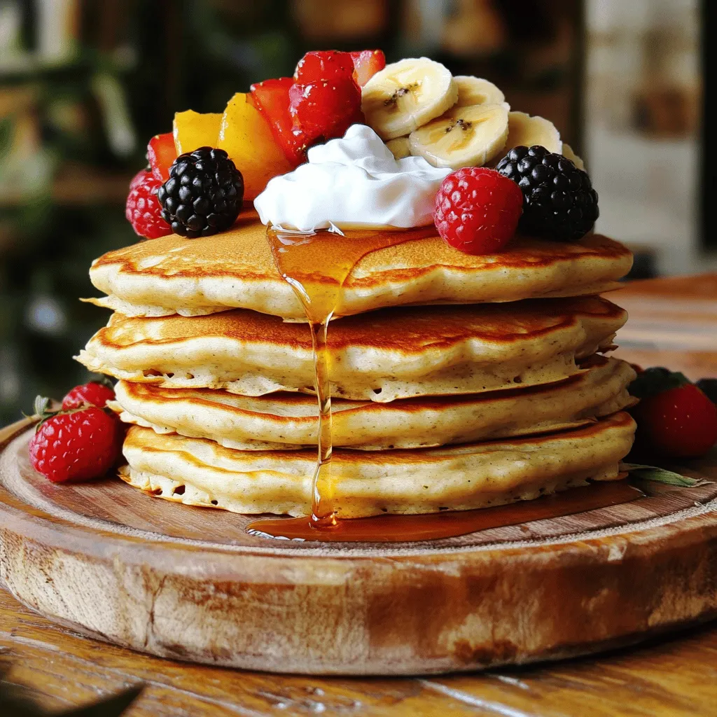 - 1 cup cottage cheese (preferably low-fat) - 1 cup rolled oats - 2 large eggs These three main ingredients form the base of the protein cottage cheese pancakes. Cottage cheese gives a creamy texture and rich protein. Rolled oats add fiber and a nice chew. Eggs help bind everything together and add moisture. - 1 tablespoon honey or maple syrup You can choose between honey or maple syrup for sweetness. Honey adds a floral note, while maple syrup gives a warm, rich flavor. Both sweeteners enhance the taste without overpowering the other ingredients. - 1 teaspoon vanilla extract - 1/2 teaspoon baking powder - 1/4 teaspoon salt Vanilla extract brings a lovely aroma and flavor to the pancakes. Baking powder helps them rise, making them light and fluffy. Salt balances the sweetness and enhances all the flavors. Adding these elements creates a well-rounded pancake that tastes great. To start, gather all your ingredients. You need cottage cheese, oats, eggs, honey (or maple syrup), vanilla extract, baking powder, and salt. Put these into a blender. Blend until smooth. The batter should be thick but pourable. If it feels too thick, add a little water or milk to help. Scrape down the sides of the blender as needed. This ensures all ingredients mix well together. Next, heat a non-stick skillet over medium heat. Lightly grease it with cooking spray or a small amount of oil. This helps prevent sticking. Pour about 1/4 cup of batter onto the skillet for each pancake. Cook for 2-3 minutes on one side. Watch for bubbles to form on the surface. This means they are ready to flip. Flip the pancakes and cook for another 1-2 minutes until golden brown. Adjust the heat if they cook too fast or slow. Once cooked, stack them on a plate. For toppings, I love fresh fruits like berries or banana slices. A dollop of Greek yogurt adds creaminess. Nut butter gives a nice flavor and protein boost. You can also sprinkle some cinnamon for extra warmth. Arrange the pancakes nicely for a beautiful presentation. Enjoy your tasty and healthy meal! The key to fluffy pancakes is the right mix of ingredients. Use one cup of cottage cheese and one cup of rolled oats. This balance gives a great texture. You want to blend until smooth but not too long. Overmixing can make your pancakes tough. Stop blending when it looks thick yet pourable. Heat plays a big role in cooking pancakes. Start with medium heat. Too high, and the outside burns before the inside cooks. Use a non-stick skillet or griddle. This helps prevent sticking and makes flipping easy. Lightly grease the pan with cooking spray or a bit of oil. Toppings can take your pancakes to the next level. I love fresh fruits like berries or bananas. Greek yogurt adds creaminess, and nut butter gives a nice crunch. A sprinkle of cinnamon can add warmth and depth. You can also mix in spices like nutmeg or cardamom for extra flavor. {{image_2}} You can make your protein cottage cheese pancakes even more fun! Try adding chocolate chips for a sweet touch. Just mix in a handful before cooking. They melt and create pockets of gooey goodness. Fruits are great too! Blueberries add a burst of flavor. Bananas bring a nice sweetness and moisture. You can mash bananas and stir them in for extra goodness. If you're gluten-free, you can still enjoy these pancakes. Use gluten-free rolled oats instead of regular oats. They will work great and keep the texture nice. For dairy-free options, swap the cottage cheese with a dairy-free alternative. Look for cashew or almond-based cream cheese. They blend well and keep the pancakes creamy. Want to pump up the protein? Adding protein powder is an easy way. Just a scoop in the blender will do the trick. This option is perfect for a post-workout meal. You can also include nuts or seeds in the batter. Chopped walnuts or chia seeds work well. They add a nice crunch and extra nutrition. Enjoy these variations and make your pancakes uniquely yours! To keep your leftover pancakes fresh, store them in an airtight container. Place a piece of parchment paper between each pancake to prevent sticking. You can refrigerate them for up to 3 days. For longer storage, freezing is a great option. Just stack the pancakes with parchment paper in between and place them in a freezer-safe bag. This way, they will stay good for about 2 months. When it’s time to enjoy your pancakes again, you can reheat them easily. The best way to warm pancakes is in a skillet over low heat. This method keeps them moist. Flip them after a minute or so. You can also use a microwave. Just cover them with a damp paper towel. Heat in short bursts of 20 seconds to avoid drying them out. Refrigerated pancakes last about 3 days. Make sure to keep them sealed well. For frozen pancakes, they stay good for about 2 months. Just remember to label the bag with the date. This way, you will know when to use them. Enjoy your tasty pancakes anytime! To boost protein in your pancakes, try these swaps: - Use Greek yogurt instead of cottage cheese. - Add a scoop of protein powder to the batter. - Mix in ground flaxseed or chia seeds. - Swap rolled oats for protein-rich quinoa flakes. These changes keep your pancakes tasty while adding more protein. You can mix and match these ideas. Each will help you reach your protein goals. Yes, you can! Here are some good alternatives: - Ricotta cheese offers a similar texture. - Silken tofu gives a creamy base for a vegan option. - Greek yogurt can work well, too. Each option gives a different taste but keeps the pancakes soft. Choose what you like best! Absolutely! Here are some tips for prepping and storing: - Cook pancakes ahead of time and cool them completely. - Store them in an airtight container in the fridge for up to 3 days. - To freeze, layer pancakes with parchment paper and place in a freezer bag. When ready to eat, just reheat them in the microwave or toaster. Enjoy your quick, tasty breakfast! You now have all the tools to make delicious pancakes. We covered ingredients like cottage cheese and oats. Blending right and cooking well leads to fluffy stacks. Explore variations for added flavor, like chocolate chips or fruits. Remember, storage tips help keep pancakes fresh. Enjoy making these pancakes, whether for breakfast or a snack. With practice, you'll create perfect bites every time. Start experimenting and have fun with your cooking!