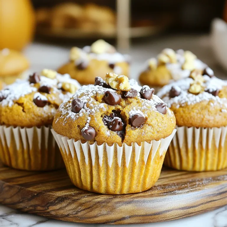 To make these delightful muffins, you need: - 1 cup canned pumpkin puree - 1/3 cup vegetable oil - 2 large eggs - 1 cup brown sugar - 1 teaspoon vanilla extract - 1 ½ cups all-purpose flour - 1 teaspoon baking powder - 1 teaspoon baking soda - 1 teaspoon cinnamon - 1/2 teaspoon nutmeg - 1/2 teaspoon salt - 1 cup chocolate chips These ingredients create a moist and flavorful base. The pumpkin puree adds natural sweetness and moisture. The brown sugar gives a rich flavor that pairs well with the spices. For extra flavor, you can add: - 1/4 cup chopped walnuts or pecans These nuts provide a nice crunch. They also add a depth of flavor to the muffins. Feel free to skip them if you prefer, but they do enhance the texture. To bake these muffins perfectly, you need a few key items: - Muffin tin - Paper liners or cooking spray - Mixing bowls - Whisk - Spatula Using a muffin tin lined with paper makes cleanup easy. Spraying it lightly ensures your muffins come out without sticking. Mixing bowls help separate wet and dry ingredients, which is key for the best texture. Start by preheating your oven to 350°F (175°C). This heat helps the muffins rise well. Next, line your muffin tin with paper liners or lightly grease each cup. This step keeps the muffins from sticking. In a large bowl, whisk together the canned pumpkin puree, vegetable oil, eggs, brown sugar, and vanilla extract. Mix until everything is smooth and creamy. This blend adds moisture and flavor to the muffins. In another bowl, whisk together the all-purpose flour, baking powder, baking soda, cinnamon, nutmeg, and salt. Mixing these dry ingredients first ensures even distribution. This step is key for proper rising and taste. Now it's time to combine the wet and dry mixes. Gradually fold the dry ingredients into the pumpkin mixture using a spatula. Be gentle and stop mixing as soon as there are no dry spots. Now, stir in the chocolate chips. If you like, add chopped walnuts or pecans for a nice crunch. Scoop the batter into your prepared muffin tin. Fill each cup about 3/4 full. This allows space for the muffins to rise. Bake them for 18-20 minutes. Check doneness by inserting a toothpick in the center; it should come out clean. Let the muffins cool in the tin for about 5 minutes. Then, transfer them to a wire rack to cool completely. For a special touch, serve warm on a pretty platter. You can dust them with powdered sugar or drizzle with melted chocolate for added sweetness. To get the best muffin texture, mix the batter gently. Overmixing can make them tough. Aim for a lumpy batter. This creates a light and soft muffin. Fill the muffin cups about three-quarters full. This lets them rise nicely, giving you a full, bakery-style look. You can swap some ingredients if needed. Use applesauce instead of oil for a lighter muffin. If you’re out of brown sugar, white sugar works too, but it may taste less rich. For a nut-free option, leave out the walnuts or pecans. You can also use dairy-free chocolate chips for a vegan treat. To boost flavor, add spices to your mix. Try adding a pinch of ginger or allspice for warmth. You can also add a splash of maple syrup. It pairs well with pumpkin and chocolate. Experiment with spices to find your perfect blend. These small changes can make your muffins taste amazing! {{image_2}} You can make these muffins gluten-free. Use a 1-to-1 gluten-free flour blend. Ensure it contains xanthan gum. This will help the muffins rise and stay fluffy. Follow the same steps for mixing and baking. You won’t lose flavor or texture. The chocolate chips blend perfectly with the pumpkin. To create a vegan version, replace eggs with flax eggs. Mix one tablespoon of flaxseed meal with three tablespoons of water. Let it sit for five minutes. You can also swap the vegetable oil with applesauce. This keeps the muffins moist and adds natural sweetness. Use dairy-free chocolate chips to keep it vegan. You can add other fun mix-ins to your muffins. Try adding 1/4 cup of chopped walnuts or pecans. These add a nice crunch. You can also mix in dried cranberries or raisins for a fruity twist. For a spicier kick, add a pinch of cayenne pepper. Each variation brings new flavors to your muffins. To keep your pumpkin chocolate chip muffins fresh, store them in an airtight container. Place parchment paper between layers to avoid sticking. Store at room temperature for up to three days. If you want them to last longer, refrigerate them for up to a week. Be sure to let them cool completely before storing. Freezing is a great way to save muffins for later. Once cooled, wrap each muffin tightly in plastic wrap. Then, place them in a freezer-safe bag or container. They can stay fresh in the freezer for up to three months. When you are ready to enjoy, simply thaw them at room temperature. To enjoy warm muffins, preheat your oven to 350°F (175°C). Place the muffins on a baking sheet. Heat for about 10 minutes. If you're in a hurry, you can use the microwave. Heat each muffin for about 20-30 seconds. Enjoy your warm muffins with a cup of coffee or tea! Yes, you can skip the chocolate chips. You can replace them with dried fruit or nuts. You could use raisins, cranberries, or even leave them out. Your muffins will still taste great. To make moist muffins, add a little more oil or pumpkin puree. You can also use plain yogurt or applesauce. These ingredients help keep your muffins soft and fluffy. Canned pumpkin is smooth and easy to use. It has a consistent flavor. Fresh pumpkin can give a richer taste but takes time to prepare. You need to cook and mash it first. Both options work well in this recipe. To check if your muffins are ready, insert a toothpick in the center. If it comes out clean, they are done. They should also be golden brown on top and spring back when touched. Muffins are easy to make with the right ingredients and steps. We covered key items needed, from basics to optional mix-ins. Then, I guided you through each baking step, ensuring perfect muffins every time. I shared tips to improve texture and flavor, plus variations for gluten-free and vegan diets. Remember to store muffins properly for freshness. With these insights, you'll bake delicious muffins that everyone will love. Enjoy your baking journey!