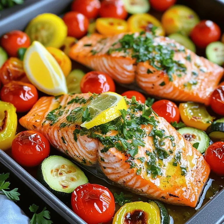 - 4 salmon fillets (about 6 oz each) - 2 cups cherry tomatoes, halved - 1 zucchini, sliced into half-moons - 1 red bell pepper, sliced into strips - 1 yellow bell pepper, sliced into strips - 3 tablespoons olive oil For this dish, I love using salmon fillets. They are rich in flavor and healthy. The cherry tomatoes add sweetness, while zucchini and bell peppers bring crunch and color. Olive oil is essential for roasting. It adds taste and helps the veggies cook perfectly. - 1 lemon, zested and juiced - 4 cloves garlic, minced - 1 tablespoon fresh thyme leaves (or 1 tsp dried thyme) - 1 tablespoon fresh dill, chopped (or 1 tsp dried dill) - Salt and pepper, to taste Lemon zest and juice brighten the dish. Garlic gives it depth. I like using fresh thyme and dill for a fresh taste. They pair well with salmon. Salt and pepper are key for balancing flavors. - Lemon wedges - Fresh parsley, chopped I always serve this dish with lemon wedges. They add a zesty kick. Fresh parsley not only looks nice, but it also enhances the flavor. Together, they make the meal pop visually and taste-wise. 1. Preheat your oven to 400°F (200°C). This step is key to getting a nice bake. 2. On a large baking sheet, arrange the cherry tomatoes, zucchini, and bell peppers. 3. Drizzle with 2 tablespoons of olive oil and sprinkle with salt and pepper. 4. Add half of the minced garlic and toss to mix well. 1. Create space in the center of the baking sheet for the salmon fillets. Place them skin-side down. 2. In a small bowl, mix the remaining olive oil, lemon zest, lemon juice, thyme, dill, salt, pepper, and the rest of the minced garlic. 3. Brush this flavorful mixture generously over the salmon fillets. 1. Bake in the preheated oven for 15-20 minutes. Check that the salmon is cooked through and flakes easily with a fork. The veggies should be tender. 2. Once done, take it out of the oven and let it rest for 5 minutes. This helps the flavors settle before serving. To check if your salmon is done, look for it to flake easily with a fork. The flesh should be opaque and not translucent. For alternative cooking methods, you can grill or pan-sear the salmon. Just make sure it cooks through evenly. When choosing vegetables, pick ones that are in season. Seasonal veggies taste better and are often more affordable. For roasting times, softer veggies like zucchini cook faster than harder ones like bell peppers. Adjust cooking times based on what you choose. Adding spices can really boost flavor. Try a pinch of paprika or a dash of cayenne for heat. If you don’t have fresh herbs, dried ones will work too. Just use less, as dried herbs are stronger than fresh ones. {{image_2}} You can swap salmon for other fish like cod or tilapia. These fish cook well and have a mild flavor. They will absorb the lemon and herb mix nicely. If you prefer chicken, use boneless, skinless chicken breasts. They take about the same time to cook as salmon. For a plant-based option, use firm tofu. Make sure to press it to remove extra water. Tofu will soak up all the tasty juices. You can add root vegetables to this dish for extra flavor and texture. Carrots or sweet potatoes work great. Just chop them into small pieces so they cook evenly. You can also try green veggies like asparagus or green beans. They add a nice crunch and bright color to the bake. Want to change up the taste? Try using different citrus fruits. Lime or orange can give the dish a fresh twist. You can also explore international spice blends. For example, a dash of curry powder or za'atar can bring new flavors to your salmon bake. Don't be afraid to mix and match your favorite spices! For leftover One-Pan Lemon Herb Salmon Veggie Bake, use airtight containers. Glass or plastic containers both work well. Make sure to cool the dish before sealing. Store it in the fridge for up to three days. This keeps the salmon and veggies fresh. To reheat, the best method is using the oven. Preheat your oven to 350°F (175°C). Place the salmon and veggies on a baking sheet. Cover them loosely with foil to keep moisture in. Heat for about 10 to 15 minutes. This helps maintain the flavor and texture of the dish. You can freeze this dish if you want to save some for later. For best results, freeze the components separately. Place salmon and veggies in freezer-safe bags. Remove as much air as possible. They can last up to two months in the freezer. When ready to enjoy, thaw overnight in the fridge. Reheat in the oven or microwave. This way, you can savor your meal without losing any taste. You should bake salmon fillets for 15 to 20 minutes at 400°F. This time allows the salmon to cook fully and flake easily with a fork. The key is to check for doneness. The salmon should be opaque and have a soft texture. If you like your salmon less cooked, you can remove it closer to 15 minutes. Yes, you can use frozen salmon! Just add a few extra minutes to the cooking time. For frozen fillets, bake for 20 to 25 minutes. Make sure to check the center for doneness. If it's still raw, give it a few more minutes. Thawing the salmon is not necessary, but it will cook more evenly if you do. You can serve many tasty sides with this dish. Here are some great options: - Quinoa or rice for a filling base - A fresh green salad for crunch - Roasted potatoes for a hearty touch - Garlic bread for some extra flavor - Steamed broccoli or asparagus for more veggies These sides will complement the salmon and veggies perfectly! In this post, we covered how to bake a delicious salmon veggie meal. We looked at key ingredients, including fresh salmon, vegetables, and herbs. I shared step-by-step instructions to guide you through preparation and baking. You also learned helpful tips, variations, and storage information. Baking salmon with veggies is simple and rewarding. You can easily customize it to your taste. Enjoy your cooking adventure, and remember, great meals start with fresh ingredients!