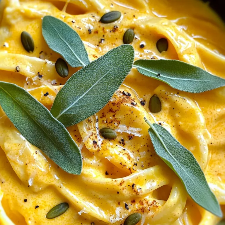 To make creamy pumpkin Alfredo, you need a few key ingredients. Here’s what you’ll need: - 12 oz fettuccine pasta - 1 cup pumpkin puree - 1 cup heavy cream - 1/2 cup grated Parmesan cheese - 3 cloves garlic, minced - 1 tablespoon olive oil - Spices: nutmeg, cinnamon, salt, and pepper - Optional garnish: fresh sage leaves, roasted pumpkin seeds Each ingredient adds unique flavor and texture to the dish. The fettuccine serves as a hearty base. Pumpkin puree gives it a rich, creamy feel. Heavy cream adds smoothness, while Parmesan brings a salty kick. Garlic infuses a warm aroma. The spices add depth and warmth, making the dish comforting. Fresh sage leaves and pumpkin seeds are great for garnish, adding a pop of color and crunch. Gather these ingredients before you start cooking. Having everything ready will make the process easier and more enjoyable. - Start by boiling salted water in a large pot. - Add 12 oz of fettuccine pasta. Cook it until it is al dente. - Once cooked, drain the pasta. Reserve 1/2 cup of pasta water for later. - In a large skillet, heat 1 tablespoon of olive oil over medium heat. - Add 3 cloves of minced garlic. Sauté it for about 1 minute. - Next, stir in 1 cup of pumpkin puree and 1 cup of heavy cream. Mix well. - Let it simmer for 3 to 4 minutes. This warms the sauce through. - Gradually add 1/2 cup of grated Parmesan cheese, 1/4 teaspoon of nutmeg, and 1/4 teaspoon of cinnamon to the sauce. - Stir until the cheese melts into a creamy sauce. If it’s too thick, add some reserved pasta water. - Toss the cooked fettuccine with the sauce until it is well coated. - Season with salt and pepper to taste. - Plate the creamy pumpkin Alfredo. Garnish with fresh sage leaves and optional roasted pumpkin seeds on top. To get the right creamy texture, always save some pasta water. When you mix the cooked pasta with the sauce, add a little of this water. This helps the sauce cling to the pasta better. If your sauce feels too thick, just stir in more heavy cream. This makes it rich and smooth. You can make this dish even tastier by adding spices. Try a pinch of red pepper flakes for some heat. You can also mix in some Italian herbs for depth. If you want to add protein, chicken or shrimp work great. Just cook them before adding to the sauce. They add heartiness and flavor. Presentation matters. Serve your creamy pumpkin Alfredo with fresh sage leaves on top. They add a nice pop of color and flavor. You can also sprinkle some roasted pumpkin seeds for crunch. Lastly, think about using different pasta shapes. Bowties or shells can make the dish look fun and unique. {{image_2}} You can easily make Creamy Pumpkin Alfredo vegetarian. First, add vegetables like spinach or kale. These greens add color and nutrients. They also bring a nice texture. Simply toss them into the sauce as it simmers. They will cook down quickly and blend well with the flavors. If you want to keep it vegan, replace Parmesan with a vegan alternative. Many brands offer great vegan cheeses. They melt well and give a similar taste to traditional cheese. Just stir it in like you would with regular cheese. This keeps the creaminess while making it plant-based. For a gluten-free version, use gluten-free pasta. Many options are available, from rice to chickpea pasta. They cook similarly and taste great. This way, everyone can enjoy the dish without worry. You can also make a pumpkin sauce without dairy. Swap heavy cream with coconut milk or a nut-based cream. This keeps the dish rich and creamy, while being friendly to those avoiding dairy. Just stir in the pumpkin puree and spices as usual. To add a festive touch, try adding cranberries. They give a sweet and tart flavor that pairs well with pumpkin. Toss in some dried cranberries at the end. They add a pop of color and a nice chew. You can also infuse the dish with sage or thyme. These herbs add a warm, earthy flavor. Add them to the sauce while it simmers. This will enhance the overall taste and make it more aromatic. To store your Creamy Pumpkin Alfredo, use an airtight container. This keeps the flavors fresh. Make sure the pasta has cooled before sealing. You can store it in the fridge for up to three days. If you notice any changes in smell or color, throw it out. The pumpkin sauce can last for about four days in the fridge if stored properly. You can freeze Creamy Pumpkin Alfredo for later. First, let the dish cool completely. Then, place it in a freezer-safe container. Seal it tightly to prevent freezer burn. It can last for up to three months in the freezer. When you’re ready to eat, thaw it overnight in the fridge. To reheat, you can use a skillet or microwave. Adding a splash of cream can help keep the sauce creamy. For the best results, reheat in a skillet over low heat. Stir often to keep the sauce smooth. If you use a microwave, heat in short bursts. Stir in between to ensure even heating. Be careful! The sauce can separate if it gets too hot. Adding a little pasta water can help fix this. Enjoy your delicious leftovers! To make Creamy Pumpkin Alfredo from scratch, follow these key steps: 1. Cook the Pasta: Boil salted water and cook the fettuccine until al dente. Drain and set aside some pasta water. 2. Sauté Garlic: Heat olive oil in a skillet, then add minced garlic. Cook until fragrant. 3. Make the Sauce: Stir in pumpkin puree and heavy cream. Simmer for a few minutes. 4. Add Cheese and Spices: Mix in grated Parmesan, nutmeg, and cinnamon. Stir until creamy. If too thick, add reserved pasta water. 5. Combine Pasta and Sauce: Toss the cooked fettuccine in the sauce. Season with salt and pepper. 6. Serve: Plate the dish with fresh sage and roasted pumpkin seeds on top. Yes, you can use fresh pumpkin! Fresh pumpkin gives a unique taste. It can be sweeter and have a firmer texture. Canned pumpkin is smoother and easier to use. When using fresh pumpkin, you need to cook and puree it first. This adds time but can enhance flavor. Creamy Pumpkin Alfredo pairs well with several side dishes. Here are some options: - Green Salad: A light green salad with vinaigrette balances the creaminess. - Garlic Bread: Crunchy garlic bread complements the dish nicely. - Roasted Vegetables: Roasted Brussels sprouts or asparagus add color and nutrition. - Grilled Chicken: For protein, serve with grilled chicken on top or on the side. These sides create a full meal and enhance your dining experience. This recipe for Creamy Pumpkin Alfredo combines delicious flavors and textures. You learned how to make the sauce, cook the pasta, and combine them for a great meal. You can adjust the recipe with fun twists, like adding spices or veggies. Storing and reheating tips ensure your leftovers stay tasty. Now, it’s time to enjoy your dish. Have fun cooking and share it with friends and family!