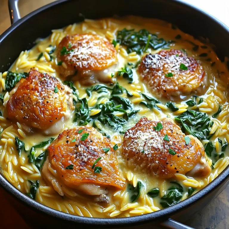 - 1 lb boneless, skinless chicken thighs - 1 cup orzo pasta - 4 cups low-sodium chicken broth - 4 cloves garlic, minced - 1 teaspoon dried Italian herbs - Salt and pepper to taste - 1 cup heavy cream - ½ cup grated Parmesan cheese - Fresh spinach Gathering the right ingredients is key for this recipe. First, you need chicken thighs. I love using boneless, skinless thighs because they stay juicy. Next, grab orzo pasta. It cooks up fast and adds a nice texture. You'll also want low-sodium chicken broth. This keeps the dish from being too salty. For flavor, garlic is a must. I use four cloves, minced. Dried Italian herbs really boost the taste. Don't forget salt and pepper to make it pop. Now, for the creamy part. Heavy cream gives this dish its rich flavor. I also add grated Parmesan cheese for extra depth. Fresh spinach adds color and nutrients. It wilts down nicely and blends well with the cream. With these ingredients, you create a tasty, one-pot meal that feels fancy but is so easy to make. 1. Start by heating olive oil in a large pot over medium heat. 2. Add the chopped chicken thighs to the pot. 3. Sprinkle salt and pepper over the chicken. 4. Sauté the chicken until it turns golden and cooks through, about 6 to 8 minutes. 5. Once done, remove the chicken from the pot and set it aside. 1. In the same pot, add the minced garlic. 2. Sauté for about 1 minute until it smells great. 3. Next, add the orzo pasta, stirring it well to coat with the garlic and oil. 4. Pour in the chicken broth, bringing it to a boil. 5. Reduce the heat and let it simmer for 10 to 12 minutes. Stir occasionally until the orzo is al dente and most liquid is gone. 1. Stir in the heavy cream and the dried Italian herbs. Mix well to combine. 2. Return the cooked chicken to the pot. 3. Add in the fresh spinach and the grated Parmesan cheese. 4. Stir everything until the spinach wilts and all ingredients blend together. 5. Adjust the taste with more salt and pepper if needed. 6. Remove the pot from heat and get ready to serve! To make this dish great, focus on the right consistency. You want the sauce creamy but not too thick. The heavy cream creates a rich sauce that clings to the orzo. If it feels too thick, just add a splash of broth to loosen it up. Cooking orzo to al dente is key. This means it should be firm when you bite into it. Cook it in the broth until most of the liquid is gone. Stir often to prevent sticking. It usually takes about 10-12 minutes. You can try different herbs and spices. Instead of dried Italian herbs, use fresh basil or thyme for extra flavor. A pinch of red pepper flakes adds a nice kick too. Adding more vegetables can boost nutrition. Try mixing in some diced bell peppers or mushrooms. You can also add peas or zucchini for color and crunch. These veggies will blend well with the chicken and orzo. Garnishing with parsley makes the dish pop. Chop fresh parsley and sprinkle it on top before serving. This adds color and freshness. For serving suggestions, pair this dish with a simple side salad or crusty bread. A light green salad with a lemon vinaigrette can balance the rich flavors. If you want something heartier, garlic bread complements the dish well. {{image_2}} You can switch up the protein in this dish to fit your taste. - Using chicken breast instead of thighs: Chicken breast works well if you prefer leaner meat. Just make sure to cook it until it’s no longer pink. Cut it into bite-sized pieces for easy eating. - Adding shrimp or sausage: Shrimp cooks quickly and adds a nice flavor. Toss it in during the last few minutes of cooking. Sausage gives a rich taste. Slice it and add it with the garlic for a nice sizzle. Making this dish fit your dietary needs is simple. - Making it gluten-free: Swap out the orzo for a gluten-free pasta. Many brands offer great options. Just be sure to adjust cooking times, as gluten-free pasta may cook faster. - Vegetarian adaptations: To make it vegetarian, leave out the chicken. You can add more veggies like mushrooms or bell peppers. Use vegetable broth instead of chicken broth for a full flavor. You can play with the flavors to keep it exciting. - Creamy tomato orzo: For a twist, add a cup of crushed tomatoes with the broth. This gives a rich, tangy flavor that pairs well with the cream. - Spicy garlic butter orzo: If you like heat, add red pepper flakes when cooking the garlic. This adds a nice kick to the dish without overpowering it. To store leftovers of your One-Pot Creamy Garlic Butter Chicken Orzo, let it cool first. Place it in an airtight container. This keeps air out and helps it stay fresh. I suggest using glass or BPA-free plastic containers. They are safe and easy to clean. You can freeze single servings of the dish. Just scoop portions into freezer-safe containers. Make sure to leave some space for the orzo to expand. When you want to enjoy it again, thaw it overnight in the fridge. Reheat it on the stove over low heat. Add a splash of chicken broth to keep it creamy. In the fridge, this dish lasts about 3 to 4 days. If you freeze it, it can stay good for up to 3 months. Always check for any off smells or changes in color before eating. This way, you can enjoy your tasty meal safely! Yes, you can prepare this dish ahead of time. To do this, cook the chicken and orzo as directed. After mixing in the cream and cheese, let it cool. Store it in an airtight container in the fridge. Reheat it gently on the stove with a splash of chicken broth. This keeps the orzo creamy and delicious. This dish pairs well with many sides. A simple green salad adds freshness. Roasted vegetables offer a nice balance. Garlic bread or crusty rolls can complement it well too. Choose sides that enhance the creamy flavors of the dish. To check if the orzo is cooked, taste a piece. It should be tender yet firm—what we call al dente. You should not see any excess water in the pot. If you need more time, stir it and let it cook a little longer. The orzo will absorb flavors and thicken the dish. This blog post gives you a complete guide to make One-Pot Creamy Garlic Butter Chicken Orzo. You learned about the key ingredients, from chicken thighs to creamy spinach. The step-by-step instructions make cooking easy. I shared tips for perfecting your dish and variations to spice things up. Remember, you can store leftovers for later. Understanding these details makes meal prep simple and fun. Enjoy your cooking journey and feel free to try new flavors. The kitchen is your playground!