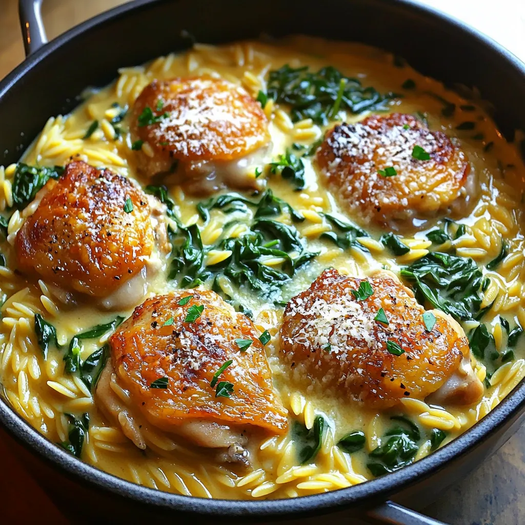 - 1 lb boneless, skinless chicken thighs - 1 cup orzo pasta - 4 cups low-sodium chicken broth - 4 cloves garlic, minced - 1 teaspoon dried Italian herbs - Salt and pepper to taste - 1 cup heavy cream - ½ cup grated Parmesan cheese - Fresh spinach Gathering the right ingredients is key for this recipe. First, you need chicken thighs. I love using boneless, skinless thighs because they stay juicy. Next, grab orzo pasta. It cooks up fast and adds a nice texture. You'll also want low-sodium chicken broth. This keeps the dish from being too salty. For flavor, garlic is a must. I use four cloves, minced. Dried Italian herbs really boost the taste. Don't forget salt and pepper to make it pop. Now, for the creamy part. Heavy cream gives this dish its rich flavor. I also add grated Parmesan cheese for extra depth. Fresh spinach adds color and nutrients. It wilts down nicely and blends well with the cream. With these ingredients, you create a tasty, one-pot meal that feels fancy but is so easy to make. 1. Start by heating olive oil in a large pot over medium heat. 2. Add the chopped chicken thighs to the pot. 3. Sprinkle salt and pepper over the chicken. 4. Sauté the chicken until it turns golden and cooks through, about 6 to 8 minutes. 5. Once done, remove the chicken from the pot and set it aside. 1. In the same pot, add the minced garlic. 2. Sauté for about 1 minute until it smells great. 3. Next, add the orzo pasta, stirring it well to coat with the garlic and oil. 4. Pour in the chicken broth, bringing it to a boil. 5. Reduce the heat and let it simmer for 10 to 12 minutes. Stir occasionally until the orzo is al dente and most liquid is gone. 1. Stir in the heavy cream and the dried Italian herbs. Mix well to combine. 2. Return the cooked chicken to the pot. 3. Add in the fresh spinach and the grated Parmesan cheese. 4. Stir everything until the spinach wilts and all ingredients blend together. 5. Adjust the taste with more salt and pepper if needed. 6. Remove the pot from heat and get ready to serve! To make this dish great, focus on the right consistency. You want the sauce creamy but not too thick. The heavy cream creates a rich sauce that clings to the orzo. If it feels too thick, just add a splash of broth to loosen it up. Cooking orzo to al dente is key. This means it should be firm when you bite into it. Cook it in the broth until most of the liquid is gone. Stir often to prevent sticking. It usually takes about 10-12 minutes. You can try different herbs and spices. Instead of dried Italian herbs, use fresh basil or thyme for extra flavor. A pinch of red pepper flakes adds a nice kick too. Adding more vegetables can boost nutrition. Try mixing in some diced bell peppers or mushrooms. You can also add peas or zucchini for color and crunch. These veggies will blend well with the chicken and orzo. Garnishing with parsley makes the dish pop. Chop fresh parsley and sprinkle it on top before serving. This adds color and freshness. For serving suggestions, pair this dish with a simple side salad or crusty bread. A light green salad with a lemon vinaigrette can balance the rich flavors. If you want something heartier, garlic bread complements the dish well. {{image_2}} You can switch up the protein in this dish to fit your taste. - Using chicken breast instead of thighs: Chicken breast works well if you prefer leaner meat. Just make sure to cook it until it’s no longer pink. Cut it into bite-sized pieces for easy eating. - Adding shrimp or sausage: Shrimp cooks quickly and adds a nice flavor. Toss it in during the last few minutes of cooking. Sausage gives a rich taste. Slice it and add it with the garlic for a nice sizzle. Making this dish fit your dietary needs is simple. - Making it gluten-free: Swap out the orzo for a gluten-free pasta. Many brands offer great options. Just be sure to adjust cooking times, as gluten-free pasta may cook faster. - Vegetarian adaptations: To make it vegetarian, leave out the chicken. You can add more veggies like mushrooms or bell peppers. Use vegetable broth instead of chicken broth for a full flavor. You can play with the flavors to keep it exciting. - Creamy tomato orzo: For a twist, add a cup of crushed tomatoes with the broth. This gives a rich, tangy flavor that pairs well with the cream. - Spicy garlic butter orzo: If you like heat, add red pepper flakes when cooking the garlic. This adds a nice kick to the dish without overpowering it. To store leftovers of your One-Pot Creamy Garlic Butter Chicken Orzo, let it cool first. Place it in an airtight container. This keeps air out and helps it stay fresh. I suggest using glass or BPA-free plastic containers. They are safe and easy to clean. You can freeze single servings of the dish. Just scoop portions into freezer-safe containers. Make sure to leave some space for the orzo to expand. When you want to enjoy it again, thaw it overnight in the fridge. Reheat it on the stove over low heat. Add a splash of chicken broth to keep it creamy. In the fridge, this dish lasts about 3 to 4 days. If you freeze it, it can stay good for up to 3 months. Always check for any off smells or changes in color before eating. This way, you can enjoy your tasty meal safely! Yes, you can prepare this dish ahead of time. To do this, cook the chicken and orzo as directed. After mixing in the cream and cheese, let it cool. Store it in an airtight container in the fridge. Reheat it gently on the stove with a splash of chicken broth. This keeps the orzo creamy and delicious. This dish pairs well with many sides. A simple green salad adds freshness. Roasted vegetables offer a nice balance. Garlic bread or crusty rolls can complement it well too. Choose sides that enhance the creamy flavors of the dish. To check if the orzo is cooked, taste a piece. It should be tender yet firm—what we call al dente. You should not see any excess water in the pot. If you need more time, stir it and let it cook a little longer. The orzo will absorb flavors and thicken the dish. This blog post gives you a complete guide to make One-Pot Creamy Garlic Butter Chicken Orzo. You learned about the key ingredients, from chicken thighs to creamy spinach. The step-by-step instructions make cooking easy. I shared tips for perfecting your dish and variations to spice things up. Remember, you can store leftovers for later. Understanding these details makes meal prep simple and fun. Enjoy your cooking journey and feel free to try new flavors. The kitchen is your playground!