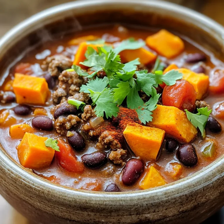 - 1 pound ground beef - 1 large sweet potato, peeled and diced - 1 can (14 oz) diced tomatoes - 1 can (15 oz) kidney beans, drained and rinsed - 1 can (15 oz) black beans, drained and rinsed - 1 medium onion, chopped - 2 cloves garlic, minced - 1 bell pepper (red or green), chopped For the main ingredients, I like to use fresh items whenever I can. The ground beef gives the chili rich flavor. Sweet potatoes add a nice sweetness and texture. Canned tomatoes and beans make it quick and easy. The onion and bell pepper provide a great base for flavor. - 2 tablespoons chili powder - 1 teaspoon cumin - 1 teaspoon smoked paprika - Salt and pepper to taste Spices are key to making this chili pop. Chili powder brings heat and depth. Cumin adds warmth, while smoked paprika gives it a lovely smokiness. Adjust salt and pepper to your taste for the perfect balance. - Fresh cilantro - Other garnish ideas Garnishing is a fun way to add flair. Fresh cilantro brightens the dish and adds freshness. You can also try cheese, avocado, or sour cream for extra richness. Play around with your favorites to make it your own! To start, you need to brown the ground beef. Add one pound of ground beef to the slow cooker. Set it to high and cook for about five minutes. Use a spoon to break the beef apart as it cooks. If your slow cooker does not brown, you can use a skillet. Brown the beef in the skillet first, then drain the extra fat before adding it to the slow cooker. Next, you will add the vegetables. Dice one large sweet potato. Peel it first to keep it tender. Chop one medium onion and one bell pepper. The bell pepper can be red or green, depending on what you like. Add the sweet potato, onion, and bell pepper into the slow cooker with the beef. Now, it's time to mix everything. Pour in one can of diced tomatoes, along with their juices. Add one can each of kidney beans and black beans. Remember to drain and rinse the beans first. Sprinkle two tablespoons of chili powder, one teaspoon of cumin, and one teaspoon of smoked paprika on top. Season with salt and pepper to your taste. Stir all the ingredients well to combine. Finally, pour in two cups of beef broth. Make sure all the ingredients are covered by the broth. Cover the slow cooker and cook on low for six to eight hours. If you are short on time, you can cook it on high for three to four hours. The chili is ready when the sweet potatoes are soft. To make your chili shine, start with the spice levels. You can adjust spices to fit your taste. If you like it hot, add more chili powder. For a milder chili, use less. Taste as you go. This helps you find your perfect balance. For seasoning techniques, I suggest layering flavors. Add garlic and onion first. This adds depth. Next, sprinkle spices over the top. Stir them in to coat the meat and veggies. This method ensures every bite is flavorful. Using a slow cooker gives you even cooking. Make sure to set it on low for the best results. Cooking low and slow helps all the flavors blend well. If you're short on time, you can use high heat, but keep an eye on it. Ingredient proportions matter too. Use the right amount of beef, beans, and sweet potatoes. This ensures a thick and hearty chili. Too much liquid can make it soupy. Be mindful of your beef broth, as it adds extra liquid. For sides, cornbread goes great with this chili. You can also serve it with rice or tortilla chips. These options add texture and flavor to your meal. To enhance presentation, use a nice bowl. Spoon the chili into it and top with fresh cilantro. A sprinkle of cheese or avocado can add color too. Serve it hot for a cozy meal. {{image_2}} You can swap beans or meats to change your chili. Try using ground turkey or chicken. They make a leaner option. If you want to mix up the beans, use pinto or black-eyed peas. They add different textures and flavors. For veggies, consider adding corn, zucchini, or even carrots. Each adds a sweet touch. For a vegetarian chili, skip the ground beef. Use lentils or more beans instead. This keeps the dish hearty and filling. To make it gluten-free, check all your canned goods. Ensure the beans and broth are gluten-free. Most canned items are safe, but it’s good to check. Want more heat? Add jalapeños or serrano peppers. They will spice things up! If you want to play with flavors from other cuisines, try adding curry powder or chipotle peppers. Each change brings a new twist to the dish. You can also add fresh herbs like basil or oregano for a fresh taste. To keep your chili fresh, store it in an airtight container. This helps lock in flavor and moisture. Place the container in the fridge within two hours of cooking. Your leftovers can last up to four days in the fridge. If you need more time, freezing is a great option. - For freezing, use a freezer-safe container or bag. - Leave some space in the container for expansion. - Chili can stay good in the freezer for up to three months. When you are ready to enjoy the chili again, reheating is easy. You have a few options for this. - Microwave: Transfer a portion to a microwave-safe bowl. Cover it loosely and heat for 1-2 minutes. Stir halfway through to ensure even heating. - Stovetop: Pour the chili into a pot. Heat over medium heat, stirring often, until hot. - Slow Cooker: Set the slow cooker to low. Add the chili and heat for 1-2 hours. Make sure to taste and adjust seasoning as needed. This helps keep that tasty flavor and great texture. In the fridge, your chili will last for about four days. If you freeze it, it can last about three months. Look for signs of spoilage before eating. - If you see mold, discard the chili. - If it smells off or sour, it’s best to throw it away. Storing and reheating properly keeps your chili safe and tasty! Yes, you can use ground turkey or chicken. Both will make a lighter chili. Just cook them the same way as beef. The flavor will be different but still tasty. To add heat, try these tips: - Use hotter chili powder. - Add diced jalapeños or serrano peppers. - Mix in some cayenne pepper. Start with small amounts. Taste as you go. This way, you can control the spice level. Yes, you can make this chili on the stovetop. Cook the beef in a pot first. Then add all the other ingredients. Let it simmer for about 30-40 minutes. Stir often to avoid burning. The chili will be ready when the sweet potatoes are soft. Absolutely! You can add more veggies like carrots, zucchini, or corn. Just chop them small. Add them with the other ingredients to ensure they cook well. Store leftovers in an airtight container. Place them in the fridge for up to 4 days. You can also freeze chili. It lasts about 3 months in the freezer. Just let it cool before freezing. Yes, making it a day ahead is a great idea. The flavors deepen overnight. Just reheat it in a pot or microwave before serving. This blog post covered the key steps to making a tasty chili. We discussed main ingredients like ground beef and sweet potatoes. The spices add depth, while tips help perfect the flavor and cooking time. You can switch up ingredients or use dietary mods for your needs. Always store leftovers properly to enjoy later. With these insights, you can create your dream chili. Dive in and savor every bite!