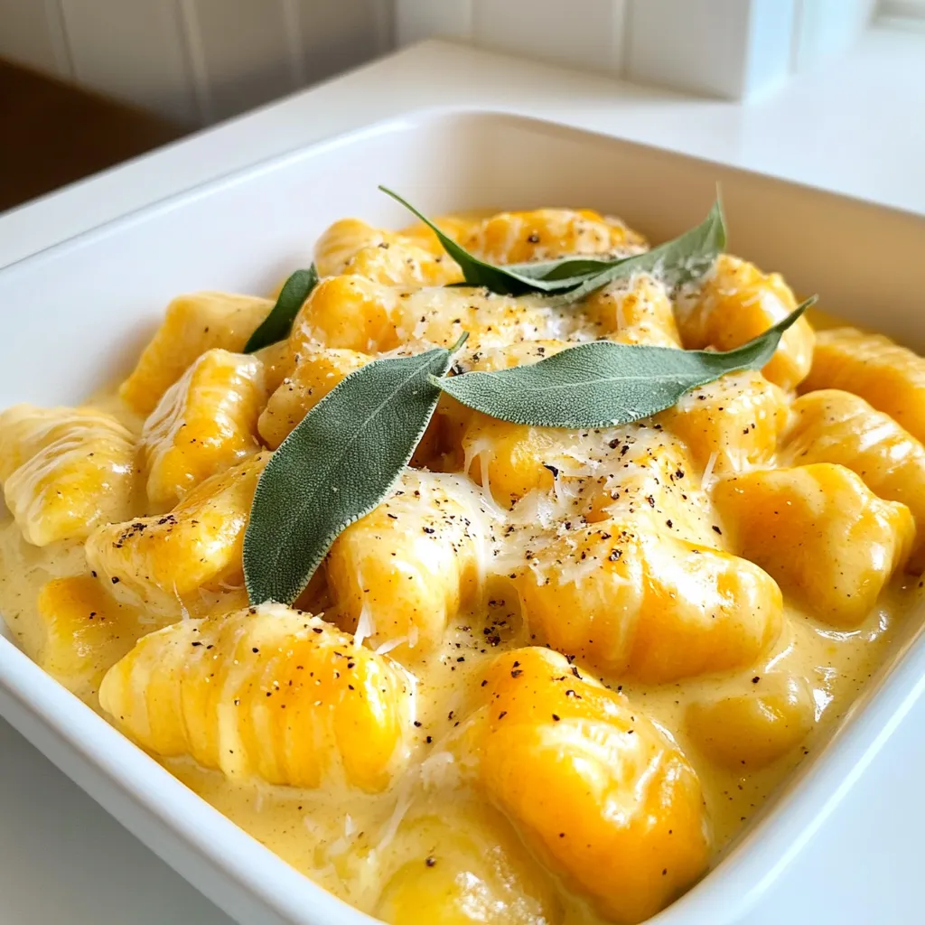 To make Pumpkin Alfredo Gnocchi, gather these ingredients: - 1 pound store-bought gnocchi - 1 cup pumpkin puree - 1 cup heavy cream - ½ cup grated Parmesan cheese - 2 tablespoons butter - 2 garlic cloves, minced - 1 teaspoon nutmeg - Salt and pepper to taste - Fresh sage leaves for garnish For the best taste, I suggest using Barilla gnocchi. It has a nice texture. For pumpkin puree, Libby's is reliable and offers a rich flavor. When it comes to Parmesan, look for Grana Padano or Parmigiano-Reggiano. These brands melt beautifully into the sauce and enhance the overall taste. If you want a lighter version, try using half-and-half instead of heavy cream. For vegan options, use cashew cream and nutritional yeast instead of cheese. If you're gluten-free, look for gluten-free gnocchi made from rice or potato. These swaps keep the flavor while catering to different diets. To start, bring a large pot of salted water to a boil. This step is key for cooking the gnocchi. Once boiling, add the store-bought gnocchi. Cook them for about 2-3 minutes. You will know they are done when they float to the top of the water. After cooking, drain the gnocchi and set them aside. This will keep them warm while you make the sauce. Next, grab a large skillet and melt 2 tablespoons of butter over medium heat. Once the butter is melted, add 2 minced garlic cloves. Sauté the garlic for about 1 minute until it smells great but isn’t browned. Then, stir in 1 cup of pumpkin puree. Cook this mixture for 2-3 minutes to warm it through. After that, slowly pour in 1 cup of heavy cream. Stir well to mix everything. Let the sauce simmer for about 5 minutes, stirring it occasionally. This helps blend the flavors. Now, add ½ cup of grated Parmesan cheese, 1 teaspoon of nutmeg, and some salt and pepper. Mix until the cheese melts and the sauce is smooth. Now, it's time to combine the gnocchi with the pumpkin Alfredo sauce. Gently fold the cooked gnocchi into the sauce. Make sure each piece gets covered in the creamy goodness. Cook everything together for another 2-3 minutes. This step heats the gnocchi and lets it soak up the flavor. Once done, serve it right away. Add fresh sage leaves on top for a nice touch. Enjoy this warm, creamy dish that feels like a hug! To cook gnocchi just right, start with salted water. Bring it to a boil over medium heat. Once boiling, add the gnocchi. They usually take 2-3 minutes to cook. You know they’re ready when they float to the top. This means they are light and fluffy. Drain the gnocchi in a colander and set them aside. This method keeps their shape and taste. You can easily boost the flavor of your Pumpkin Alfredo Gnocchi. Fresh herbs like sage and thyme work well. Add sage leaves to the sauce as it simmers. This gives a lovely aroma and taste. If you want a little heat, try red pepper flakes. Just a pinch can make a big difference. Freshly chopped parsley also adds color and freshness. For a beautiful presentation, serve the gnocchi in shallow bowls. Drizzle with extra cream or olive oil for a glossy look. Top with more grated Parmesan cheese for richness. A sprinkle of freshly cracked pepper adds flavor and style. Lastly, place a few sage leaves on top for that gourmet touch. This makes your dish not just tasty, but also pleasing to the eye. {{image_2}} You can add many healthy ingredients to your Pumpkin Alfredo Gnocchi. Try mixing in spinach or kale for extra greens. These leafy veggies cook fast and add color. You can also toss in cooked chicken or sausage for protein. If you want a nutty flavor, add toasted walnuts or pine nuts. They make each bite more interesting. If you want a twist on the classic sauce, consider using different bases. A creamy white sauce can be a great choice. You can replace pumpkin puree with roasted red peppers for a sweeter taste. A pesto sauce can also add a fresh flavor. Just blend fresh basil, garlic, and nuts for a quick sauce. Each variation brings its own unique taste. For a gluten-free meal, look for gluten-free gnocchi at the store. Many brands now make them with rice or potatoes. If you need a dairy-free version, use coconut cream instead of heavy cream. Nutritional yeast can replace Parmesan cheese for a cheesy taste without dairy. With these swaps, everyone can enjoy this dish. To store leftover Pumpkin Alfredo Gnocchi, place it in an airtight container. Make sure it cools to room temperature before sealing. This helps to keep the dish fresh. Store it in the fridge for up to three days. Label the container with the date. This way, you will know when to enjoy it again. Reheat your gnocchi on the stove for the best taste. Warm a skillet over low heat. Add a splash of cream or a little water to keep it moist. Stir gently for about five minutes until heated through. You can also use the microwave. Heat it in short bursts, stirring in between to avoid hot spots. This keeps the texture nice and creamy. If you want to freeze it, start by letting it cool completely. Portion the gnocchi into freezer-safe bags or containers. Remove as much air as possible to prevent freezer burn. It can last for up to three months in the freezer. When ready to eat, thaw in the fridge overnight. Then reheat as mentioned above for a warm, tasty meal. Yes, you can use fresh pumpkin. First, roast or steam the pumpkin until soft. Then, mash it or blend it until smooth. This will give your dish a fresh taste. Just make sure to measure out one cup, just like the puree. Gnocchi cooks quickly. When they float to the top of the water, they are done. This usually takes about 2-3 minutes. If they stay at the bottom, give them more time. Don't forget to drain them after cooking. You can serve this dish with a simple green salad. A fresh arugula salad pairs well. Garlic bread is another great side. You could also try roasted veggies for a colorful plate. To add spice, try adding red pepper flakes to the sauce. Start with a small amount and taste. You can also use a spicy cheese instead of Parmesan. Fresh herbs like basil or cilantro can give a nice kick too. This blog post showed you how to make Pumpkin Alfredo Gnocchi from scratch. We explored key ingredients, cooking steps, and tips for perfect results. You learned about healthy add-ins and tasty sauce options. Plus, we shared ways to store and reheat your leftovers. Enjoy the process of cooking and make it your own. Each meal is a chance to learn and enjoy time in the kitchen. Happy cooking!
