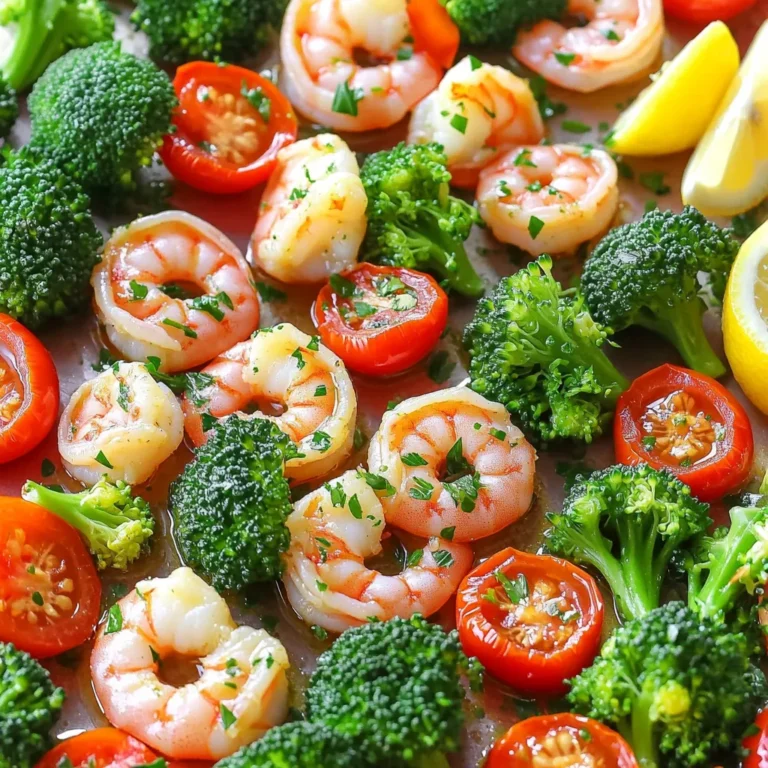 - 1 lb large shrimp, peeled and deveined - 2 cups broccoli florets - 1 cup cherry tomatoes, halved - 1 red bell pepper, sliced into strips - 4 cloves garlic, minced - 1/4 cup unsalted butter, melted - 2 tablespoons olive oil - 1 teaspoon smoked paprika - 1 teaspoon dried oregano - 1/2 teaspoon red pepper flakes - Salt and pepper to taste - Fresh parsley, chopped (for garnish) - Lemon wedges (for serving) Gather these ingredients before you start. The shrimp is the star. You want large, fresh shrimp that are peeled and deveined. Broccoli adds crunch and is healthy. Cherry tomatoes bring sweetness, while red bell pepper adds color and flavor. The seasonings make this dish pop. Garlic gives a bold taste. Unsalted butter adds richness. Olive oil helps everything cook evenly. Smoked paprika gives a nice smoky flavor. Dried oregano adds an earthy touch. Adjust red pepper flakes for your spice level. Use salt and pepper to enhance all the flavors. Fresh parsley brightens it up, and lemon wedges add a fresh zing when serving. Now, you're ready to create a delicious meal that is quick and easy! 1. First, preheat your oven to 400°F (200°C). This helps the shrimp cook evenly. 2. Line a large baking sheet with parchment paper. This makes cleanup easy. 3. In a big bowl, mix the melted butter, olive oil, minced garlic, smoked paprika, dried oregano, red pepper flakes, salt, and pepper. Whisk them well to combine. 1. Add the shrimp to your bowl and toss them in the garlic butter mix. Let them marinate for a few minutes. 2. On the prepared baking sheet, spread out the broccoli florets, cherry tomatoes, and red bell pepper strips. Drizzle a bit of olive oil over the veggies and toss them to coat. 3. Now, arrange the marinated shrimp on top of the veggies in an even layer. This helps all the flavors blend. 1. Bake everything in your preheated oven for 15-20 minutes. 2. Check for doneness when the shrimp are pink and opaque. The veggies should be tender. 3. Once done, take it out of the oven. Garnish with chopped fresh parsley and serve with lemon wedges for a zesty touch. To get the best shrimp, marinate them for at least 15 minutes. This lets the flavors soak in. If you have more time, 30 minutes works great too. Just don’t go too long, or the shrimp may become mushy. Cook the shrimp for 15 to 20 minutes at 400°F. Keep an eye on them. They turn pink and opaque when done. Overcooked shrimp can be tough, so check them closely. Feel free to swap in other veggies. Zucchini, asparagus, or snap peas can work well. You can also add carrots or cauliflower for a different taste. Adjust cooking times for thicker vegetables. For example, carrots may need a few extra minutes. Always cut veggies into similar sizes to ensure even cooking. Want to kick it up a notch? Try adding herbs like thyme or dill. They add fresh notes to the dish. Flavored butters can also bring new tastes. Try garlic herb butter or lemon butter. Just melt it and mix it with the shrimp. This simple change makes a big difference! {{image_2}} You can easily switch shrimp with chicken or tofu. For chicken, use boneless thighs or breasts. Cut them into bite-sized pieces and adjust cooking time. For tofu, use firm or extra-firm tofu. Press out excess water, then cube it. This makes it soak up the garlic butter well. If you need a gluten-free option, just check your seasonings. Most spices are gluten-free, but sauces can vary. Always read labels before use. This way, you can enjoy the dish without worry. Want to change up the taste? You can add fresh herbs like basil or thyme. These herbs bring a fresh twist to the dish. Add them right before serving to keep their flavor bright. You can also use citrus flavors beyond lemon. Try lime or orange juice for a different zing. A splash of these juices can brighten the shrimp and veggies. To make a complete meal, serve this dish over rice or quinoa. Both grains will soak up the tasty garlic butter. You can also pair it with a simple salad for a fresh crunch. For side dishes, consider garlic bread or a light soup. These options can round out your dinner and impress your guests. Each of these suggestions enhances the meal and adds variety to your table. To keep your Sheet-Pan Garlic Butter Shrimp and Veggies fresh, place leftovers in an airtight container. This method helps prevent odors and keeps the dish tasty. You can store the leftovers in the fridge for up to three days. If you want to keep them longer, freezing is a great option. When reheating, you want to keep the shrimp tender and juicy. The best way to do this is to use the oven. Preheat it to 350°F (175°C). Place the dish in the oven for about 10 minutes. You can also use a microwave, but be careful not to overcook the shrimp. Heat for short bursts of 30 seconds and check often. Yes, you can freeze this dish! To freeze, let it cool completely. Then, place the shrimp and veggies in a freezer-safe bag. Squeeze out as much air as possible before sealing. You can freeze it for up to three months. To thaw, move it to the fridge overnight. Reheat as mentioned above for best results. Can I use frozen shrimp for this recipe? Yes, you can use frozen shrimp. Just thaw them before cooking. Place them in cold water for about 15 minutes. This helps keep the shrimp juicy and tender. How do I know when the shrimp is fully cooked? Look for a pink color and an opaque look. The shrimp will curl into a C shape when done. This means it is safe to eat. Why is my shrimp rubbery? Shrimp can become rubbery if overcooked. Aim for 15-20 minutes in the oven. If you see them turning pink, you are close. Can I prepare this dish ahead of time? Yes, you can prep the shrimp and veggies ahead. Marinate the shrimp and store in the fridge. Keep veggies in a separate container for freshness. What can I do if I don’t have smoked paprika? If you lack smoked paprika, use regular paprika. You can also add a dash of cumin for a slightly different flavor. Can I use a different type of pan? Yes, feel free to use any large baking pan. Just ensure it can handle the heat. A cast-iron skillet works well too. This blog post covered a tasty shrimp dish with nutritious veggies. We looked at the main ingredients, seasonings, and preparation steps. I shared tips to make your shrimp perfect and how to change up flavors. You can also store leftovers safely or modify the recipe to fit your needs. As you try this dish, remember that cooking can be fun. Experiment with flavors and enjoy every bite! Enjoy making this meal your own!