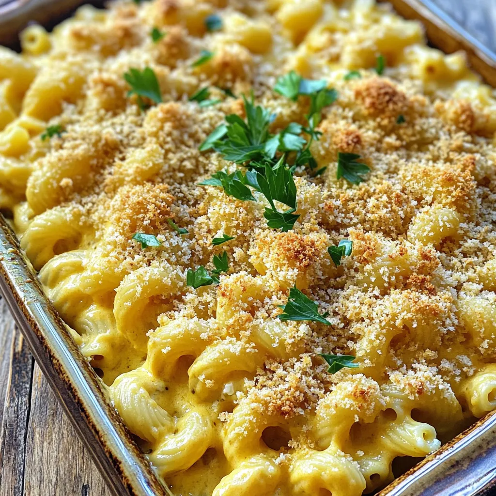 - 8 oz whole grain macaroni - 1 cup cottage cheese (low-fat or full-fat as preferred) - 1 cup shredded sharp cheddar cheese - 1 cup unsweetened almond milk (or regular milk) - ½ cup plain Greek yogurt - 1 tablespoon garlic powder - 1 tablespoon onion powder - 1 teaspoon mustard powder - Salt and pepper to taste - ½ cup Panko breadcrumbs (for topping) - Fresh parsley, chopped (for garnish) Each ingredient plays a key role in this dish. The whole grain macaroni gives you fiber, which is great for digestion. Cottage cheese adds protein, making this mac and cheese a filling meal. I love using sharp cheddar cheese for a bold flavor. Almond milk keeps it creamy without too many calories. Greek yogurt adds both creaminess and protein. For seasoning, garlic and onion powder add depth. Mustard powder brightens the flavor. If you want a crispy top, Panko breadcrumbs are perfect. A sprinkle of fresh parsley makes it pretty and adds color. - First, grab a large pot. Fill it with water and add a pinch of salt. - Bring the water to a rolling boil over high heat. - Once boiling, add 8 oz of whole grain macaroni. - Cook the macaroni according to the package instructions. Aim for al dente texture. - After cooking, drain the macaroni and set it aside. - In the same pot, lower the heat to medium. - Add 1 cup of cottage cheese and 1 cup of shredded sharp cheddar cheese. - Pour in 1 cup of unsweetened almond milk and ½ cup of plain Greek yogurt. - Add 1 tablespoon of garlic powder, 1 tablespoon of onion powder, and 1 teaspoon of mustard powder. - Stir the mixture until the cheese starts to melt and the sauce is smooth. - Now, combine the drained macaroni with the cheese sauce in the pot. - Stir gently until every piece of pasta is coated in the creamy sauce. - Season with salt and pepper to taste. - If you want a crunchy topping, preheat your oven to 375°F (190°C). - Transfer the mac and cheese to a greased baking dish. - Sprinkle ½ cup of Panko breadcrumbs evenly on top for added crunch. - Place the dish in the oven and bake for 15-20 minutes until golden brown and bubbly. - Ensuring macaroni is perfectly cooked Cook your macaroni in boiling salted water. Check the package for the time. Aim for al dente, which means it should still have a slight bite. This helps it hold up in the cheese sauce. - Achieving a smooth cheese sauce For a smooth sauce, mix the cottage cheese, cheddar, and milk in the pot. Stir often over medium heat. If it clumps, keep stirring. The goal is a creamy texture that coats the pasta well. - Adding herbs or spices You can boost flavor by adding fresh or dried herbs. Try a teaspoon of basil or thyme. A hint of paprika adds warmth and depth. Experiment to find what you love best! - Recommended cheese pairings Sharp cheddar works great, but you can mix in mozzarella for creaminess. Gouda adds a unique flavor. Don’t be afraid to combine different cheeses for a rich taste. - Ideal accompaniments for the dish This dish pairs well with a simple salad. A mix of greens with a light vinaigrette complements the richness of the mac and cheese. You can also serve it with grilled vegetables for added nutrition. - Presentation tips for a gourmet look Serve in a nice bowl or dish. Sprinkle fresh parsley on top for color. If you used Panko, let the crunchy topping shine. A drizzle of olive oil can add a lovely finish. {{image_2}} You can boost the protein in your mac and cheese easily. Adding cooked chicken or turkey gives it a hearty twist. Just shred the meat and mix it in with the pasta and cheese. This adds flavor and fills you up. For a veggie option, try adding cooked lentils or chickpeas. They provide good protein without meat. If you need a gluten-free version, choose gluten-free macaroni. Many brands offer great options that taste just as good. For those avoiding dairy, use dairy-free cheese. Check labels to find one that melts well. This way, everyone can enjoy a creamy mac and cheese. Want to add some color and nutrition? Toss in vegetables like spinach or broccoli. They blend well and add a nice crunch. You can also play with different cheese combinations. Try mozzarella for a milder flavor or gouda for a rich taste. Experimenting with flavors makes this dish fun and exciting! Store leftover mac and cheese in an airtight container. This keeps it fresh and tasty. Let it cool before sealing the container. I recommend using glass or plastic containers with tight lids. They prevent spills and help keep flavors locked in. You can freeze mac and cheese for later. Use freezer-safe containers or bags. Portion the mac and cheese into smaller amounts for easy meals later. When you’re ready to eat, thaw it overnight in the fridge. Reheat in the microwave or oven until hot. Add a splash of milk to keep it creamy. In the fridge, mac and cheese lasts about three to five days. Check for signs of spoilage. Look for off smells, mold, or a dry texture. If you see any of these signs, it’s best to toss it out. Always trust your senses to keep food safe. Yes, you can use regular cheese. However, cottage cheese adds protein and creaminess. It also keeps the dish lighter. If you prefer a richer taste, try blending mozzarella or ricotta with cheddar. To cut calories, use low-fat cheese and omit the Panko breadcrumbs. You can also swap almond milk for skim milk. Another tip is to lower the amount of cheese used. This keeps the flavor while making it lighter. If you don’t have Greek yogurt, try using sour cream instead. You can also use regular yogurt, but it will be a bit thinner. For a dairy-free option, use silken tofu blended until smooth. Absolutely! This mac and cheese stores well. You can make it ahead and reheat it later. Just store it in airtight containers in the fridge for up to three days. Yes, you can prepare this dish in advance. Make the mac and cheese, then cool it. Store it in the fridge. When ready to eat, just reheat it in the oven or microwave. This blog post shared a tasty mac and cheese recipe. You learned about key ingredients, step-by-step cooking, and flavor tips. You can try fun variations and smart storage ideas for leftovers. Remember, you can customize this dish to fit your diet and taste. Make it your own with protein or veggies. Enjoy your delicious creation!