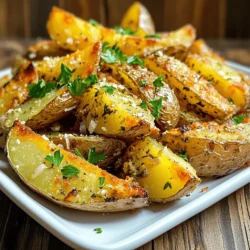 - 4 medium russet potatoes - 1/4 cup olive oil - 1/2 cup grated Parmesan cheese - 1 teaspoon garlic powder - 1 teaspoon onion powder - 1 teaspoon dried oregano - 1 teaspoon dried thyme - 1/2 teaspoon smoked paprika - Salt and pepper to taste - Fresh parsley, chopped (for garnish) Gathering the right ingredients makes a big difference. Start with 4 medium russet potatoes. These potatoes are starchy and perfect for crispiness. Wash them well and cut them into wedges. Next, you need 1/4 cup of olive oil. Olive oil adds flavor and helps the spices stick. You will also need 1/2 cup of grated Parmesan cheese. This cheese gives a lovely salty flavor and adds to the crunch. For the spices, you will need garlic powder, onion powder, dried oregano, dried thyme, and smoked paprika. Each spice adds its own unique taste. Don't forget to add salt and pepper to make everything pop. Finally, chop some fresh parsley for a bright garnish. It adds color and freshness to the dish. With these ingredients ready, you are set to make crispy, tasty potato wedges! Preheating the oven First, preheat your oven to 425°F (220°C). This high heat helps the wedges get crispy. Preparing the baking sheet Next, line a baking sheet with parchment paper. This keeps the wedges from sticking and makes cleanup easy. Combining oil and seasonings In a large mixing bowl, pour in 1/4 cup of olive oil. Add 1 teaspoon each of garlic powder, onion powder, dried oregano, and dried thyme. Next, add 1/2 teaspoon of smoked paprika. Sprinkle in salt and pepper to taste. Mix everything well until combined. Coating potato wedges Now, add 4 medium russet potatoes, cut into wedges, to the bowl. Toss them in the oil mixture until they are fully coated. This step is key for flavor and crispiness. After that, sprinkle 1/2 cup of grated Parmesan cheese over the wedges. Toss again to spread the cheese evenly. Arranging wedges on the sheet Carefully arrange the coated wedges in a single layer on the prepared baking sheet. Make sure they don’t overlap. This ensures they cook evenly and get that nice crunch. Cooking time and flipping instructions Place the baking sheet in the oven and bake for 30-35 minutes. Flip the wedges halfway through for even cooking. When they turn golden brown and crispy, they are ready to come out. Enjoy your crispy Parmesan herb potato wedges hot and fresh! For crispy potato wedges, spacing is key. When you place them on the baking sheet, make sure they are not touching. This allows hot air to flow around each wedge, making them crispier. Use medium russet potatoes for the best results. Their starch content helps create a fluffy inside while staying crispy outside. To boost flavor, try adding extra herbs or spices. You can mix in some cayenne pepper for heat or more oregano for an herb-filled taste. If you want a different cheese, go for cheddar or even a blend. These options add a fun twist to the classic flavor of Parmesan. {{image_2}} You can spice up your crispy Parmesan herb potato wedges in fun ways. For a spicy kick, add cayenne pepper to your seasoning mix. Start with 1/4 teaspoon and adjust to your taste. The heat adds great flavor and excitement. If you want a lighter option, skip the cheese. Just focus on fresh herbs like rosemary and basil. Mix these with garlic powder and olive oil for a tasty herb-only version. You don’t have to stick to baking. An air fryer can make your potato wedges even crispier. Set your air fryer to 400°F (200°C). Cook the wedges in a single layer for about 20 minutes. Shake the basket halfway through for even cooking. If you love grilling, you can try that too. Toss the seasoned wedges in oil, then place them on a grill basket. Grill for about 15 minutes, turning often. This gives a nice smoky flavor and crisp texture. To keep your crispy Parmesan herb potato wedges fresh, let them cool first. Place the leftover wedges in an airtight container. This helps prevent moisture from making them soggy. Store the container in the fridge. They will stay good for about 3 to 5 days. If you want to keep them longer, consider freezing them. Just be aware that freezing may change their texture. When it comes to reheating, the oven is the best choice. Preheat your oven to 400°F (200°C). Spread the wedges on a baking sheet and bake for about 10-15 minutes. This method keeps them crispy. If you’re in a hurry, you can use the microwave. Just pop them in for 1-2 minutes. However, this may make them a bit soft. For the best taste, I recommend using the oven. To make your potato wedges crispier, use a few simple tricks. - Choose the right potato: Russet potatoes work best because they are starchy. - Cut evenly: Make sure all wedges are about the same size. This helps them cook evenly. - Use enough oil: Coat the wedges well with olive oil. This helps them brown nicely. - Don’t overcrowd the pan: Spread the wedges out on the baking sheet. They should not touch. - Flip them halfway: Turn the wedges during baking. This gives them a nice, even crisp. These tips will help you get that perfect crunch every time! Yes, you can use different cheeses! Parmesan adds a nice flavor and crispness, but other options work too. - Cheddar: A sharp cheddar can add a rich taste. - Mozzarella: This will give a lovely stretch and mild flavor. - Feta: Crumbled feta adds a tangy kick to your wedges. Feel free to mix and match to find your favorite flavor! Absolutely, these potato wedges are great for meal prep! - Cooking in advance: You can bake a big batch and store them in the fridge. - Reheating tips: Reheat in the oven at 400°F (200°C) for about 10 minutes. This keeps them crispy. - Microwave option: Use the microwave but know they may lose some crispiness. Meal prep these wedges, and you’ll have a tasty side ready to go! This article covered a simple way to make tasty potato wedges. We discussed the right ingredients, like russet potatoes and olive oil, and shared step-by-step instructions for baking them. We also provided tips for crispy results and variations to explore. You can mix in your favorite flavors and cooking methods, like grilling or air frying. Enjoying these wedges fresh or stored is easy. Try this recipe for a fun and tasty treat!