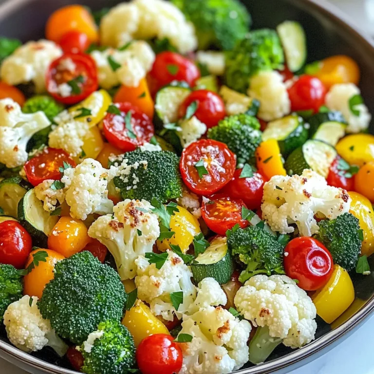 - 2 cups broccoli florets - 2 cups cauliflower florets - 1 red bell pepper, sliced - 1 yellow bell pepper, sliced - 1 medium zucchini, sliced - 1 cup cherry tomatoes, halved - 4 cloves garlic, minced - 1/3 cup grated Parmesan cheese - 3 tablespoons olive oil - 1 teaspoon dried Italian herbs (oregano, basil, thyme) - Salt and pepper to taste - Fresh parsley, chopped (for garnish) - Required tools: mixing bowl, sheet pan, whisk - Recommended baking equipment: preheat your oven to 425°F (220°C) Gather all your ingredients before you start. Fresh vegetables make this dish vibrant and tasty. Broccoli and cauliflower add crunch. Bell peppers bring sweetness and color. Zucchini provides a soft bite, while cherry tomatoes offer juiciness. Each seasoning adds flavor. Minced garlic gives a lovely aroma. Grated Parmesan adds a savory touch. Olive oil helps everything roast evenly. Dried Italian herbs boost the taste with a mix of oregano, basil, and thyme. Don’t forget salt and pepper to enhance all the flavors. Prepare your tools before cooking. A mixing bowl will help you combine the veggies and seasoning. A sheet pan ensures even roasting. A whisk allows you to mix the garlic and oil well. Preheat the oven for the best results. This will help your veggies cook evenly and become tender. Having everything ready makes cooking smooth and enjoyable. - Start by cutting the vegetables. You need 2 cups of broccoli florets and 2 cups of cauliflower florets. Slice 1 red bell pepper and 1 yellow bell pepper. Cut 1 medium zucchini into slices. Halve 1 cup of cherry tomatoes. This gives you a colorful mix. - Next, prepare the garlic. Mince 4 cloves of garlic. In a small bowl, whisk together the garlic, 3 tablespoons of olive oil, and 1 teaspoon of dried Italian herbs. Add salt and pepper to taste. This mixture will coat your veggies. - In a large mixing bowl, combine all the chopped vegetables. Pour the garlic mixture over the vegetables. Toss everything well. You want to ensure each piece gets coated in that tasty oil and herb mix. This step adds flavor and helps achieve a nice roast. - Spread the coated vegetables evenly on a large sheet pan. Make sure they are in a single layer. This helps them cook evenly. - Bake in your preheated oven at 425°F (220°C) for about 20-25 minutes. Stir the vegetables halfway through baking. This action helps them roast nicely and prevents sticking. - When the veggies are tender and lightly browned, they are ready. Remove them from the oven and let them cool slightly. You can garnish with fresh parsley before serving. To achieve optimal roasting, choose fresh veggies. Cut them into even pieces. This helps them cook at the same rate. Make sure not to crowd the pan. Give each piece space to brown nicely. To prevent sogginess in veggies, dry them well before mixing. Excess water can steam them, making them soft. Toss the veggies with oil and seasoning right before baking. This gives them a nice, crisp finish. For additional spices, consider adding smoked paprika or red pepper flakes. These can give your dish a kick. You can also try cumin or turmeric for a warm flavor. Feel free to get creative and adjust the spices to match your taste. If you're looking for cheese alternatives, nutritional yeast works well for a vegan option. It adds a cheesy flavor without dairy. You can also use feta or goat cheese for a tangy taste. For aesthetic appeal, serve the veggie medley in a wide, shallow bowl. This lets the colors shine. Drizzle with a bit of extra olive oil before serving. A sprinkle of additional Parmesan adds a nice touch. Garnish with fresh herbs like parsley or basil. This not only looks good but adds fresh flavor too. A little lemon zest can brighten the dish even more. {{image_2}} You can switch up your veggies based on what’s fresh. Try using carrots, asparagus, or squash. For winter, root vegetables like sweet potatoes work great. In summer, add fresh corn or eggplant for a twist. Seasonal veggies bring new flavors and colors to your dish. They also help you use what’s available at your local market. To make this dish vegan, skip the Parmesan cheese. You can use nutritional yeast for a cheesy flavor. Olive oil keeps everything plant-based and delicious. For gluten-free options, this recipe already fits the bill. Just ensure your spices and any added sauces are gluten-free as well. For a global flair, mix in spices like cumin or paprika. You can also try adding soy sauce for an Asian twist. Think about pairing the medley with tahini or chimichurri sauce. Each addition can create a whole new dish that excites your taste buds. To store leftovers, let the veggie medley cool first. Place it in an airtight container. This keeps the flavors fresh and the veggies crisp. Use glass or BPA-free plastic containers for best results. When reheating vegetables, use a microwave or an oven. If using a microwave, cover the dish. This keeps moisture in. For the oven, heat at 350°F (175°C) until warmed through. This way, you avoid losing texture and flavor. To freeze the veggie medley, place cooled leftovers in a freezer-safe bag. Remove as much air as possible before sealing. This helps prevent freezer burn. When cooking from frozen, bake at 425°F (220°C) for about 30-35 minutes. Stir halfway through for even cooking. It takes about 35 minutes in total. You need 10 minutes to prep the veggies. Then, bake them for 20-25 minutes. This quick meal fits into any busy schedule. Yes, you can use frozen veggies. They are quick and easy. However, they may have more water. This can make them less crispy. Fresh veggies give better texture and taste. You can serve this medley with many dishes. It pairs well with grilled chicken or fish. It also goes great with rice or pasta. For a light meal, serve it with a side salad. To roast veggies well, follow these tips: - Cut them into similar sizes for even cooking. - Make sure they are spread out on the pan. - Stir halfway through to avoid burning. - Roast until they are tender and slightly brown. This will give you the best flavor and texture. In this blog post, I covered how to make a tasty Sheet Pan Garlic Parmesan Veggie Medley. You learned about the ingredients, like fresh vegetables and seasoning, and essential tools. I gave clear steps for prepping, mixing, and baking your veggies. I shared smart tips to enhance flavor and how to store leftovers. Finally, I shared variations for dietary needs and seasonal tastes. This recipe is easy and flexible, perfect for any meal. Enjoy your delicious, roasted veggies!