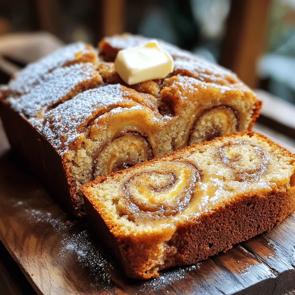 To make Bakery-Style Cinnamon Swirl Banana Bread, gather these key ingredients: - 3 ripe bananas, mashed - 1/2 cup unsalted butter, melted - 1 cup granulated sugar - 2 large eggs - 1 teaspoon vanilla extract - 1 teaspoon baking soda - 1/4 teaspoon salt - 1 1/2 cups all-purpose flour - 1 teaspoon ground cinnamon - 1/2 cup chopped walnuts or pecans (optional) - 1/4 cup brown sugar These ingredients create a soft, sweet loaf with a delightful cinnamon swirl. You can enhance your banana bread with these optional add-ins: - Chopped chocolate or chocolate chips - Dried fruit like raisins or cranberries - Fresh berries like blueberries or strawberries - Shredded coconut for a tropical twist These add-ins can elevate the flavor and texture. Feel free to mix and match! If you need substitutes, here are some ideas: - Use coconut oil instead of butter for a dairy-free option. - Swap granulated sugar with coconut sugar or honey for a different sweetness. - Replace all-purpose flour with whole wheat flour for added fiber. - Use flax eggs (1 tablespoon ground flaxseed + 2.5 tablespoons water) for a vegan option. These substitutions can cater to various dietary needs while keeping the bread delicious. 1. First, set your oven to 350°F (175°C). This is the perfect temp for baking. 2. Grease a 9x5-inch loaf pan with butter or non-stick spray. This helps the bread come out easily. 3. In a large bowl, mix the melted butter and granulated sugar. Stir until they are well blended. 4. Add the mashed bananas to the butter and sugar mix. Stir until smooth. 5. Crack in the two large eggs and add vanilla extract. Mix until everything is well combined. 6. In another bowl, whisk together the flour, baking soda, salt, and cinnamon. This ensures even mixing. 7. Gradually add the dry mix to the wet ingredients. Stir gently until just combined. 8. If you want nuts, fold in the chopped walnuts or pecans now. 1. Now, pour half of the banana bread batter into your greased loaf pan. 2. In a small bowl, mix the brown sugar with a sprinkle of cinnamon. 3. Sprinkle half of this brown sugar mixture over the batter in the pan. 4. Pour the rest of the batter on top. Finish with the remaining brown sugar mix. 5. Take a knife or skewer and swirl the batter gently. Aim for a marble effect without mixing too much. 6. Bake your banana bread for 60 to 70 minutes. A toothpick should come out clean when it’s done. 1. Once baked, let your bread cool in the pan for about 10 minutes. 2. Carefully transfer it to a wire rack to cool completely. This helps keep it soft. 3. For serving, slice the bread warm. You can add a pat of butter or cream cheese. 4. Dust with light powdered sugar for a fancy touch. Enjoy your delicious treat! To get that beautiful swirl in your banana bread, layer the batter. First, pour half the batter into the pan. Then, sprinkle half of the brown sugar and cinnamon mix on top. Next, pour the rest of the batter and finish with the remaining sugar mix. Use a knife to swirl gently. Don’t mix too much! You want to see those lovely swirls. Ripe bananas are key. They add natural sweetness and moisture. Use three medium bananas, mashed well. Mix in melted butter, which keeps the bread moist. Don't skip the eggs; they help bind the bread and add richness. The cinnamon adds warmth and flavor, making it taste like a bakery treat. Overmixing the batter is a big no-no. It can make your bread dense. Mix just until combined. Also, check your oven temperature. An oven that is too hot can burn the outside while leaving the inside raw. Use a toothpick to test for doneness. If it comes out clean, your bread is ready! {{image_2}} You can easily make this banana bread nut-free. Simply leave out the walnuts or pecans. This keeps the bread safe for those with nut allergies. The flavor remains rich and delicious, even without nuts. You might also want to add more cinnamon or a hint of vanilla for extra flavor. To make a vegan version, swap the eggs for flax eggs. Mix one tablespoon of ground flaxseed with three tablespoons of water for each egg. Let it sit for five minutes to thicken. Use a plant-based butter instead of unsalted butter. For sweetness, maple syrup works well in place of granulated sugar. Adding chocolate chips can take your banana bread to the next level. Use semi-sweet or dark chocolate chips for a rich taste. You can also fold in fresh berries like blueberries or raspberries for a fruity twist. Dried fruits, like cranberries or raisins, add a lovely texture and sweetness as well. To keep your bakery-style cinnamon swirl banana bread fresh, wrap it well. Use plastic wrap or aluminum foil to cover it tightly. You can also place it in an airtight container. Store it at room temperature for up to three days. If you want it to last longer, keep it in the fridge. This will help it stay good for about a week. To freeze your banana bread, let it cool completely first. Then slice it into individual pieces. Wrap each slice in plastic wrap. Place the wrapped slices in a freezer-safe bag or container. This way, you can take out just what you need. Your banana bread will stay fresh for up to three months in the freezer. When you’re ready to enjoy your banana bread, reheating is easy. Take a slice and place it in the microwave. Heat it for about 10-15 seconds. If you like it warm but not hot, this is perfect. You can also use the oven. Preheat it to 350°F (175°C) and heat the slices for about 5-10 minutes. This will make the bread warm and soft again. Enjoy it with some butter for an extra treat! Yes, you can use frozen bananas. Just thaw them first. After thawing, drain any excess liquid. Mash them well before adding to your mix. This will keep your banana bread moist and tasty. Using frozen bananas can also be a great way to use up overripe fruit. To make this banana bread gluten-free, swap all-purpose flour for gluten-free flour. Use a blend that works well in baking. Most gluten-free flours perform well in sweet recipes. Make sure it contains xantham gum, as it helps with the texture. Your banana bread will still be soft and delicious. Check the banana bread at about 60 minutes. Insert a toothpick into the center. If it comes out clean, the bread is done. If it has wet batter on it, bake for a little longer. Keep an eye on the top; it should be golden brown. Let it cool for ten minutes before slicing to enjoy. This blog post covered how to make delicious banana bread. We explored key ingredients, optional add-ins, and handy substitutions. I shared step-by-step instructions for prep and baking. Plus, you learned tips for the perfect swirl and how to avoid common mistakes. We discussed fun variations and proper storage methods. Remember, your banana bread can be simple or special. With these tips, you can bake with joy and confidence. Enjoy your tasty creation!