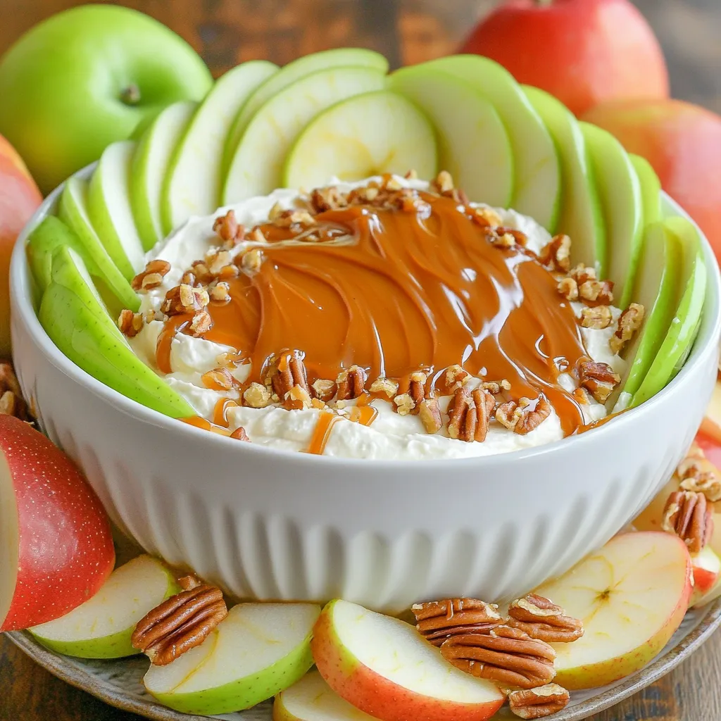 - Apples: I love using Granny Smith or Honeycrisp apples. These apples have the perfect crispness and tartness to balance the sweet dip. They hold up well when sliced and are easy to dip. You can use any apple you like, but these two work best. - Sweeteners: I use brown sugar and powdered sugar in this dip. Brown sugar adds a rich, molasses flavor. It helps create a deep sweetness that pairs well with the cream cheese. Powdered sugar makes the dip smooth and creamy. Together, they create a perfect blend of sweetness. - Cream Cheese: Softening the cream cheese is key. It needs to be at room temperature for easy mixing. This helps you get a smooth and fluffy texture. If the cream cheese is cold, the dip will be lumpy. Trust me, a smooth mix creates a better dip. - Optional Add-ins: You can add crushed pecans or walnuts for a nice crunch. These nuts give extra flavor and texture to the dip. You can also drizzle more caramel sauce on top if you want it sweeter. Feel free to get creative with your toppings! - Beating the Cream Cheese Start with 1 cup of cream cheese. It must be softened first. Use a mixer to beat it until it is very smooth. This takes about 2 minutes. - Incorporating Sugars and Vanilla Gradually add 1/2 cup of brown sugar and 1/4 cup of powdered sugar. Mix well until you can’t see any lumps. Then, add 1 teaspoon of vanilla extract. This will give your dip a nice flavor. - Achieving the Right Consistency Keep beating the mixture until it is fluffy and creamy. You want a dip that holds its shape but is easy to scoop. - Transferring to a Serving Dish Once the mixture is ready, transfer it to your favorite serving dish. Spread it evenly across the bottom. This makes for a nice base. - Drizzling Caramel Sauce Take 1/2 cup of caramel sauce and drizzle it over the cream cheese layer. Let it cascade down the sides. This adds a beautiful look and rich taste. - Adding Nuts for Texture If you like, sprinkle 1/4 cup of crushed pecans or walnuts on top of the caramel. This gives a nice crunch and extra flavor. - Serving Suggestions Serve this dip with sliced apples. You can use 2 medium apples like Granny Smith or Honeycrisp. For a colder treat, refrigerate for 30 minutes before serving. - Ensuring Proper Softening Always start with cream cheese at room temperature. Cold cream cheese will not blend well. Leave it out for about an hour before mixing. This helps create a smooth, creamy dip. - Avoiding Clumps Beat the cream cheese well until it feels airy. If you see clumps, keep mixing. A smooth dip tastes better. You can use a hand mixer or a whisk. Just make sure it’s fully blended. - Store-Bought vs. Homemade You can use either store-bought or homemade caramel sauce. Store-bought saves time, while homemade can be richer. If you want to make it, just melt sugar until golden. Then add cream for a smooth sauce. - Tips for Finding Quality Caramel If you buy caramel, look for one with few ingredients. The best sauces use real sugar and cream. Avoid artificial flavors and colors. Taste is key, so sample before buying. - How to Arrange Apple Slices Slice apples evenly to make them easy to dip. Use a mix of Granny Smith and Honeycrisp for flavor. Arrange them in a circle around the dip. This makes for an inviting display. - Suggestions for Garnishing Add crushed nuts on top for crunch. Pecans or walnuts work well. You can also drizzle more caramel on top for a fancy look. A sprinkle of sea salt can enhance the flavor too. {{image_2}} To make your caramel apple dip even more exciting, consider adding spices. A sprinkle of cinnamon gives warmth. Nutmeg adds a hint of earthiness. Together, they enhance the sweetness of the dip. You can also mix in chocolate. Melted chocolate drizzled on top creates a rich contrast with caramel. For chocolate lovers, this is a must-try twist. If you need a dairy-free option, try using dairy-free cream cheese. It works well and keeps the dip creamy. For those watching their sugar, use alternative sweeteners. Agave syrup or stevia can replace brown sugar. Adjust the amount to taste. Both options keep the flavor strong without the extra sugar. Fall is the perfect time to add seasonal flavors. Use pumpkin spice or chopped candy corn for a festive touch. You can also swap out apples for other fruits. Pears and bananas work great too. They add their unique sweetness to the dip, making it versatile for any season. - How Long the Dip Lasts in the Fridge The caramel apple dip stays fresh for about 3 to 5 days in the fridge. Store it in an airtight container to keep it safe and tasty. - Best Practices for Covering Cover the dip tightly with plastic wrap or a lid. This helps prevent it from absorbing other smells in the fridge. - Can You Freeze Caramel Apple Dip? I do not recommend freezing caramel apple dip. It can change texture and taste when thawed. - Thawing Tips for Best Quality If you freeze it, thaw in the fridge overnight. Stir it well before serving to try to regain some creaminess. - Ways to Refresh the Dip Before Serving If your dip feels stiff, gently warm it in the microwave. Use short bursts of 10 to 15 seconds. Stir after each burst until it’s smooth again. For caramel apple dip, I love using Granny Smith or Honeycrisp apples. Granny Smith offers a nice, tart flavor that pairs well with sweet caramel. Honeycrisp apples are sweet and crunchy, making them a great choice too. Both apples hold their shape well when sliced and add a fresh taste. Yes, you can make this dip ahead of time. I recommend mixing the cream cheese and sugars first. Store it in the fridge for up to a day. Just add the caramel sauce and nuts right before serving. This keeps the dip fresh and tasty. If your caramel apple dip is runny, mix in more cream cheese. Start with a small amount and blend it well. You can also add a bit of powdered sugar to thicken it. This will help create a creamier texture. Absolutely! You can use butterscotch sauce or a chocolate sauce instead. Both choices add a fun twist to the dip. If you're feeling adventurous, try a homemade caramel sauce for extra flavor. You can serve caramel apple dip with apple slices for a classic combo. Other great options include graham crackers, pretzels, or even vanilla wafers. These snacks add crunch and make it fun to enjoy the dip. You now have a solid recipe for caramel apple dip. We covered essential ingredients, step-by-step instructions, and clever tips. Variations let you customize your dip to fit any taste. Storage best practices ensure it stays fresh longer. Remember, experimenting is key to finding your favorite flavors. Enjoy sharing this dip with friends or family at your next gathering. Whether you stick with classic apples or try seasonal fruits, make it your own!