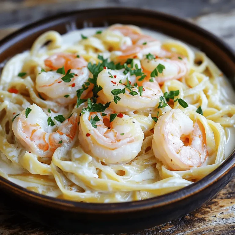 - 8 oz linguine pasta - 1 lb large shrimp, peeled and deveined - 4 cloves garlic, minced - 1 cup heavy cream - 1 cup chicken broth - ½ cup grated Parmesan cheese - 2 tablespoons olive oil - 1 tablespoon butter - 1 teaspoon red pepper flakes (adjust to taste) - Salt and pepper to taste - Chopped fresh parsley for garnish Gather these ingredients first. The linguine pasta gives the dish its classic base. Large shrimp add protein and flavor. Garlic brings a strong aroma and taste. For the sauce, heavy cream creates a rich texture. Chicken broth enhances the flavor of the sauce. Parmesan cheese adds a salty kick that complements the cream. Now, let's not forget seasoning. Olive oil and butter provide a great cooking base. Red pepper flakes add a bit of heat. Finally, fresh parsley gives color and freshness. With these ingredients, you can create a dish that is both comforting and impressive. It's a simple way to enjoy a gourmet meal at home. To start, boil a large pot of salted water. Add the linguine and cook it according to the package instructions. You want it to be al dente, which means it should be firm but not hard. Once it's done, drain the pasta in a colander but save about ½ cup of that pasta water. This water will help make your sauce creamy later. Next, heat a large skillet over medium-high heat. Add two tablespoons of olive oil and one tablespoon of butter. Let them warm up until they shimmer. Now, it's time to add the shrimp! Season them with salt, pepper, and red pepper flakes for a little kick. Cook the shrimp for about 2-3 minutes on each side. They should turn pink and have a nice sear. Once cooked, take them out and set them aside. In the same skillet, add four minced garlic cloves. Sauté them for about 30 seconds until they smell amazing. Then, pour in one cup of chicken broth. Let it simmer for 2-3 minutes so it can reduce a bit. This step adds depth to your sauce, making it rich and tasty. Now, lower the heat and pour in one cup of heavy cream. Stir it gently, and then add ½ cup of grated Parmesan cheese. Mix well until the sauce thickens slightly. It's a great time to return the cooked shrimp to the skillet. Add the drained linguine and toss everything together. If the sauce seems too thick, splash in some reserved pasta water to reach your desired creaminess. Taste your dish and adjust the seasoning with more salt and pepper if needed. Once you're satisfied, serve it hot. Don't forget to sprinkle some chopped fresh parsley on top for color and freshness. If you love cheese, add an extra sprinkle of Parmesan before enjoying your creamy garlic shrimp linguine. To get shrimp just right, watch the time closely. Cook them for about 2-3 minutes on each side. Overcooking makes shrimp tough. The best signs they are done are their bright pink color and an "C" shape. If they curl tightly, they are ready to eat. If you want to change the sauce's thickness, add more cream. You can also use reserved pasta water. This water is starchy and helps the sauce cling to the pasta. Start with a little and mix it in slowly until you reach your desired creaminess. Add spices like Italian seasoning or fresh basil for more taste. You can also try a squeeze of lemon juice for brightness. Pair this dish with a crisp salad or garlic bread. These sides will balance the rich flavors of the shrimp linguine. {{image_2}} You can swap shrimp for other seafood. Scallops or crab meat work well. Both add rich taste and texture to your dish. If you want to try something new, use lobster for a luxurious twist. For a vegetarian option, consider using mushrooms or zucchini. They absorb flavors well and add a nice bite. Another great choice is to use tofu. It soaks up the creamy sauce, making it flavorful. Adding vegetables can boost the dish's nutrition. Spinach, cherry tomatoes, or bell peppers mix in nicely. They add color and crunch, making your meal more vibrant. Experiment with different cheeses to enhance the flavor. You can use feta for a tangy twist. Goat cheese also adds creaminess and a unique taste. If you need gluten-free options, use gluten-free linguine. Many brands offer great taste and texture. You can also try zucchini noodles for a low-carb alternative. They are light and refreshing, perfect for summer meals. For low-carb variations, consider using spaghetti squash. It has a mild flavor and pairs well with the sauce. You might also try shirataki noodles. They are low in calories and great for weight loss plans. To store leftovers, let the dish cool first. Place it in an airtight container. This keeps the pasta fresh and tasty. You can keep it in the fridge for up to three days. If you want the best flavor, eat it within two days. You can freeze this dish for later use. First, let it cool completely. Then, transfer it to a freezer-safe container. Make sure to leave some space at the top. The sauce may expand when frozen. You can freeze it for up to three months. To reheat, use the stove for best results. Place the pasta in a skillet with a little water. Heat it over low to medium heat. Stir gently to keep it creamy. Avoid using high heat. This helps prevent overcooking the shrimp. If you see it getting too thick, add a splash of broth. This keeps the texture smooth and enjoyable. Yes, you can use frozen shrimp. Just remember to thaw them first. Place the shrimp in a bowl of cold water for about 15-20 minutes. This helps them defrost evenly. Frozen shrimp can be just as tasty as fresh shrimp. - Tip: If you are in a hurry, use the microwave for quick thawing. - Note: Check for any added preservatives in frozen shrimp. They may affect the flavor. You can substitute heavy cream with half-and-half or whole milk. This will change the dish's richness but will still taste good. Coconut cream is another option for a dairy-free version. - Impact: Using half-and-half makes the sauce lighter. - Coconut cream: Adds a slight coconut flavor, which can be fun. Pair this dish with a fresh salad or garlic bread. A simple green salad adds crunch and freshness. Garlic bread complements the creamy sauce nicely. - Salad suggestion: A Caesar salad or mixed greens work well. - Wine pairing: A glass of white wine like Pinot Grigio enhances the meal. This blog post covered all the key elements for making Creamy Garlic Shrimp Linguine. You learned about main ingredients, sauces, and seasonings that bring flavor. We explored step-by-step instructions, tips for perfect shrimp, and variations to try. Remember to store leftovers properly and reheating them well. With this knowledge, you can create a delicious meal your family will love. Enjoy cooking and experimenting with the flavors!