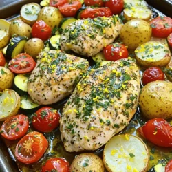 - Chicken and Vegetable Components - 4 boneless, skinless chicken breasts - 2 cups baby potatoes, halved - 1 cup cherry tomatoes, halved - 1 cup zucchini, sliced - 1 red bell pepper, chopped - Marinade Ingredients - 4 cloves garlic, minced - 1/4 cup olive oil - Zest and juice of 2 lemons - 2 teaspoons dried oregano - 2 teaspoons thyme (fresh or dried) - Salt and pepper to taste - Garnishes - Fresh parsley, chopped Gathering these ingredients makes meal prep easy. The chicken and veggies create a colorful dish. The marinade brings out fresh flavors. Each element plays a role in making this dish tasty. When you pick your chicken, choose breasts that are fresh. Skinless and boneless pieces cook evenly. The baby potatoes add heartiness and texture. Cherry tomatoes burst with sweetness. Zucchini and bell pepper add crunch and color. For the marinade, fresh garlic gives a strong taste. Olive oil helps the marinade stick. Lemon zest and juice brighten every bite. Oregano and thyme add earthy notes. Salt and pepper bring all the flavors together. Finally, don't forget the parsley! It adds a bright touch on top. You can adjust the seasoning to your liking. This mix of flavors makes the dish fun and enjoyable. To start, we need to make a tasty marinade. In a large bowl, mix together these ingredients: - 1/4 cup olive oil - Zest and juice of 2 lemons - 4 cloves garlic, minced - 2 teaspoons dried oregano - 2 teaspoons thyme (fresh or dried) - Salt and pepper to taste Whisk them well until they combine. This blend gives your chicken and veggies a bright flavor. Next, add the 4 boneless, skinless chicken breasts to the bowl. Coat each chicken breast well in the marinade. Let them sit for about 15 minutes. This step helps the chicken soak up all the great flavors. While the chicken marinates, let’s prepare the veggies. Grab a large sheet pan and arrange the following: - 2 cups baby potatoes, halved - 1 cup cherry tomatoes, halved - 1 cup zucchini, sliced - 1 red bell pepper, chopped Drizzle a bit of olive oil over the veggies and sprinkle with salt and pepper. Toss them together to coat. Make sure the veggies spread out evenly on the pan. This helps them roast nicely. Now, let’s get everything in the oven. First, create a space in the middle of the sheet pan for the chicken. Place the marinated chicken breasts there. Pour any leftover marinade over both the chicken and the veggies. This step adds extra flavor to the dish. Preheat your oven to 425°F (220°C) and bake everything for 25-30 minutes. Keep an eye on the chicken. It should reach an internal temperature of 165°F (74°C) when done. The veggies will become tender and slightly caramelized. Once cooked, remove the pan from the oven and let it rest for a few minutes. When ready, slice the chicken and garnish with fresh parsley. Now, serve your delicious meal with the roasted vegetables on the side. Enjoy! To boost flavor, let the chicken marinate. Use lemon zest and juice to add a fresh taste. Fresh herbs like thyme and parsley also brighten the dish. Mix the marinade well to coat every piece of chicken. This helps all the flavors blend. Always use quality olive oil for a rich taste. For perfect cooking, preheat your oven to 425°F (220°C). Bake the chicken and veggies for 25-30 minutes. Check the chicken after 25 minutes. Oven times can vary, so adjust if needed. Aim for an internal temperature of 165°F (74°C) for the chicken. To ensure your chicken cooks well, choose boneless, skinless breasts. They cook evenly and stay juicy. For even more flavor, consider pounding the chicken slightly. This helps it absorb the marinade better. Use a meat thermometer to check the temperature. Insert it into the thickest part of the chicken. If it reads 165°F (74°C), the chicken is ready. If not, return it to the oven for a few more minutes. You can also cut into the chicken. If the juices run clear, it's cooked through. {{image_2}} You can change the veggies to suit your taste. If you don't like zucchini, try bell peppers or carrots. Broccoli or asparagus also work well. Just cut them into bite-sized pieces. This keeps the cooking time the same. You want colorful veggies for a pretty dish. Each veggie brings its own flavor and texture. If you want to switch the chicken, you have options. Try using turkey breasts or even pork tenderloin. For a meatless dish, tofu or chickpeas are great choices. Just make sure to adjust the cooking time. Tofu cooks faster than chicken. Keep an eye on your protein to ensure it's done right. Adding different herbs or spices can change everything. Fresh rosemary or basil can add a nice twist. You might also enjoy a sprinkle of smoked paprika for a rich taste. If you love heat, add a pinch of red pepper flakes. Experiment with flavors you love to make this dish your own. After you enjoy your Lemon Herb Chicken & Veggies, store leftovers right away. Let the dish cool to room temperature first. Place the chicken and veggies in an airtight container. They will stay fresh in the fridge for up to 3 days. If you want to keep them longer, consider freezing. To reheat your leftovers, use the oven for the best taste. Preheat the oven to 350°F (175°C). Place the chicken and veggies on a baking sheet. Cover with foil to keep them moist. Heat for about 15-20 minutes or until warm. You can also use a microwave, but the oven keeps the chicken juicy. Freezing your Lemon Herb Chicken & Veggies is easy. First, ensure the meal is completely cool. Use freezer-safe containers or bags. Remove as much air as possible to prevent freezer burn. Label the bags with the date. You can freeze it for up to 3 months. To enjoy, thaw overnight in the fridge before reheating. Meal prep helps you save time. You can make this dish ahead and store it. Marinate the chicken the night before. Chop the veggies and keep them ready. This way, when you are ready to cook, it’s quick and easy. You can also prepare single servings for grab-and-go meals. Yes, you can use thawed frozen chicken. Make sure to thaw it completely first. This helps cook the chicken evenly. Thawed chicken absorbs the marinade well, giving you great flavor. Follow the same steps as fresh chicken. You can add many veggies to this dish. Try carrots, broccoli, or asparagus for a twist. Each adds unique flavors and colors. You can also mix in bell peppers of different colors. Be creative and use what you have at home! Yes, you can prepare this dish ahead of time. Marinate the chicken and cut the veggies the night before. Keep them in the fridge until you are ready to cook. This saves time and makes dinner easy. - How to adjust cooking times for different ovens Cooking times may vary by oven. If your oven runs hot, check the chicken a few minutes early. If it runs cool, you may need a bit more time. Use a meat thermometer to check for doneness. The chicken should reach 165°F (74°C) inside. This ensures it is safe to eat. This blog post covered ingredients, step-by-step instructions, and tips for a tasty dish. You learned how to prepare a flavorful marinade, arrange your veggies, and bake the meal just right. Remember to test your chicken for doneness and adjust cooking times as needed. You can also switch ingredients for fun variations. Lastly, store any leftovers well and enjoy them later. Keep it simple, and you will impress everyone with your cooking!