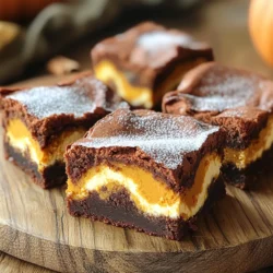 For these rich and indulgent brownies, you need the following ingredients: - 1 cup unsalted butter, melted - 1 cup granulated sugar - 1 cup brown sugar, packed - 4 large eggs - 1 teaspoon vanilla extract - 1 cup all-purpose flour - 1/2 cup unsweetened cocoa powder - 1 teaspoon baking powder - 1/2 teaspoon salt - 1 cup pumpkin puree (not pumpkin pie filling) - 8 oz cream cheese, softened - 1/2 cup powdered sugar - 1 teaspoon cinnamon - 1/2 teaspoon nutmeg You can make these brownies even if you lack some ingredients. Here are some swaps: - Butter: Use coconut oil or vegetable oil for a dairy-free option. - Granulated Sugar: Swap with coconut sugar for a lower-glycemic option. - Eggs: Use flax eggs (1 tablespoon flaxseed meal + 2.5 tablespoons water = 1 egg) for vegan brownies. - All-Purpose Flour: Substitute with almond flour for a gluten-free version. - Pumpkin Puree: You can use butternut squash puree if you prefer. Choosing the right ingredients makes a big difference. Here’s how: - Pumpkin Puree: Look for deep orange color in canned pumpkin. Check the label to ensure it's 100% pumpkin. - Cream Cheese: Opt for full-fat cream cheese for a creamy texture. Avoid low-fat versions, as they can be watery. - Spices: Fresh spices give the best flavor. Check the expiration date on spice jars. Smell them to confirm they are fragrant. - Butter: Use unsalted butter for better control of salt in your recipe. Always check for a fresh, creamy smell. Start by preheating your oven to 350°F (175°C). Grease a 9x13 inch baking dish. You can also line it with parchment paper for easy removal. In a big bowl, whisk together 1 cup of melted butter, 1 cup of granulated sugar, and 1 cup of brown sugar. Mix until everything is well combined. Next, add 4 large eggs one by one. Make sure to whisk well after each egg. Then, stir in 1 teaspoon of vanilla extract. In another bowl, sift together 1 cup of all-purpose flour, 1/2 cup of cocoa powder, 1 teaspoon of baking powder, and 1/2 teaspoon of salt. Gradually mix the dry ingredients into the wet ingredients. Stir until just combined. Don’t overmix; we want our brownies fudgy. Now, it's time to make the cream cheese swirl. In a separate bowl, mix 1 cup of pumpkin puree, 8 oz of softened cream cheese, 1/2 cup of powdered sugar, 1 teaspoon of cinnamon, and 1/2 teaspoon of nutmeg. Blend this mixture until it's smooth and creamy. This swirl adds a rich flavor to the brownies. Pour half of the brownie batter into the prepared baking dish. Smooth it out evenly. Then, drop spoonfuls of the pumpkin cream cheese mixture over the brownie batter. Spread the remaining brownie batter on top. Use a butter knife or toothpick to gently swirl the pumpkin cream cheese into the brownie batter. This creates a nice marbled effect. Bake your brownies for 30-35 minutes. To check if they are done, insert a toothpick into the center. It should come out with a few moist crumbs, not wet batter. Once baked, let the brownies cool in the pan for at least 15 minutes. Then, lift them out and cut them into squares. Enjoy your rich and indulgent pumpkin cream cheese swirl brownies! To make that perfect swirl, use a butter knife or a toothpick. After you drop the pumpkin cream cheese mixture on the brownie batter, don’t rush. Slowly drag the knife through both layers. This creates that beautiful marbled look. Avoid overmixing, as it can blend the layers too much. You want to see the distinct colors and textures. Having the right tools makes baking easier. Here are my must-haves for these brownies: - 9x13 inch baking dish: This size helps brownies bake evenly. - Mixing bowls: Use different sizes for wet and dry ingredients. - Whisk: A good whisk helps mix the batter smoothly. - Spatula: Use a spatula to spread the batter evenly. - Butter knife or toothpick: Essential for creating that swirl effect. These tools help ensure your brownies turn out perfect every time. Sometimes, things don’t go as planned. Here are some common issues and how to fix them: - Brownies are too dry: This can happen if you overbake. Be sure to check for moist crumbs with a toothpick. - Swirl disappeared: If your layers mix too much, try swirling less next time. - Uneven baking: Rotate your pan halfway through baking for even heat. These tips can help you avoid common problems and enjoy delicious brownies. {{image_2}} You can still enjoy these brownies if you need a gluten-free option. Replace the all-purpose flour with a gluten-free flour blend. Many blends work well in baked goods. Just make sure it contains xanthan gum for the best texture. This swap keeps the brownies rich and tasty while being safe for those with gluten allergies. For an extra crunch and flavor, add chocolate chips or nuts. Mix in 1 cup of semi-sweet chocolate chips to the brownie batter. You can also use chopped nuts like walnuts or pecans. These additions enhance the texture and taste, making each bite more exciting. Just fold them in gently after mixing your batter. Spices can elevate your brownies to a new level. Besides cinnamon and nutmeg, you can add a pinch of ginger or allspice for warmth. These spices blend well with pumpkin and cream cheese. They create a cozy fall flavor that everyone will love. Just a little extra can make a big difference! After you enjoy your Pumpkin Cream Cheese Swirl Brownies, store any leftovers in an airtight container. This keeps them fresh and moist. Place the container in the fridge. These brownies can last up to five days in the fridge. If they are not covered well, they may dry out. To enjoy your brownies warm, you can reheat them in the microwave. Heat for about 10 to 15 seconds. Check to see if they are warm enough. If you want a crispy edge, place them in a preheated oven at 350°F for about five minutes. This brings back their fudgy texture. You can also freeze these brownies for later. First, let them cool completely. Then, cut them into squares. Wrap each square tightly in plastic wrap and place them in a freezer-safe bag. You can enjoy them for up to three months. To eat, just thaw them in the fridge overnight or at room temperature for a few hours. No, you should not use pumpkin pie filling. Pumpkin pie filling has added spices and sugar. This can change the taste and texture of your brownies. Using pure pumpkin puree gives you control over the flavor. It also helps keep your brownies rich and balanced. These brownies stay fresh for about 3 to 5 days. Store them in an airtight container. Keep them at room temperature for best taste. You can also refrigerate them to extend freshness. If you want to keep them longer, freeze the brownies. They can last up to 3 months in the freezer. These brownies shine on their own, but you can add some extras. Here are a few ideas: - Serve with a dollop of whipped cream. - Pair with vanilla ice cream for a warm treat. - Dust with powdered sugar for a pretty touch. - Add a sprinkle of cinnamon for extra flavor. These options enhance the taste and make your dessert even more special. You learned how to make delicious Pumpkin Cream Cheese Swirl Brownies. We covered key ingredients, swaps, and tips for freshness. Then, we outlined clear steps to mix and bake your batter. I also shared tricks for perfecting the swirl and solving common baking issues. You explored tasty variations and proper storage methods. With this knowledge, you can create, enjoy, and share these brownies with confidence. Happy baking!