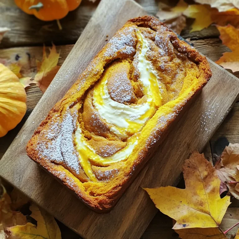 - 1 cup canned pumpkin puree - 1/2 cup vegetable oil - 1 cup granulated sugar - 2 large eggs - 1 teaspoon vanilla extract - 1 ½ cups all-purpose flour - 1 teaspoon baking soda - 1 teaspoon baking powder - 1 teaspoon ground cinnamon - 1/2 teaspoon ground nutmeg - 1/2 teaspoon ground ginger - 1/4 teaspoon ground cloves - 1/2 teaspoon salt - 8 oz cream cheese, softened - 1/4 cup powdered sugar - 1 teaspoon lemon juice - 1/2 teaspoon vanilla extract (for cream cheese) When you gather these ingredients, you set the stage for a delightful bake. The canned pumpkin puree brings a warm flavor, while the vegetable oil adds moisture. Granulated sugar enhances sweetness, and the eggs bind everything together. Don't forget the vanilla extract; it adds a lovely aroma. Next, the spices and baking essentials transform this bread into a seasonal treat. All-purpose flour gives structure, while baking soda and baking powder create a fluffy texture. The ground cinnamon, nutmeg, ginger, and cloves bring warmth and depth. A pinch of salt balances these flavors. For the cream cheese swirl, softened cream cheese makes it rich and creamy. Powdered sugar adds sweetness, and lemon juice brightens the mix. Use a splash of vanilla extract for extra flavor. Combining these will create that delicious swirl in your bread. Each bite will be a perfect mix of pumpkin and cream cheese. - Preheat oven and prepare loaf pan: Start by preheating your oven to 350°F (175°C). Next, take a 9x5 inch loaf pan and grease it well with cooking spray or butter. This step helps the bread come out easily after baking. - Mix wet ingredients in a bowl: In a large bowl, combine the canned pumpkin puree, vegetable oil, granulated sugar, eggs, and vanilla extract. Use a whisk to mix everything until smooth. This mixture gives the bread its rich flavor and moist texture. - Whisk together dry ingredients separately: In another bowl, whisk together the all-purpose flour, baking soda, baking powder, ground cinnamon, nutmeg, ginger, cloves, and salt. Mixing these dry ingredients well helps to evenly distribute the leavening agents and spices. - Gradually add dry ingredients to wet mixture: Slowly add the dry mixture to the wet pumpkin mix. Stir gently until just combined. Be careful not to overmix, as this can make the bread tough. A few lumps are okay! - Beat cream cheese with powdered sugar and lemon juice: In a separate bowl, beat the softened cream cheese with powdered sugar, lemon juice, and vanilla extract until smooth and creamy. This mixture adds a delicious tangy layer to your bread. - Layer pumpkin batter and cream cheese in the pan: Pour half of the pumpkin batter into your prepared loaf pan. Spread half of the cream cheese mixture over the batter. Then, add the remaining pumpkin batter on top, followed by the rest of the cream cheese mixture. This layering creates a beautiful swirl inside the bread. - Bake the bread and check doneness: Place the loaf pan in the oven and bake for 55 to 60 minutes. To check if it's done, insert a toothpick into the center. If it comes out clean, the bread is ready. If the top gets too brown, cover it with foil. - Cool and transfer to wire rack: Once baked, let the bread cool in the pan for about 10-15 minutes. Then, carefully transfer it to a wire rack to cool completely. This cooling step helps the bread set and makes it easier to slice. To bake a great spiced pumpkin cream cheese swirl bread, aim for a temperature of 350°F (175°C). Bake for 55 to 60 minutes. Check for doneness by inserting a toothpick into the center. If it comes out clean, it’s ready! Avoid overmixing your batter. Mix just until you see no dry flour. Overmixing can lead to tough bread. Dust the top of the cooled bread with powdered sugar for a lovely look. This adds a sweet touch and makes it more inviting. Pair your bread with whipped cream or maple syrup. Both options bring out the flavors and make each bite special. One risk is underbaking. If the bread is underbaked, it may be wet inside. This can lead to a soggy texture. Always ensure it’s fully baked. Swirling the cream cheese is key. If you do not swirl properly, it won’t mix well with the batter. Use a knife or skewer to make gentle swirls. This creates the beautiful marbled effect that makes this bread so appealing. {{image_2}} You can change the sugar type in this recipe for a different taste. Try brown sugar for a deeper flavor. Coconut sugar gives it a light caramel note. Oil is easy to swap too. Coconut oil adds a nice hint of coconut. Applesauce gives moisture and cuts fat, making it a healthier choice. For more texture and taste, add nuts like walnuts or pecans. Chocolate chips bring sweetness and fun. Dried fruit like cranberries also works well for a fruity twist. You can play with spices too. Add allspice or cardamom for a unique touch. A pinch of cayenne gives a spicy kick that surprises the taste buds. Making this bread gluten-free is simple! Just swap all-purpose flour with a gluten-free blend. Ensure it has a binding agent like xanthan gum for the right texture. For a vegan version, replace eggs with flax eggs or applesauce. You can use a plant-based cream cheese for the swirl. These swaps keep the flavor intact while catering to dietary needs. To keep your Spiced Pumpkin Cream Cheese Swirl Bread fresh, store it at room temperature. Wrap it in plastic wrap or place it in an airtight container. This helps keep the moisture in. It stays good for up to three days. If you want to enjoy it longer, consider refrigerating it. The cold will keep it fresh for about a week. If you want to save your bread for later, freezing is a great option. First, let the bread cool completely. Then, wrap it tightly in plastic wrap. After that, place it in a freezer bag or container. Label it with the date. You can freeze it for up to three months. When you are ready to eat, just thaw it in the fridge overnight. To enjoy your bread warm, preheat your oven to 350°F (175°C). Place slices on a baking sheet. Heat for about 10 minutes. You can also use a microwave. Heat slices for about 15 to 20 seconds. Be careful not to overheat. This keeps the bread soft and tasty. Enjoy your delightful treat! This bread lasts about 3 to 4 days at room temperature. Store it in a cool place. Wrap it in plastic wrap or foil to keep it fresh. If you want to keep it longer, place it in the fridge. In the fridge, it can last about a week. Just remember to wrap it well to avoid drying out. Yes, you can use fresh pumpkin. Start by choosing a sugar pumpkin for the best flavor. Cut it in half and remove the seeds. Roast the pumpkin halves at 350°F until soft, about 45 minutes. After cooling, scoop out the flesh. Blend it until smooth to get the same texture as canned puree. This fresh version adds a lovely taste to the bread. This bread is great on its own, but you can make it even better! Try adding a dollop of whipped cream. A drizzle of maple syrup makes it sweeter. Enjoy it with a cup of coffee or tea for a cozy breakfast. You can also serve it with fresh fruit like berries or slices of banana. Absolutely! To double the recipe, just use double the ingredients. Mix the wet and dry ingredients in larger bowls. You may need two loaf pans or bake in batches. Keep an eye on the baking time. It may take a few extra minutes, so check with a toothpick to ensure it’s done. Doubling it is a great way to share with friends! This blog post covered how to make Spiced Pumpkin Cream Cheese Swirl Bread. We discussed the main ingredients, spices, and essentials for a perfect loaf. You learned the step-by-step process for mixing, baking, and cooling. We shared valuable tips to avoid common mistakes and enhance flavor. Remember, this bread is versatile. You can change ingredients and make it your own. Enjoy baking and sharing this delicious treat!