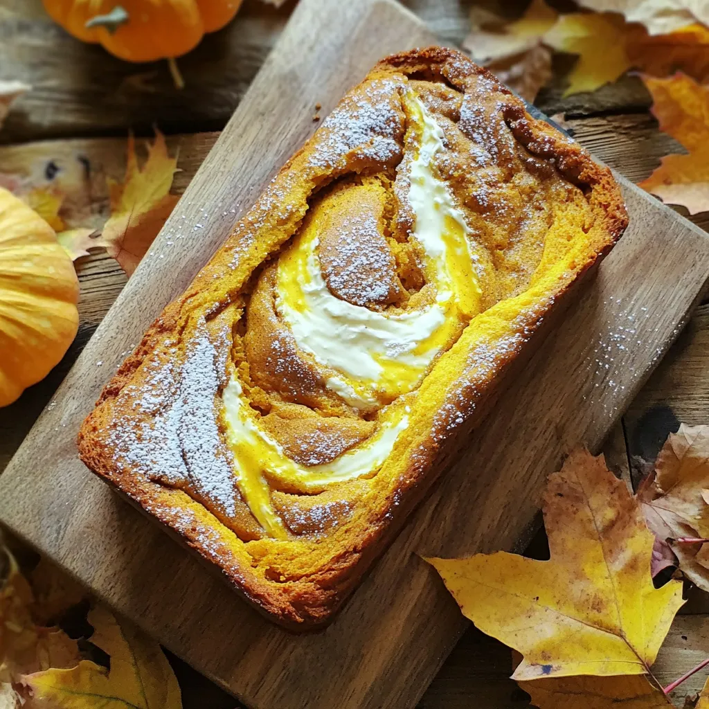 - 1 cup canned pumpkin puree - 1/2 cup vegetable oil - 1 cup granulated sugar - 2 large eggs - 1 teaspoon vanilla extract - 1 ½ cups all-purpose flour - 1 teaspoon baking soda - 1 teaspoon baking powder - 1 teaspoon ground cinnamon - 1/2 teaspoon ground nutmeg - 1/2 teaspoon ground ginger - 1/4 teaspoon ground cloves - 1/2 teaspoon salt - 8 oz cream cheese, softened - 1/4 cup powdered sugar - 1 teaspoon lemon juice - 1/2 teaspoon vanilla extract (for cream cheese) When you gather these ingredients, you set the stage for a delightful bake. The canned pumpkin puree brings a warm flavor, while the vegetable oil adds moisture. Granulated sugar enhances sweetness, and the eggs bind everything together. Don't forget the vanilla extract; it adds a lovely aroma. Next, the spices and baking essentials transform this bread into a seasonal treat. All-purpose flour gives structure, while baking soda and baking powder create a fluffy texture. The ground cinnamon, nutmeg, ginger, and cloves bring warmth and depth. A pinch of salt balances these flavors. For the cream cheese swirl, softened cream cheese makes it rich and creamy. Powdered sugar adds sweetness, and lemon juice brightens the mix. Use a splash of vanilla extract for extra flavor. Combining these will create that delicious swirl in your bread. Each bite will be a perfect mix of pumpkin and cream cheese. - Preheat oven and prepare loaf pan: Start by preheating your oven to 350°F (175°C). Next, take a 9x5 inch loaf pan and grease it well with cooking spray or butter. This step helps the bread come out easily after baking. - Mix wet ingredients in a bowl: In a large bowl, combine the canned pumpkin puree, vegetable oil, granulated sugar, eggs, and vanilla extract. Use a whisk to mix everything until smooth. This mixture gives the bread its rich flavor and moist texture. - Whisk together dry ingredients separately: In another bowl, whisk together the all-purpose flour, baking soda, baking powder, ground cinnamon, nutmeg, ginger, cloves, and salt. Mixing these dry ingredients well helps to evenly distribute the leavening agents and spices. - Gradually add dry ingredients to wet mixture: Slowly add the dry mixture to the wet pumpkin mix. Stir gently until just combined. Be careful not to overmix, as this can make the bread tough. A few lumps are okay! - Beat cream cheese with powdered sugar and lemon juice: In a separate bowl, beat the softened cream cheese with powdered sugar, lemon juice, and vanilla extract until smooth and creamy. This mixture adds a delicious tangy layer to your bread. - Layer pumpkin batter and cream cheese in the pan: Pour half of the pumpkin batter into your prepared loaf pan. Spread half of the cream cheese mixture over the batter. Then, add the remaining pumpkin batter on top, followed by the rest of the cream cheese mixture. This layering creates a beautiful swirl inside the bread. - Bake the bread and check doneness: Place the loaf pan in the oven and bake for 55 to 60 minutes. To check if it's done, insert a toothpick into the center. If it comes out clean, the bread is ready. If the top gets too brown, cover it with foil. - Cool and transfer to wire rack: Once baked, let the bread cool in the pan for about 10-15 minutes. Then, carefully transfer it to a wire rack to cool completely. This cooling step helps the bread set and makes it easier to slice. To bake a great spiced pumpkin cream cheese swirl bread, aim for a temperature of 350°F (175°C). Bake for 55 to 60 minutes. Check for doneness by inserting a toothpick into the center. If it comes out clean, it’s ready! Avoid overmixing your batter. Mix just until you see no dry flour. Overmixing can lead to tough bread. Dust the top of the cooled bread with powdered sugar for a lovely look. This adds a sweet touch and makes it more inviting. Pair your bread with whipped cream or maple syrup. Both options bring out the flavors and make each bite special. One risk is underbaking. If the bread is underbaked, it may be wet inside. This can lead to a soggy texture. Always ensure it’s fully baked. Swirling the cream cheese is key. If you do not swirl properly, it won’t mix well with the batter. Use a knife or skewer to make gentle swirls. This creates the beautiful marbled effect that makes this bread so appealing. {{image_2}} You can change the sugar type in this recipe for a different taste. Try brown sugar for a deeper flavor. Coconut sugar gives it a light caramel note. Oil is easy to swap too. Coconut oil adds a nice hint of coconut. Applesauce gives moisture and cuts fat, making it a healthier choice. For more texture and taste, add nuts like walnuts or pecans. Chocolate chips bring sweetness and fun. Dried fruit like cranberries also works well for a fruity twist. You can play with spices too. Add allspice or cardamom for a unique touch. A pinch of cayenne gives a spicy kick that surprises the taste buds. Making this bread gluten-free is simple! Just swap all-purpose flour with a gluten-free blend. Ensure it has a binding agent like xanthan gum for the right texture. For a vegan version, replace eggs with flax eggs or applesauce. You can use a plant-based cream cheese for the swirl. These swaps keep the flavor intact while catering to dietary needs. To keep your Spiced Pumpkin Cream Cheese Swirl Bread fresh, store it at room temperature. Wrap it in plastic wrap or place it in an airtight container. This helps keep the moisture in. It stays good for up to three days. If you want to enjoy it longer, consider refrigerating it. The cold will keep it fresh for about a week. If you want to save your bread for later, freezing is a great option. First, let the bread cool completely. Then, wrap it tightly in plastic wrap. After that, place it in a freezer bag or container. Label it with the date. You can freeze it for up to three months. When you are ready to eat, just thaw it in the fridge overnight. To enjoy your bread warm, preheat your oven to 350°F (175°C). Place slices on a baking sheet. Heat for about 10 minutes. You can also use a microwave. Heat slices for about 15 to 20 seconds. Be careful not to overheat. This keeps the bread soft and tasty. Enjoy your delightful treat! This bread lasts about 3 to 4 days at room temperature. Store it in a cool place. Wrap it in plastic wrap or foil to keep it fresh. If you want to keep it longer, place it in the fridge. In the fridge, it can last about a week. Just remember to wrap it well to avoid drying out. Yes, you can use fresh pumpkin. Start by choosing a sugar pumpkin for the best flavor. Cut it in half and remove the seeds. Roast the pumpkin halves at 350°F until soft, about 45 minutes. After cooling, scoop out the flesh. Blend it until smooth to get the same texture as canned puree. This fresh version adds a lovely taste to the bread. This bread is great on its own, but you can make it even better! Try adding a dollop of whipped cream. A drizzle of maple syrup makes it sweeter. Enjoy it with a cup of coffee or tea for a cozy breakfast. You can also serve it with fresh fruit like berries or slices of banana. Absolutely! To double the recipe, just use double the ingredients. Mix the wet and dry ingredients in larger bowls. You may need two loaf pans or bake in batches. Keep an eye on the baking time. It may take a few extra minutes, so check with a toothpick to ensure it’s done. Doubling it is a great way to share with friends! This blog post covered how to make Spiced Pumpkin Cream Cheese Swirl Bread. We discussed the main ingredients, spices, and essentials for a perfect loaf. You learned the step-by-step process for mixing, baking, and cooling. We shared valuable tips to avoid common mistakes and enhance flavor. Remember, this bread is versatile. You can change ingredients and make it your own. Enjoy baking and sharing this delicious treat!