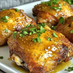 - 4 bone-in, skin-on chicken thighs - 1/4 cup honey - 1/4 cup Dijon mustard - 2 tablespoons olive oil - 1 teaspoon garlic powder - 1 teaspoon dried thyme - 1/2 teaspoon paprika - Salt and pepper to taste The main stars of this dish are the chicken thighs. They bring rich flavor and juicy texture. The skin crisps up nicely in the air fryer, adding great crunch. Honey and Dijon mustard create a sweet and tangy mix that coats the chicken perfectly. Olive oil helps the skin get crispy and golden. Garlic powder, dried thyme, and paprika add depth to the flavor. Don’t forget to add salt and pepper to make everything pop! - Fresh parsley for garnish - Additional spices for flavor enhancement If you want to brighten up the dish, fresh parsley works well as a garnish. It adds a lovely touch of color and freshness. You can also add more spices if you like. Try a pinch of cayenne for heat or herbs de Provence for a fragrant twist. Customize the recipe to fit your taste and impress your guests! - In a small bowl, whisk together: - 1/4 cup honey - 1/4 cup Dijon mustard - 2 tablespoons olive oil - 1 teaspoon garlic powder - 1 teaspoon dried thyme - 1/2 teaspoon paprika - Salt and pepper to taste This mix gives the chicken a sweet and tangy flavor. Make sure to combine it well. - Place the chicken thighs in a large bowl or a ziplock bag. Pour the honey mustard mixture over the chicken. Use your hands to coat each piece thoroughly. Let the chicken marinate for at least 30 minutes. If you have time, let it sit in the fridge for up to 2 hours. This step makes the chicken even tastier. - Preheat the air fryer to 380°F (190°C). This helps the chicken cook evenly and gets the skin nice and crispy. - Arrange the marinated chicken thighs in the air fryer basket. Place them skin-side up in a single layer. Do not overcrowd the basket. This allows for air to flow around the chicken, ensuring even cooking. - Air fry the chicken for 25-30 minutes. Flip the thighs halfway through. Check that the internal temperature reaches 165°F (75°C). The skin should be crispy and golden brown. - Once cooked, remove the chicken from the air fryer. Let it rest for 5 minutes before serving. - If you like, garnish with chopped fresh parsley before serving. This makes your dish look even more appealing. Air circulation is key for crispy skin. The air fryer cooks by blowing hot air around the food. This method helps fat render and skin crisp up. To prevent sogginess, do not overcrowd the air fryer basket. Give each piece space to breathe. You can also pat the skin dry with paper towels before cooking. This helps remove moisture and results in a crunchier texture. For the best flavor, I recommend marinating the chicken thighs for at least 30 minutes. If you have more time, try marinating for up to 2 hours in the fridge. This allows the honey, mustard, and spices to soak into the meat. To enhance flavor depth, consider adding a splash of apple cider vinegar or a pinch of cayenne pepper. These additions can elevate the taste and make your dish more exciting. Use a meat thermometer to check for doneness. Chicken thighs should reach an internal temperature of 165°F (75°C). This ensures they are safe to eat. You can also look for visual cues. The skin should be golden brown and crispy. The juices should run clear, not pink. If you see these signs, your chicken is ready to enjoy! {{image_2}} You can change up the honey mustard flavor. Try maple syrup instead of honey for a sweet twist. Use spicy mustard if you like heat. You can also mix in other flavors like soy sauce or balsamic vinegar. These will add depth to the dish. Adding unique spices can make a big difference. Try adding cumin or coriander for a warm touch. A dash of cayenne pepper will add heat. Blend in some herbs like rosemary or oregano for an earthy base. Get creative and make it your own! If you don’t have an air fryer, baking is an easy option. Preheat your oven to 400°F (200°C). Place the chicken on a baking sheet and cover it with foil for juicy meat. Bake for about 35-40 minutes, or until the chicken reaches 165°F (75°C). Grilling is another great choice for summer. Marinate your chicken as usual. Preheat your grill and cook the chicken on medium heat. Grill each side for about 7-8 minutes. This will give you nice grill marks and a smoky flavor. This dish pairs well with many sides. Serve it with roasted vegetables, mashed potatoes, or a fresh salad. Rice or quinoa are also great options for a filling meal. If you have leftovers, think outside the box! Shred the chicken for tacos or wraps. You could also add it to salads or grain bowls. It’s a versatile dish that keeps on giving! To store your leftover chicken thighs, place them in an airtight container. This keeps the chicken fresh and tasty. Make sure to cool the chicken to room temperature first. Store it in the fridge and eat it within 3 to 4 days for the best flavor. If you want to keep it longer, try freezing. To freeze cooked chicken thighs, wrap each piece tightly in plastic wrap. Then, place them in a freezer bag. This helps prevent freezer burn. You can store them in the freezer for up to 3 months. When you’re ready to eat, let the chicken thaw in the fridge overnight. To reheat, place the chicken in the air fryer at 350°F (175°C) for about 10-15 minutes. This keeps the chicken crisp and juicy. Air fryer honey mustard chicken thighs work great for meal prep. You can pair them with rice, veggies, or salad. These options add color and nutrition to your meals. Cut the chicken into strips for easy serving. Use meal prep containers to keep everything organized. This way, you have tasty meals ready for the week. Cook chicken thighs in the air fryer for 25-30 minutes at 380°F (190°C). Flip them halfway through for even cooking. Always check that the internal temperature reaches 165°F (75°C). This ensures the chicken is both safe to eat and juicy. Yes, you can use boneless chicken thighs. They cook faster than bone-in thighs. Adjust the cooking time to about 20-25 minutes at the same temperature. Keep an eye on doneness with a meat thermometer. Pair honey mustard chicken thighs with simple sides. Here are some tasty options: - Mashed potatoes - Steamed broccoli - Rice pilaf - Roasted vegetables - Salad with a light vinaigrette These sides balance the rich flavors of the chicken. To boost flavor, marinate the chicken longer. Aim for at least 30 minutes, but two hours is better. You can also swap Dijon mustard for whole grain mustard for a different taste. Adding a splash of apple cider vinegar can enhance tanginess. These tweaks make your dish shine even brighter! This blog post provided a clear guide on making honey mustard chicken thighs. We covered the key ingredients, from bone-in chicken to the honey and Dijon mix. I shared step-by-step instructions and helpful tips for crispy skin. You learned about variations and how to store leftovers safely. Remember, with the right techniques, you can elevate your meals easily. Enjoy exploring these methods and make this dish your own!