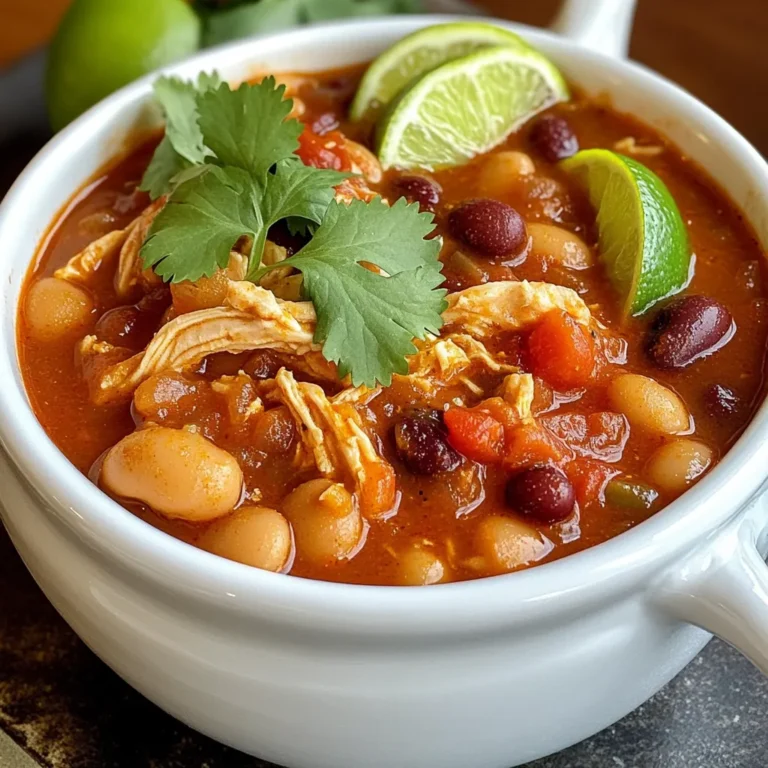 - 1 lb boneless, skinless chicken thighs, diced - 1 can (15 oz) black beans, drained and rinsed - 1 can (15 oz) kidney beans, drained and rinsed - 1 can (28 oz) crushed tomatoes The main ingredients form the heart of this chili. I love using chicken thighs because they stay juicy and tender. The black beans and kidney beans add protein and texture. Crushed tomatoes give a rich base and a nice depth of flavor. - 1-2 chipotle peppers in adobo sauce, minced (adjust for spice level) - 1 tablespoon adobo sauce from the chipotle can - 1 teaspoon smoked paprika - 1 teaspoon ground cumin - Fresh cilantro, for garnishing - Lime wedges, for serving For flavor, I use chipotle peppers in adobo sauce. They add a smoky kick. Smoked paprika and ground cumin deepen the taste. Fresh cilantro brightens the dish, while lime juice adds zest. - 1 bell pepper (red or green), diced - Seasonings for personal taste Diced bell peppers give a nice crunch and sweetness. You can adjust seasonings based on your taste. Feel free to add garlic, onion, or even some hot sauce for extra heat. First, gather all your ingredients. Start by dicing 1 pound of boneless, skinless chicken thighs into small pieces. This helps the chicken cook evenly and absorb flavors. Next, dice one medium onion and one bell pepper. You can choose red or green, based on your taste. Now, mince three cloves of garlic. This adds a strong, rich flavor to your chili. For a smoky kick, mince 1-2 chipotle peppers in adobo sauce. Adjust the amount based on how spicy you want your chili. Don’t forget to scrape out some adobo sauce from the chipotle can as well! Now it’s time to layer your slow cooker. Start by placing the diced chicken thighs at the bottom. This allows the juices to soak into the chicken as it cooks. Next, layer in the drained black beans and kidney beans. Pour the 28-ounce can of crushed tomatoes on top. Then, add the diced onion, minced garlic, and bell pepper. Stir in the minced chipotle peppers, adobo sauce, smoked paprika, and ground cumin. These ingredients blend well, creating a rich, smoky flavor. Finally, pour in 2 cups of chicken broth. This keeps everything moist while cooking. Set your slow cooker to low for 6-8 hours or high for 3-4 hours. Cooking on low makes the chicken very tender. When the time is up, check that the chicken is cooked through. Use two forks to shred the chicken right in the pot. Mix it all well to combine. Before serving, taste your chili. Adjust salt and pepper if needed. This ensures your chili has the perfect flavor. Enjoy your savory creation! Managing the heat in your chili is key. Chipotle peppers give a smoky flavor and heat. Start with one pepper and taste. If you want more spice, add another. You can also try other spices. Cumin can add warmth without too much heat. Smoked paprika brings depth without the burn. For the best results, follow the cooking times closely. Cook on low for 6 to 8 hours for tender chicken. If you’re short on time, cook on high for 3 to 4 hours. To ensure your chicken is tender, check it before serving. It should shred easily with two forks. Garnishing makes your chili look nice. Top each bowl with fresh cilantro and a squeeze of lime. For extra texture, add corn tortilla strips or avocado slices. Pair your chili with cornbread or a green salad for a full meal. Enjoy the mix of flavors and textures! {{image_2}} You can change the beans in the chili to match your taste. Try pinto beans or even white beans. Each type brings a unique flavor and texture. For a healthier option, swap the chicken thighs for chicken breasts. Chicken breasts have less fat and will still taste great. You can also use shredded turkey if you prefer. Adding veggies can make your chili even better. Corn adds sweetness, while zucchini gives a nice crunch. Both options bring fresh flavors to the dish. If you want a vegetarian version, leave out the chicken. Use extra beans or add lentils instead. This keeps it filling and tasty. You can also make this chili on the stovetop. Just sauté the onions and garlic first. Then add all ingredients and simmer for about 30 minutes. For a quick meal, use an Instant Pot. Cook on high pressure for 20 minutes. This cuts cooking time but still gives you a rich flavor. If you are in a hurry, use canned beans and pre-cooked chicken. Just mix everything in the slow cooker for a quick meal. After enjoying your chili, store leftovers properly. You can refrigerate or freeze them. - Refrigerating: Use an airtight container. Store in the fridge for up to four days. - Freezing: Use freezer-safe bags or containers. This keeps it fresh for up to three months. To enjoy your leftover chili, reheat it well. Here are some methods: - Stovetop: Pour the chili into a pot. Heat over medium until hot. Stir often. - Microwave: Place chili in a microwave-safe bowl. Cover and heat in short bursts. Stir between rounds. To avoid losing texture and flavor, do not overheat. Stir gently to keep everything intact. Chili can last for a while if stored right. - In the fridge: Enjoy it within four days. - In the freezer: Use it within three months for best taste. Check for spoilage signs before eating. Look for off smells or unusual colors. If it seems off, throw it out. Yes, you can use frozen chicken! Just add the frozen chicken thighs to the slow cooker first. Make sure to increase the cooking time. Cook on low for about 8-10 hours or on high for 4-6 hours. Check that the chicken reaches 165°F before serving. Once cooked, shred the chicken and mix it back into the chili. To add more heat, try these tips: - Use extra chipotle peppers in adobo sauce. - Add a pinch of cayenne pepper or crushed red pepper flakes. - Stir in some diced jalapeños for fresh heat. - Mix in hot sauce to your taste. Start with small amounts and add more as needed. This way, you can find the heat level you love. This chili pairs well with several side dishes and toppings: - Serve with cornbread for a sweet touch. - Add tortilla chips for crunch. - Top with shredded cheese, sour cream, or Greek yogurt. - Fresh avocado slices enhance creaminess. - Fresh cilantro and lime juice brighten the flavors. These additions will make your meal even more enjoyable! This blog post covered how to make Smoky Chipotle Chicken Chili in a slow cooker. We started with the main ingredients, like diced chicken and beans, and added flavor enhancers like chipotle peppers. I shared step-by-step instructions, tips for adjustments, and variations to try. In conclusion, this recipe is both easy and tasty. You can customize it to fit your taste. Enjoy making this flavorful dish and sharing it with friends and family. Happy cooking!