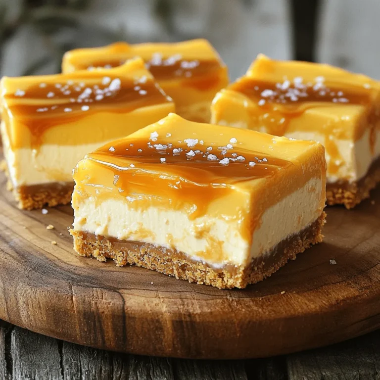 - 1 ½ cups graham cracker crumbs - ½ cup unsalted butter, melted - 2 cups cream cheese, softened - 1 cup powdered sugar - 1 teaspoon vanilla extract - 1 cup heavy cream - 1 cup caramel sauce - ½ teaspoon sea salt These ingredients create the base of our no bake salted caramel cheesecake bars. The graham cracker crumbs make a crunchy base, and the melted butter helps hold it together. Cream cheese gives this dessert its rich flavor. The powdered sugar adds sweetness, while vanilla extract enhances the taste. The heavy cream creates a light and fluffy texture. Lastly, the caramel sauce and sea salt balance sweetness with a touch of saltiness. - Extra sea salt for topping - Additional caramel sauce for drizzling These garnishes add a special touch. A sprinkle of sea salt on top brings out the flavors even more. Drizzling extra caramel sauce makes the bars look beautiful and taste even better. You can make your bars unique with these optional toppings. First, grab a medium bowl. In it, mix 1 ½ cups of graham cracker crumbs with ½ cup of melted unsalted butter. Stir until it looks like wet sand. Next, press this mixture into a lined 9x9 inch square pan. Make sure it's even and compact. This crust will hold everything together, so press firmly. Set the pan in the fridge to chill while you make the filling. In a large mixing bowl, take 2 cups of softened cream cheese. Beat it until it's smooth and creamy. Then, slowly add in 1 cup of powdered sugar and 1 teaspoon of vanilla extract. Keep beating until everything is mixed well. This filling should be thick and sweet, perfect for our bars. Now, it’s time for the heavy cream. In a separate bowl, whip 1 cup of heavy cream until stiff peaks form. This means it should hold its shape well. Gently fold this whipped cream into the cream cheese mixture. Do it slowly to keep that light and fluffy texture. Pour half of the cheesecake filling over the chilled crust. Spread it out evenly. Then, drizzle half of the 1 cup of caramel sauce over this layer. Next, add the rest of the cheesecake mixture on top. Smooth it out with a spatula. Take the remaining caramel sauce and drizzle it on top of the cheesecake layer. Sprinkle ½ teaspoon of sea salt evenly over the caramel. Use a knife to gently swirl it. This will give your bars a beautiful marbled look. Cover the pan with foil or plastic wrap. Place it in the fridge for at least 4 hours. This step is key for the bars to set properly. After chilling, remove them from the pan using the edges of the parchment paper. Cut them into bars and serve chilled. Enjoy your delicious no-bake salted caramel cheesecake bars! To make great cheesecake bars, start with the cream cheese. It must be soft. Cold cream cheese will not blend well. Leave it out for an hour before mixing. This helps create a smooth filling. Next, be gentle when mixing. After you whip the cream, fold it in slowly. This keeps the air inside, making your bars light and fluffy. Over-mixing can ruin that texture. When it's time to serve, add some extra caramel drizzle. It adds a lovely touch on top. You can also pair these bars with fresh fruit. Berries work well with the sweet caramel. Whipped cream is another tasty option. It balances the rich flavors. Presentation matters. Arrange the bars on a nice platter. A clean look makes your dessert shine. Use a sharp knife for cutting. Clean cuts help each bar look neat. This small detail can impress your guests. {{image_2}} You can change the flavor of your cheesecake bars easily. If you want a mocha twist, add some chocolate to the mix. Just fold in cocoa powder or melted chocolate when you mix the cream cheese. This will give your bars a rich, chocolatey flavor that pairs well with caramel. You can also try different extracts. Almond or hazelnut extract adds a nice touch. Just remember, a little goes a long way! Want to switch up the crust? Try using Oreo cookies instead of graham crackers. Just crush them up and mix with melted butter. This gives a fun, chocolatey base. For those who need a gluten-free option, crushed nuts work great too. Almonds or pecans can add a nice crunch and flavor. Toppings can take your cheesecake bars to the next level. Consider adding crushed nuts for extra texture. Chopped pecans or walnuts work well. You can also sprinkle chocolate shavings on top for a sweet finish. If you love fruit, try berries like strawberries or raspberries. They add a fresh burst of flavor and look beautiful on the bars. To keep your cheesecake bars fresh, store them in the refrigerator. Place them in an airtight container. This helps maintain their creamy texture. You can also cover them with plastic wrap. They will stay good for up to five days in the fridge. If you want to save some for later, freezing is a great option. Wrap each bar tightly in plastic wrap. Then place them in a freezer-safe bag. They can last for up to three months in the freezer. When you’re ready to enjoy them, take a bar out. Let it thaw in the fridge overnight for best results. Always check your cheesecake bars before eating. If you see any discoloration, it’s a sign they may be bad. A sour smell is another indicator that they shouldn’t be eaten. If the texture feels off or slimy, it’s best to throw them away. Always prioritize your health over waste. Yes, you can make these bars dairy-free. Use dairy-free cream cheese and coconut cream instead of heavy cream. For the butter, choose a plant-based option. This way, you can enjoy a creamy treat without dairy. Chill the bars for at least 4 hours. This helps them set properly. If you skip this step, the bars may fall apart when you cut them. A good chill makes them firm and delicious. Absolutely! Homemade caramel adds a personal touch. To make it, melt sugar over low heat until golden. Stir in cream and butter for a rich flavor. Let it cool before drizzling over your cheesecake bars. These bars pair well with fresh fruit like berries or sliced bananas. Serve with whipped cream for extra creaminess. A scoop of vanilla ice cream makes a great addition too. Enjoy with a hot cup of coffee or tea! You can create delicious no-bake salted caramel cheesecake bars with just a few key ingredients. We covered everything from making the crust to adding optional garnishes. Remember to chill them well for the best taste. Try new flavors or toppings to make it your own. With simple steps and tips, you can impress your guests. Enjoy these sweet treats at your next gathering or just for yourself. Make baking fun, and savor every bite!